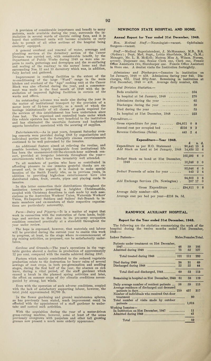 A provision of considerable importance and benefit to many patients, made available during the year, surrounds the in¬ stallation in several wards of electric ceiling fans, and it is hoped that additional units will become available at early date to permit of all other sections of the hospital being similarly equipped. A general overhaul and renewal of water, sewerage and plumbing services at the dormitory section of the Cancer Division was carried out, with considerable benefit, by the Department of Public Works during 1948 as were also re¬ pairs to roofs, gutterings and downpipes and the re-surfacing and sealing of the roadway to the nurses’ home and _ that surrounding Nos. 12 and 13 “dormitory which was, in addition, fully kerbed and guttered. Improvement in cooking facilities to the extent of the re-conditioning of the large “Ward’ range in the main kitchen and overhaul of the “Aga” cooking unit at the Cancer Block was also effected during the year, and a. commence¬ ment was made in the final month of 1948 with the in¬ stallation of improved lighting facilities in certain of the wards and offices. An outstanding advance was made also during the yeai in the matter of institutional transport by the provision of a motor lorry of 3^-tons capacity, as a result of which the haulage institutionally of all classes of goods required for the services of this establishment has been undertaken since June last. The organised and controlled basis under which this vehicle operates has been very beneficial to the institution and has eliminated the uncertain features and haphazard aspects heretofore associated with the securing of supplies. Entertainments.—As in past years, frequent Saturday even¬ ing concerts were provided during 1948 by organisations and individual parties and the fortnightly cinema entertainments continued to be well patronised by the inmates. An additional feature aimed at relieving the routine, and possible boredom, largely inseparable from institutional life has been the unannounced-till-the-eleventh-hour midweek con¬ cert, provided at irregular intervals throughout the year— entertainments which have been invariably well attended. To all members of parties who have so contributed in affording pleasure to our inmates grateful thanks are ex¬ pressed and, in this regard, it is desired to make special mention of the Smith Family who, as in previous years, in addition to providing high-class entertainment have also distributed cakes, fruit, sweets, pipes and playing cards to inmates. In this latter connection their distributions throughout the institution towards promoting a brighter Christmastide, coupled with Christmas donations in cash made by such asso¬ ciations as the Australian Workers’ Union, Waterside Workers’ Union, Ex-Imperial Soldiers and Sailors’ Sub-Branch to in¬ mate members and ex-members of their respective organisa¬ tions are particularly noteworthy. Farm—Dairy and Piggery.—It is a matter of regret that work in connection with the restoration of farm lands, build¬ ings and services in that area to its pre-army occupation condition remained practically at a standstill throughout the year under review. The hope is expressed, however, that materials and labour will be provided during the current year to enable this work to progress, at least, to the stage where re-commencement of pig raising activities, as proposed, can be satisfactorily under¬ taken. Gardens and Grounds.—The year’s operations in the vege¬ table garden showed a decline in production of approximately 12 per cent, compared with the results achieved during 1947. Factors which mainly contributed to the reduced vegetable production relate to the destruction by heavy rains of several sowings of root crops, in both pre-germination and seedling stages, during the first half of the year, the absence on sick leave, during a vital period, of the staff gardener which caused a break in the planned spring activities and later, the effect on summer crops of dry climatic conditions accom¬ panied by strong, hot winds. Even with the operation of such adverse conditions, coupled with the lack of satisfactory supporting labour, however, the total yield approximated 50,700 lb. In the flower gardening and ground maintenance spheres, as has previously been stated, much improvement could be effected with the appointment of a staff gardener to under¬ take and control such activities. With the acquisition during the year of a motor-driven grass-cutting machine, however, some at least of the areas previously overgrown with paspalum and other tall growing grasses now present a much more orderly appearance. NEWINGTON STATE HOSPITAL AND HOME. Annual Report for Year ended 31st December, 1948. Eon. Medical Staff.—Neurologist—vacant. Ophthalmic Surgeon—vacant. Staff.—Medical Superintendent, J. MeManamey, M.B., B.S. (Sydney); Dept. Med. Supt., Lottie Sharfstein, M.B., Ch.M.; Manager, Mr. L. R. McKell; Matron Miss A. Wilson. Nurses, seventy. Dispenser one, Senior Clerk one, Clerk one, Female Office Assistants two, Storekeeper one. Female Office Assistant in Store one. A dentist visits the Institution fortnightly. Admissions and Discharges.—Inmates in institution on 1st January, 1948 = 459. Admissions during year 643. Dis¬ charges, 632. Died fifty-four. Remaining in institution at 31st December, 1948 = 416. Average daily number, 438. Hospital Division Statistics.— Beds available . 334 In hospital at 1st January, 1948 . 270 Admissions during the year . 65 Discharges during the year . 59 Died during the year . 53 In hospital at 31st December, 1948 . 223 Expenditure.— Gross expenditure for year . £94,811 0 8 Annual cost per occupied bed . £216 9 3 Revenue Collections (Sales) . 443 2 4 Expenditure—Year 1948. £ s. d. Expenditure as per H.O. Statement . 90,441 13 6 Add Stock on hand at 1st January, 1948 14,850 12 6 Deduct Stock on hand at 31st December, 1948 10,246 0 0 95,046 6 0 Deduct Proceeds of sales for year . 443 2 4 94,603 3 8 Add Exchange Services (Dr. Newington) . 207 17 0 Gross Expenditure . £94,811 0 8 Average daily number—438. Average cost per bed per year—£216 9s. 3d. RANDWICK AUXILIARY HOSPITAL. Report for the Year ended 31st December, 1948. The following are the statistics summarising the work of the hospital during the twelve months ended 31st December, 1948:— Indoor Patients— Males.Females.Total. Patients under treatment on 31st December, 1947. 46 59 105 Adnlitted during 1948 75 52 127 Total treated during 1948 . 121 111 232 Died during 1948 . 38 31 69 Discharged during 1948 . 22 22 44 Total died and discharged, 1948. 60 53 113 Remaining in hospital on 31st December, 1948 61 58 119 Daily average number of resident patients ... 56 59 115 Average residence of discharged and deceased patients in days. 210 437 317 Number of individuals who received Out-door treatment . 80 Total number of visits nlade by outdoor patients . 1,018 Working Inmates— In Institution on 31st December, 1947 11 Admitted during 1948 . 41 Total . 52