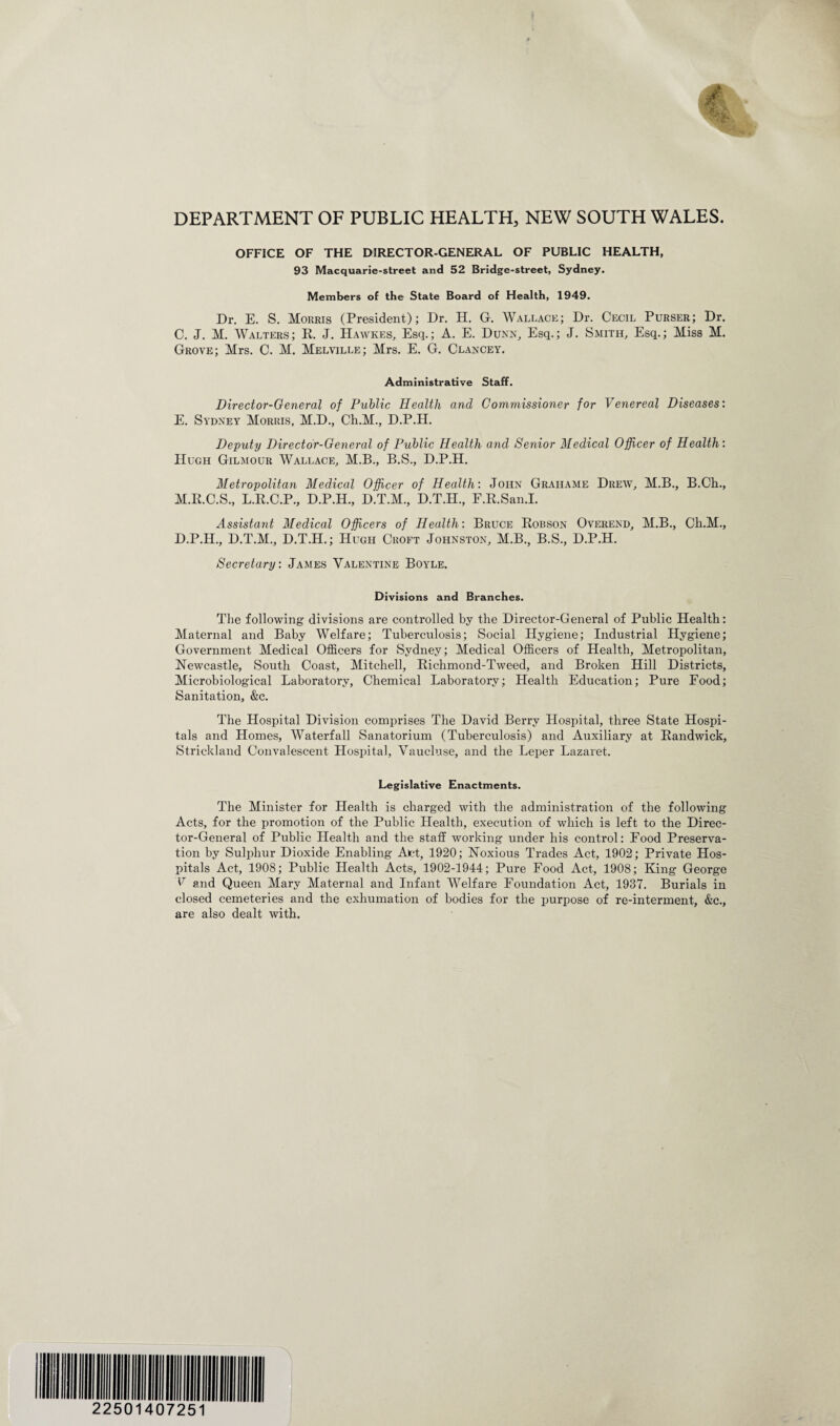 DEPARTMENT OF PUBLIC HEALTH, NEW SOUTH WALES. OFFICE OF THE DIRECTOR-GENERAL OF PUBLIC HEALTH, 93 Macquarie-street and 52 Bridge-street, Sydney. Members of the State Board of Health, 1949. Dr. E. S. Morris (President); Dr. H. G. Wallace; Dr. Cecil Purser; Dr. C. J. M. Walters; R. J. Hawkes, Esq.; A. E. Dunn, Esq.; J. Smith, Esq.; Miss M. Grove; Mrs. C. M. Melville; Mrs. E. G. Clancey. Administrative Staff. Director-General of Public Health and Commissioner for Venereal Diseases: E. Sydney Morris, M.D., Ch.M., D.P.H. Deputy Director-General of Public Health and Senior Medical Officer of Health: Hugh Gilmour Wallace, M.B., B.S., D.P.H. Metropolitan Medical Officer of Health: John Grahame Drew, M.B., B.Ch., M.R.C.S., L.R.C.P., D.P.H., D.T.M., D.T.H., F.R.San.I. Assistant Medical Officers of Health: Bruce Robson Overend, M.B., Ch.M., D. P.H., D.T.M., D.T.H.; Hugh Croft Johnston, M.B., B.S., D.P.H. Secretary: James Valentine Boyle. Divisions and Branches. The following divisions are controlled by the Director-General of Public Health: Maternal and Baby Welfare; Tuberculosis; Social Hygiene; Industrial Hygiene; Government Medical Officers for Sydney; Medical Officers of Health, Metropolitan, Newcastle, South Coast, Mitchell, Richmond-Tweed, and Broken Hill Districts, Microbiological Laboratory, Chemical Laboratory; Health Education; Pure Food; Sanitation, &c. The Hospital Division comprises The David Berry Hospital, three State Hospi¬ tals and Homes, Waterfall Sanatorium (Tuberculosis) and Auxiliary at Randwick, Strickland Convalescent Hospital, Vaucluse, and the Leper Lazaret. Legislative Enactments. The Minister for Health is charged with the administration of the following Acts, for the promotion of the Public Health, execution of which is left to the Direc¬ tor-General of Public Health and the staff working under his control: Food Preserva¬ tion by Sulphur Dioxide Enabling Afct, 1920; Noxious Trades Act, 1902; Private Hos¬ pitals Act, 1908; Public Health Acts, 1902-1944; Pure Food Act, 1908; King George V and Queen Mary Maternal and Infant Welfare Foundation Act, 1937. Burials in closed cemeteries and the exhumation of bodies for the purpose of re-interment, &c., are also dealt with.