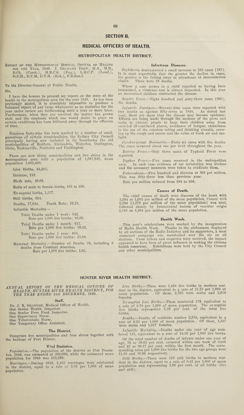 SECTION II. MEDICAL OFFICERS OF HEALTH. METROPOLITAN HEALTH DISTRICT. Report of the Metropolitan Medical Officer of Health for the Year, 1949. J. Grahame Drew, M.A., M.B., B.Ch. (Camb.), M.R.C.S. (Eng.), L.R.C.P. (Lond.), D.P.H., D.T.M, D.T.H. (8yd.), F.R.San.I. To the Director-General of Public Health. Sir, I have the honour to present my report on the state of the health in the metropolitan area for the year 1949. As has been previously stated, it is absolutely impossible to produce a balanced report of any value whatsoever as no statistics for the year under review are forthcoming until a year or more later. Furthermore, when they are received the matter has grown stale and the emphasis which one would desire to place on certain conditions has been frittered away through the effluxion of time. Nineteen forty-nine lias been marked by a number of amal¬ gamations of certain municipalities, the Sydney City Council principally having now included in its boundaries the old municipalities of Redfern, Alexandria, Waterloo, Darlington, Glebe, Erskineville, Newtown and Paddington. There are now thirty municipalities and two shires in the metropolitan area with a population of 1,687,840, mean population 1,663,400. Live Births, 33,295. Increase, 213. Birth rate, 20.02. Ratio of male to female births, 105 to 100. Ex-nuptial births, 1,577. Still births, 594. Deaths, 17,044. Death Rate: 10.25. Infantile Mortality- Total Deaths under 1 week: 542. Rate per 1,000 live births: 16.28. Total Deaths under 1 month: 617. Rate per 1,000 live births: 18.53. Total Deaths under 1 year: 855. Rate per 1,000 live births: 25.68. Maternal Mortality.—Number of Deaths 36, including 9 deaths from Criminal Abortion. Rate per 1,000 live births: 1.92. Infectious Diseases. Diphtheria demonstrated a small increase to 233 cases (187). It is most regrettable that the greater the decline in cases, the greater is the falling away in attendance at immunization clinics. There were 19 deaths. Where a case occurs in a child reported as having been immunized, a virulence test is always requested. In this year no immunized children contracted the disease. Scarlet Fever.—Eight hundred and sixty-three cases (805). No deaths. Infantile Paralysis.—Seventy-nine cases were reported with two deaths as against fifty-seven in 1948. As stated last year, there are signs that the disease may become epidemic. Efforts are being made through the medium of the press and radio to educate people to keep their children away from crowded ill-ventilated places, avoidance of fatigue, cleanliness in the use of the common eating and drinking utensils, cover¬ ing up the cough and sneeze and the value of fresh air and sun¬ light. Cerebrospinal Meningitis.—Forty-six cases with five deaths. The cases occurred about one per week throughout the year. Enteric Fever.-—Only three cases of Typhoid Fever were reported. Typhus Fever.—Five cases occurred in the metropolitan area. In each case evidence of rat infestation was obvious and the necessary measures were taken to eradicate them. Tuberculosis.—Five hundred and thirteen or 308 per million. This was fifty-three less than previous year. Rate per million reduced from 384 to 308. Causes of Death. The chief causes of death were diseases of the heart with 5,994 or 3,603 per million of the mean population, Cancer with 2,294 (1,379 per million of the mean population) was next, followed closely by Intracranial lesions of vascular origin 2,103 or 1,264 per million of the mean population. Health Week. This year’s celebrations were marked by the inauguration of Radio Health Week. Thanks to the enthusiasm displayed by all sections of the Radio Industry and its supporters, a most sustained campaign was maintained over the air on all stations. From letters and enquiries later received, the impact appeared to have been of great influence in making the citizens health conscious. Exhibitions were held by the City Council and other municipalities. HUNTER RIVER HEALTH DISTRICT. ANNUAL REPORT OF THE MEDICAL OFFICER OF HEALTH, HUNTER RIVER HEALTH DISTRICT, FOR THE YEAR ENDED 31st DECEMBER, 1949. Staff. Dr. J. R. Shannon, Medical Officer of Health. One Senior Health Inspector. One Senior Pure Food Inspector. One Supervisory Nurse. One Tuberculosis Nurse. One Temporary Office Assistant. The District. Comprises five municipalities and four shires together with the harbour of Port Hunter. Vital Statistics. Population.—The population of the district at 31st Decem¬ ber, 1949, was estimated at 262,090, while the estimated mean population for 1949 was 255,280. Marriages.—During 1949, 2,432 marriages were celebrated in the district, equal tp a rate of 9,53 per 1,000 of mean population. Live Births.—There were 5,424 live births to mothers resi¬ dent in the district, equivalent to a rate of 21.25 per 1,000 of mean population. Of these, 2,765 were males and 2,659 females. Ex-nuptial Live Births.—These numbered 178, equivalent to a rate of 0.70 per 1,000 of mean population. The ex-nuptial live births represented 3.28 per cent, of the total live births. Deaths.-—Deaths of residents number 2,354, equivalent to a rate of 9.22 per 1,000 of mean population. Of these, 1,337 were males and 1,017 females. Infantile Mortality.—Deaths under one year of age num¬ bered 133, equivalent to a rate of 24.52 per 1,000 live births. Of the total number of deaths of infants under one year of age, 78 or 58.65 per cent, occurred within one week of birth and' 92 or 69.17 per cent, within the first month. The corre¬ sponding rates per 1,000 live births for the two age groups were 14.38 and 16.96 respectively. Still Births.—There were 110 still births to mothers resi¬ dent in the district, equal to a rate of 0.43 per 1,000 of mean population and representing 1.99 per cent, of all births (live and still).