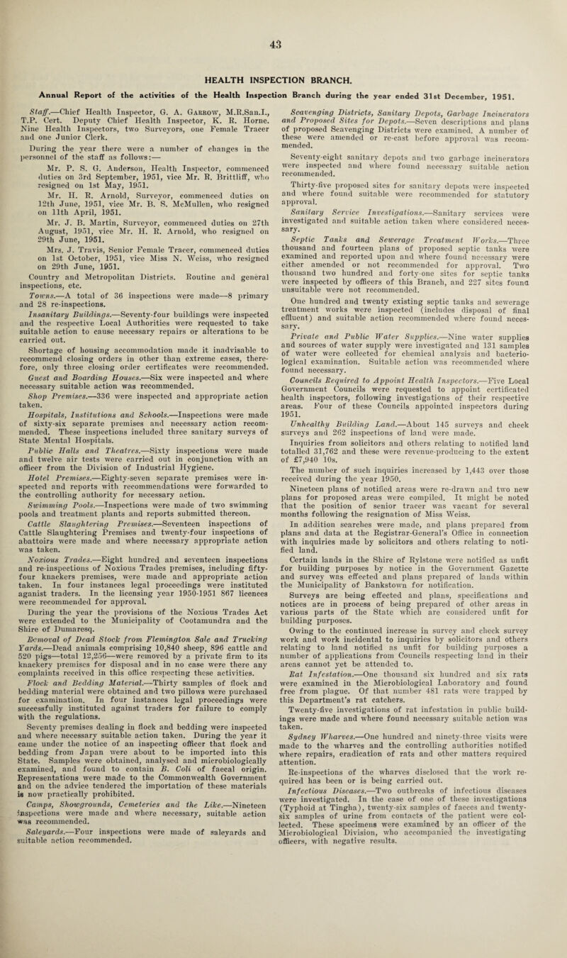 HEALTH INSPECTION BRANCH. Annual Report of the activities of the Health Inspection Branch during the year ended 31st December, 1951. Staff.—Chief Health Inspector, G. A. Garrow, M.R.San.1., T.P. Cert. Deputy Chief Health Inspector, K. R. Horne. Nine Health Inspectors, two Surveyors, oue Female Tracer and one Junior Clerk. During the year there were a number of changes in the personnel of the staff as follows:— Mr. P. S. G. Anderson, Health Inspector, commenced duties on 3rd September, 1951, vice Mr. R. Brittliff, who resigned on 1st May, 1951. Mr. H. R. Arnold, Surveyor, commenced duties on 12th June, 1951, vice Mr. B. S. McMullen, who resigned on 11th April, 1951. Mr. J. B. Martin, Surveyor, commenced duties on 27tli August, 1951, vice Mr. H. R. Arnold, who resigned on 29th June, 1951. Mrs. J. Travis, Senior Female Tracer, commenced duties on 1st October, 1951, vice Miss N. Wei3s, who resigned on 29th June, 1951. Country and Metropolitan Districts. Routine and general inspections, etc. Towns.—A total of 36 inspections were made—8 primary and 28 re-inspections. Insanitary Buildings.—Seventy-four buildings were inspected and the respective Local Authorities were requested to take suitable action to cause necessary repairs or alterations to be carried out. Shortage of housing accommodation made it inadvisable to recommend closing orders in other than extreme cases, there¬ fore, only three closing order certificates were recommended. Guest and Boarding Houses.—Six were inspected and where necessary suitable action was recommended. Shop Premises.—336 were inspected and appropriate action taken. Hospitals, Institutions and Schools.—Inspections were made of sixty-six separate premises and necessary action recom¬ mended. These inspections included three sanitary surveys of State Mental Hospitals. Public Halls and Theatres.—Sixty inspections were made and twelve air tests were carried out in conjunction with an officer from the Division of Industrial Hygiene. Hotel Premises.—Eighty-seven separate premises were in¬ spected and reports with recommendations were forwarded to the controlling authority for necessary action. Swimming Pools.—Inspections were made of two swimming pools and treatment plants and reports submitted thereon. Cattle Slaughtering Premises.—Seventeen inspections of Cattle Slaughtering Premises and twenty-four inspections of abattoirs were made and where necessary appropriate action was taken. Noxious Trades.—Eight hundred and seventeen inspections and re-inspections of Noxious Trades premises, including fifty- four knackers premises, were made and appropriate action taken. In four instances legal proceedings were instituted aganist traders. In the licensing year 1950-1951 867 licences were recommended for approval. During the year the provisions of the Noxious Trades Act were extended to the Municipality of Cootamundra and the Shire of Dumaresq. Removal of Head Stock from Flemington Sale and Trucking Yards.—Dead animals comprising 10,840 sheep, 896 cattle and 520 pigs—total 12,256—were removed by a private firm to its knackery premises for disposal and in no case were there any complaints received in this office respecting these activities. Flock and Bedding Material.—Thirty samples of flock and bedding material were obtained and two pillows were purchased for examination. In four instances legal proceedings were successfully instituted against traders for failure to comply with the regulations. Seventy premises dealing in flock and bedding were inspected and where necessary suitable action taken. During the year it came under the notice of an inspecting officer that flock and bedding from Japan were about to be imported into this State. Samples were obtained, analysed and microbiologically examined, and found to contain B. Coli of faecal origin. Representations were made to the Commonwealth Government and on the advice tendered the importation of these materials is now practically prohibited. Camps, Showgrounds, Cemeteries and the Like.—Nineteen inspections were made and where necessary, suitable action was recommended. Saleyards.—Four inspections were made of saleyards and suitable action recommended. Scavenging Districts, Sanitary Depots, Garbage Incinerators and Proposed Sites for Depots.—Seven descriptions and plans of proposed Scavenging Districts were examined. A number of these were amended or re-cast before approval was recom¬ mended. Seventy-eight sanitary depots and two garbage incinerators were inspected and where found necessary suitable action recommended. Thirty-five proposed sites for sanitary depots were inspected and where found suitable were recommended for statutory approval. Sanitary Service Investigations.—Sanitary services were investigated and suitable action taken where considered neces¬ sary. Septic Tanks and Sewerage Treatment Works.—Three thousand and fourteen plans of proposed septic tanks were examined and reported upon and where found necessary were either amended or not recommended for approval. Two thousand two hundred and forty-one sites for septic tanks were inspected by officers of this Branch, and 227 sites found unsuitable were not recommended. One hundred and twenty existing septic tanks and sewerage treatment works were inspected (includes disposal of final effluent) and suitable action recommended where found neces¬ sary. Private and Public Water Supplies.—Nine water supplies and sources of water supply were investigated and 131 samples of Avater were collected for chemical analysis and bacterio¬ logical examination. Suitable action was recommended where found necessary. Councils Required to Appoint Health Inspectors.—Five Local Government Councils were requested to appoint certificated health inspectors, following investigations of their respective areas. Four of these Councils appointed inspectors during 1951. Unhealthy Building Land.—About 145 surveys and check surveys and 262 inspections of land were made. Inquiries from solicitors and others relating to notified land totalled 31,762 and these were revenue-producing to the extent of £7,940 10s. The number of such inquiries increased by 1,443 over those received during the year 1950. Nineteen plans of notified areas were re-drawn and two new plans for proposed areas were compiled. It might be noted that the position of senior tracer was vacant for several months following the resignation of Miss Weiss. In addition searches were made, and plans prepared from plans and data at the Registrar-General’s Office in connection with inquiries made by solicitors and others relating to noti¬ fied land. Certain lands in the Shire of Rylstone were notified as unfit for building purposes by notice in the Government Gazette and survey was effected and plans prepared of lands within the Municipality of Bankstown for notification. Surveys are being effected and plans, specifications and notices are in process of being prepared of other areas in various parts of the State which are considered unfit for building purposes. Owing to the continued increase in survey and check survey work and work incidental to inquiries by solicitors and others relating to land notified as unfit for building purposes a number of applications from Councils respecting land in their areas cannot yet be attended to. Rat Infestation.—One thousand six hundred and six rats were examined in the Microbiological Laboratory and found free from plague. Of that number 481 rats were trapped by this Department’s rat catchers. Twenty-five investigations of rat infestation in public build¬ ings were made and where found necessary suitable action was taken. Sydney Wharves.—One hundred and ninety-three visits were made to the wharves and the controlling authorities notified where repairs, eradication of rats and other matters required attention. Re-inspections of the wharves disclosed that the work re¬ quired has been or is being carried out. Infectious Diseases.—Two outbreaks of infectious diseases were investigated. In the case of one of these investigations (Typhoid at Tingha), twenty-six samples of faeces and twenty- six samples of urine from contacts of the patient were col¬ lected. These specimens were examined by an officer of the Microbiological Division, who accompanied the investigating officers, with negative results.