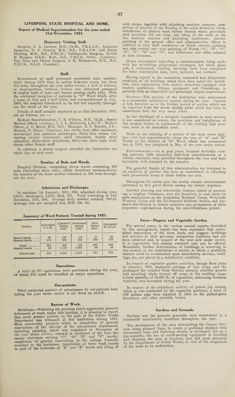 LIVERPOOL STATE HOSPITAL AND HOME. Report of Medical Superintendent for the year ended 31st December, 1951. Honorary Visiting Staff. Surgeon, J. A. Lawson, M.B., Ch.M., F.R.A.C.S.; Assistant Surgeons, N. C. Newton, M.B., B.S., F.R.A.C.S., and Justin Fleming, M.B., B.S., F.R.C.S.; Orthopaedic Surgeon, Neville H Morgan, O.B.E., M.B., B.S., F.R.C.S., Ortho. (London) ; Ear, Nose and Throat Surgeon, J. R. Wadsworth, M.B., B.S., F.R.C.S., D.L.O. (London). Staff. Recruitment of staff personnel proceeded more satisfac¬ torily during 1951 than in earlier post-war years, but there did exist, throughout the year under review, a lack of balance, or disproportion, between trained and untrained personnel in respect both of male and female nursing staffs alike. With the continued reception of patients in “D” Ward which, after a lapse of four and a half years, was recommissioned in July, 1950, the hospital functioned to its full bed capacity through¬ out the whole of the year. Details of staff actually employed as at 31st December., 1951, are as follows, viz.:— Medical Superintendent, C. R. O’Brien, M.B., Ch.M.; Senior Medical Officer (Acting), J. J. L. McDonald, L.R.C.P.; Medical Officer, ,J. O. Marel, M.B., B.S.; Manager, E. C. Barrett, J.P.; Matron, N. Hoare; Dispenser, two clerks, four office assistants, storekeeper and assistant storekeeper, thirty-four nurses (in¬ cluding twenty untrained), chief attendant, deputy chief attendant, thirty-three attendants, thirty-one other male staff, eleven other female staff. In addition, a dental surgeon attended the Institution one whole day of each week. Number of Beds and Wards. Hospital Division, comprising eleven wards containing 290 beds (including three cots), whilst dormitory accommodation for inmates of the home section remained at 446 beds through¬ out the year. Admissions and Discharges. In residence 1st January, 1951, 688; admitted during year, 2,810; discharged, 2,419; died, 385. Total remaining at 31st December, 1951, 694. Average daily number resident, 688.25. Average cost per occupied bed, £192 15s. 5d. such rooms, together with adjoining sanitary annexes; com¬ pletion of renewal of the flooring in the main dormitory block, installation of sixteen wasli basins therein where previously such provision did not exist, and tiling of the walls of the two sanitary annexes and adjoining washrooms; interior painting of the general office and administrative offices in addition to four staff residences—at which exterior painting was also carried out—and painting of Wards “A”, “B”, “C”, “D”, “G”, “M” and “N”, and bathrooms and other annexes at such locations. Hopes entertained regarding a commencement being made with the re-building programme envisaged, for which plans and, I understand, working drawings have been completed for some considerable time, were, however, not realised. Having regard to the unsuitable, outmoded and dilapidated condition of all buildings which have been noted for demoli¬ tion, their replacement with modern structures equipped with modern appliances, fittings, equipment and furnishings, is patently both an imperative and pressingly urgent requirement. Services.—The services of the institution were maintained in a reasonably satisfactory manner during the year. Concern is felt, however, as to the further period of service which can be expected from the steam raising plant which has been in commission here for very many years. As the likelihood of a complete breakdown in such services is not considered as remote, the provision and installation of two modern boilers in replacement of the existing high pres¬ sure units is an immediate need. Work on the relaying of a section of the main sewer pipe¬ line—112 feet approximately—from the rear of “A’’ and “B” Wards to the vicinity of “G” Ward, which was commenced late in 1950, was completed in May of the year under review. Entertainments.—As in past years, frequent Saturday even¬ ing concerts, with occasional mid-week entertainments of a variety character, were provided throughout the year and were invariably well attended by the inmates. The grateful thanks of this administration are tendered to all members of parties who have so contributed in affording such pleasurable hours to those within our care. Throughout the entire year the weekly cinema entertainment continued to find great favour among our inmate populace. Another pleasing and noteworthy feature, aimed at promot¬ ing a brighter Christmas, were the donations in cash made by such associations as the Australian Workers’ Union, Waterside Workers’ Union and the Ex-Imperial Soldiers, Sailors and Air¬ men’s Sub-Branch to inmate members and ex-members of their respective organisations during the near-Christmas period. Summary of Ward Patients Treated during 1951. Section. In hospital 1-1-51. Admitted during year. Discharged during year. Died during year. In hospital 31-12-51. Cancer wards . 61 147 49 97 62 General wards . 170 338 144 194 170 Total . 231 485 193 291 232 District wards . 50 1,148 1,064 90 44 Grand total ... 281 1,633 1,257 381 276 Operations. A total of 371 operations were performed during the year, of which 272 could be classified as major operations. Out-patients. Total estimated number of attendances by out-patients here during the year under review is set down as 44,679. Review of Work. Building's.—-Following the previous year’s apparently planned deferment of work, under this heading, it is pleasing to report that much greater activity on the part of the Public Works Department was witnessed at this institution during 1951. Most noteworthy projects relate to completion of general renovations of the interior of the out-patients department including painting, which was completed in November of the vear under review; renewal in hardwood of the tour hre me .yeai ““uo* > , 1TV, «-p» j warr],. escape stairways serving C ,_ D E and ± warns, completion of general renovations to the cottage formerly tenanted by the herdsman; installation of three wash basins in each of the bathroms of “E” and “F” wards and tiling of Farm—Piggery and Vegetable Garden. For several years, in the various annual reports furnished by this management, regret has been expressed that antici¬ pated restoration of the farm lands and piggery buildings and services to their pre-army occupation condition had not been achieved and, in respect of the year now under review, it is regrettable that similar comment only can be offered. Meanwhile, further deterioration of buildings is occurring in this section of the institution—a section in lvhicli a profitable venture could be re-embarked upon immediately services, build¬ ings, etc., are placed in a satisfactory condition. In respect of vegetable garden activities, though flood rains in January, 1951, destroyed sowings of root crops, and the prolonged dry weather from October onward, retarded growth and scorching winds burned off crops in the seedling stage, a total quantity of 34,900 lb. of vegetables, embracing fourteen varieties, was harvested during the year. In respect of the subsidiary activity of guinea pig raising, which is also conducted by the vegetable gardener, a total of 556 guinea pigs were supplied in 1951 to the pathological laboratory and other scientific bodies. Gardens and Grounds. Gardens and the grounds generally were maintained in a reasonably satisfactory condition throughout the year. The development of the area surrounding the Cancer Divi¬ sion along planned lines, to create a parkland studded with ornamental trees and flowering shrubs, is envisaged, but as a pre-requisite, the use of earth-moving equipment in levelling and draining the area is involved, and will need attention by the Department of Public Works, in view of the magnitude of the work to be undertaken.