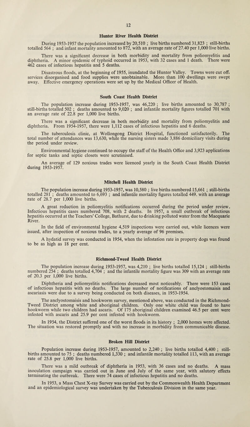 Hunter River Health District During 1953-1957 the population increased by 20,510 ; live births numbered 31,823 ; still-births totalled 564 ; and infant mortality amounted to 872, with an average rate of 27.40 per 1,000 live births. There was a significant decrease in both morbidity and mortality from poliomyelitis and diphtheria. A minor epidemic of typhoid occurred in 1953, with 32 cases and 1 death. There were 462 cases of infectious hepatitis and 5 deaths. Disastrous floods, at the beginning of 1955, inundated the Hunter Valley. Towns were cut off, services disorganised and food supplies were unobtainable. More than 100 dwellings were swept away. Effective emergency operations were set up by the Medical Officer of Health. South Coast Health District The population increase during 1953-1957, was 46,220 ; live births amounted to 30,787 ; still-births totalled 502 ; deaths amounted to 9,020 ; and infantile mortality figures totalled 701 with an average rate of 22.8 per 1,000 live births. There was a significant decrease in both morbidity and mortality from poliomyelitis and diphtheria. From 1954-1957, there were 1,112 cases of infectious hepatitis and 6 deaths. The tuberculosis clinic, at Wollongong District Hospital, functioned satisfactorily. The total number of attendances was 13,630, while the nursing sisters made 3,886 domiciliary visits during the period under review. Environmental hygiene continued to occupy the staff of the Health Office and 3,923 applications for septic tanks and septic closets were scrutinised. An average of 129 noxious trades were licenced yearly in the South Coast Health District during 1953-1957. Mitchell Health District The population increase during 1953-1957, was 10,580 ; live births numbered 15,661 ; still-births totalled 281 ; deaths amounted to 6,693 ; and infantile mortality figures totalled 449. with an average rate of 28.7 per 1,000 live births. A great reduction in poliomyelitis notifications occurred during the period under review. Infectious hepatitis cases numbered 708, with 2 deaths. In 1957, a small outbreak of infectious hepatitis occurred at the Teachers’ College, Bathurst, due to drinking polluted water from the Macquarie River. In the field of environmental hygiene 4,519 inspections were carried out, while licences were issued, after inspection of noxious trades, to a yearly average of 96 premises. A hydatid survey was conducted in 1954, when the infestation rate in property dogs was found to be as high as 18 per cent. Richmond-Tweed Health District The population increase during 1953-1957, was 4,210 ; live births totalled 15,124 ; still-births numbered 254 ; deaths totalled 4,704 ; and the infantile mortality figure was 309 with an average rate of 20.3 per 1,000 live births. Diphtheria and poliomyelitis notifications decreased most noticeably. There were 153 cases of infectious hepatitis with no deaths. The large number of notifications of anclyostomaisis and ascariasis were due to a survey being conducted on both diseases, in 1953-1954. The anclyostomaisis and hookworm survey, mentioned above, was conducted in the Richmond- Tweed District among white and aboriginal children. Only one white child was found to have hookworm while two children had ascaris. Of 175 aboriginal children examined 46.5 per cent were infested with ascaris and 25.9 per cent infested with hookworm. In 1954, the District suffered one of the worst floods in its history ; 2,000 homes were affected. The situation was restored promptly and with no increase in morbidity from communicable disease. Broken Hill District Population increase during 1953-1957, amounted to 2,240 ; live births totalled 4,400 ; still¬ births amounted to 75 ; deaths numbered 1,330 ; and infantile mortality totalled 113, with an average rate of 25.8 per 1,000 live births. There was a mild outbreak of diphtheria in 1953, with 36 cases and no deaths. A mass inoculation campaign was carried out in June and July of the same year, with salutory effects terminating the outbreak. There were 74 cases of infectious hepatitis and no deaths. In 1953, a Mass Chest X-ray Survey was carried out by the Commonwealth Health Department and an epidemiological survey was undertaken by the Tuberculosis Division in the same year.