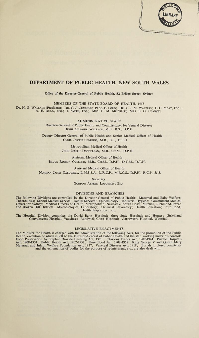 DEPARTMENT OF PUBLIC HEALTH, NEW SOUTH WALES Office of the Director-General of Public Health, 52 Bridge Street, Sydney MEMBERS OF THE STATE BOARD OF HEALTH, 1958 Dr. H. G. Wallace (President); Dr. C. J. Cummins; Prof. E. Ford; Dr. C. J. M. Walters; F. C. Moat, Esq.; A. E. Dunn, Esq.; J. Smith, Esq.; Mrs. G. M. Melville; Mrs. E. G. Clancey. ADMINISTRATIVE STAFF Director-General of Public Health and Commissioner for Veneral Diseases Hugh Gilmour Wallace, M.B., B.S., D.P.H. Deputy Director-General of Public Health and Senior Medical Officer of Health Cyril Joseph Cummins, M.B., B.S., D.P.H. Metropolitan Medical Officer of Health John Joseph Donnellan, M.B., Ch.M., D.P.H. Assistant Medical Officer of Health Bruce Robson Overend, M.B., Ch.M., D.P.H., D.T.M., D.T.H. Assistant Medical Officer of Health Norman James Caldwell, L.M.S.S.A., L.R.C.P., M.R.C.S., D.P.H., R.C.P. & S. Secretary Gordon Alfred Loughrey, Esq. DIVISIONS AND BRANCHES The following Divisions are controlled by the Director-General of Public Health: Maternal and Baby Welfare; Tuberculosis; School Medical Service; Dental Services; Epidemiology; Industrial Hygiene; Government Medical Officer for Sydney; Medical Officers of Health, Metropolitan, Newcastle, South Coast, Mitchell, Richmond-Tweed and Broken Hill Districts; Microbiological Laboratory; Chemical Laboratory; Health Education; Pure Food; Health Inspection; etc. The Hospital Division comprises the David Berry Hospital; three State Hospitals and Homes; Strickland Convalescent Hospital, Vaucluse; Randwick Chest Hospital; Garrawarra Hospital, Waterfall. LEGISLATIVE ENACTMENTS The Minister for Health is charged with the administration of the following Acts, for the promotion of the Public Health, execution of which is left to the Director-General of Public Health and the staff working under his control: Food Preservation by Sulphur Dioxide Enabling Act, 1920; Noxious Trades Act, 1902-1944; Private Hospitals Act, 1908-1954; Public Health Act, 1902-1952; Pure Food Act, 1908-1958; King George V and Queen Mary Maternal and Infant Welfare Foundation Act, 1937; Venereal Diseases Act, 1918; Burials in closed cemeteries and the exhumation of bodies for the purpose of re-interment, etc., are also dealt with.