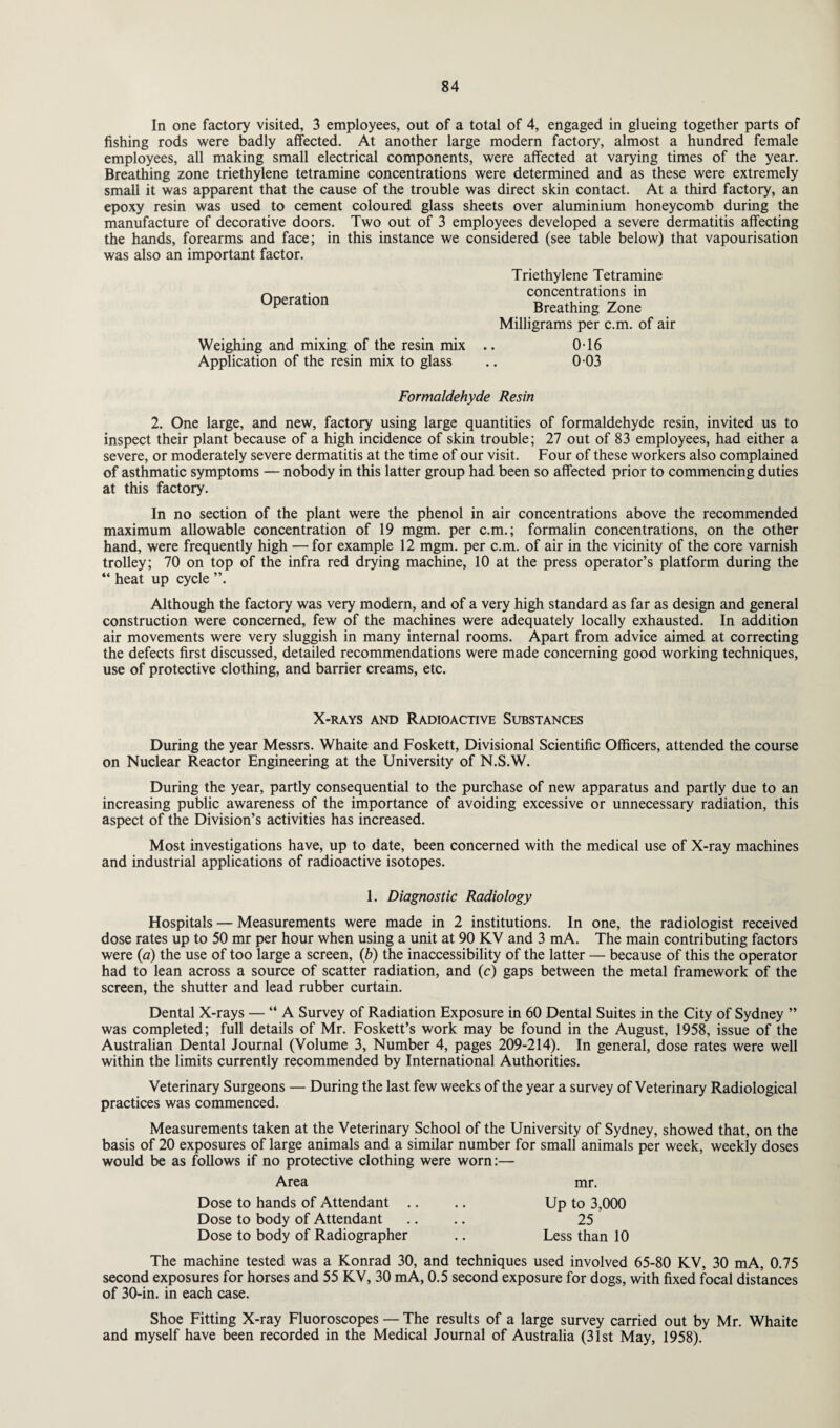 In one factory visited, 3 employees, out of a total of 4, engaged in glueing together parts of fishing rods were badly affected. At another large modern factory, almost a hundred female employees, all making small electrical components, were affected at varying times of the year. Breathing zone triethylene tetramine concentrations were determined and as these were extremely small it was apparent that the cause of the trouble was direct skin contact. At a third factory, an epoxy resin was used to cement coloured glass sheets over aluminium honeycomb during the manufacture of decorative doors. Two out of 3 employees developed a severe dermatitis affecting the hands, forearms and face; in this instance we considered (see table below) that vapourisation was also an important factor. Operation Triethylene Tetramine concentrations in Breathing Zone Milligrams per c.m. of air Weighing and mixing of the resin mix .. 0T6 Application of the resin mix to glass .. 0 03 Formaldehyde Resin 2. One large, and new, factory using large quantities of formaldehyde resin, invited us to inspect their plant because of a high incidence of skin trouble; 27 out of 83 employees, had either a severe, or moderately severe dermatitis at the time of our visit. Four of these workers also complained of asthmatic symptoms — nobody in this latter group had been so affected prior to commencing duties at this factory. In no section of the plant were the phenol in air concentrations above the recommended maximum allowable concentration of 19 mgm. per c.m.; formalin concentrations, on the other hand, were frequently high —for example 12 mgm. per c.m. of air in the vicinity of the core varnish trolley; 70 on top of the infra red drying machine, 10 at the press operator’s platform during the “ heat up cycle Although the factory was very modern, and of a very high standard as far as design and general construction were concerned, few of the machines were adequately locally exhausted. In addition air movements were very sluggish in many internal rooms. Apart from advice aimed at correcting the defects first discussed, detailed recommendations were made concerning good working techniques, use of protective clothing, and barrier creams, etc. X-rays and Radioactive Substances During the year Messrs. Whaite and Foskett, Divisional Scientific Officers, attended the course on Nuclear Reactor Engineering at the University of N.S.W. During the year, partly consequential to the purchase of new apparatus and partly due to an increasing public awareness of the importance of avoiding excessive or unnecessary radiation, this aspect of the Division’s activities has increased. Most investigations have, up to date, been concerned with the medical use of X-ray machines and industrial applications of radioactive isotopes. 1. Diagnostic Radiology Hospitals — Measurements were made in 2 institutions. In one, the radiologist received dose rates up to 50 mr per hour when using a unit at 90 KV and 3 mA. The main contributing factors were (a) the use of too large a screen, (b) the inaccessibility of the latter — because of this the operator had to lean across a source of scatter radiation, and (c) gaps between the metal framework of the screen, the shutter and lead rubber curtain. Dental X-rays — “A Survey of Radiation Exposure in 60 Dental Suites in the City of Sydney ” was completed; full details of Mr. Foskett’s work may be found in the August, 1958, issue of the Australian Dental Journal (Volume 3, Number 4, pages 209-214). In general, dose rates were well within the limits currently recommended by International Authorities. Veterinary Surgeons — During the last few weeks of the year a survey of Veterinary Radiological practices was commenced. Measurements taken at the Veterinary School of the University of Sydney, showed that, on the basis of 20 exposures of large animals and a similar number for small animals per week, weekly doses would be as follows if no protective clothing were worn:— Area mr. Dose to hands of Attendant . Dose to body of Attendant Dose to body of Radiographer Up to 3,000 25 Less than 10 The machine tested was a Konrad 30, and techniques used involved 65-80 KV, 30 mA, 0.75 second exposures for horses and 55 KV, 30 mA, 0.5 second exposure for dogs, with fixed focal distances of 30-in. in each case. Shoe Fitting X-ray Fluoroscopes — The results of a large survey carried out by Mr. Whaite and myself have been recorded in the Medical Journal of Australia (31st May, 1958).