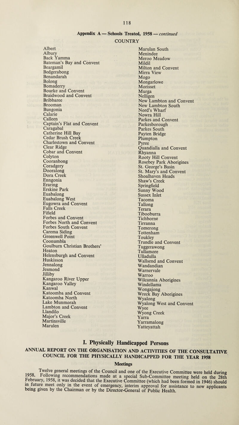 Appendix A — Schools Treated, 1958 — continued COUNTRY Albert Albury Back Yamma Bateman’s Bay and Convent Beargamil Bedgerabong Benandarah Bolong Bomaderry Bourke and Convent Braidwood and Convent Bribbaree Brooman Bungonia Calarie Calleen Captain’s Flat and Convent Caragabal Catherine Hill Bay Cedar Brush Creek Charlestown and Convent Clear Ridge Cobar and Convent Colyton Cooranbong Coradgery Dooralong Dora Creek Enngonia Eraring Erskine Park Euabalong Euabalong West Eugowra and Convent Falls Creek Fifield Forbes and Convent Forbes North and Convent Forbes South Convent Carema Siding Greenwell Point Coonumbla Goulburn Christian Brothers’ Heaton Helensburgh and Convent Huskisson Jennalong Jesmond Jilliby Kangaroo River Upper Kangaroo Valley Kanwal Katoomba and Convent Katoomba North Lake Munmorah Lambton and Convent Llandilo Major’s Creek Martinsville Marulen Marulan South Menindee Meroo Meadow Mildil Milton and Convent Mirra View Mogo Mongarlowe Morisset Murga Nelligen New Lambton and Convent New Lambton South Nord’s Wharf Nowra Hill Parkes and Convent Parkesborough Parkes South Payten Bridge Plumpton Pyree Quandialla and Convent Rhyanna Rooty Hill Convent Rosebey Park Aborigines St. George’s Basin St. Mary’s and Convent Shoalhaven Heads Shaw’s Creek Springfield Sunny Wood Sussex Inlet Tacoma Tallong Terara Tibooburra Tichborne Tirranna Tomerong Tottenham Toukley Trundle and Convent Tuggerawong Tullamore Ulladulla Wallsend and Convent Wandandian Warnervale Warroo Wilcannia Aborigines Windellama Wongajong Wreck Bay Aborigines Wyalong Wyalong West and Convent Wyee Wyong Creek Yarra Yarramalong Yatteyattah I. Physically Handicapped Persons ANNUAL REPORT ON THE ORGANISATION AND ACTIVITIES OF THE CONSULTATIVE COUNCIL FOR THE PHYSICALLY HANDICAPPED FOR THE YEAR 1958 Meetings Seneral meetings of the Council and one of the Executive Committee were held during 1958. Following recommendations made at a special Sub-Committee meeting held on the 28th February, 1958, it was decided that the Executive Committee (which had been formed in 1946) should in future meet only in the event of emergency, interim approval for assistance to new applicants being given by the Chairman or by the Director-General of Public Health.