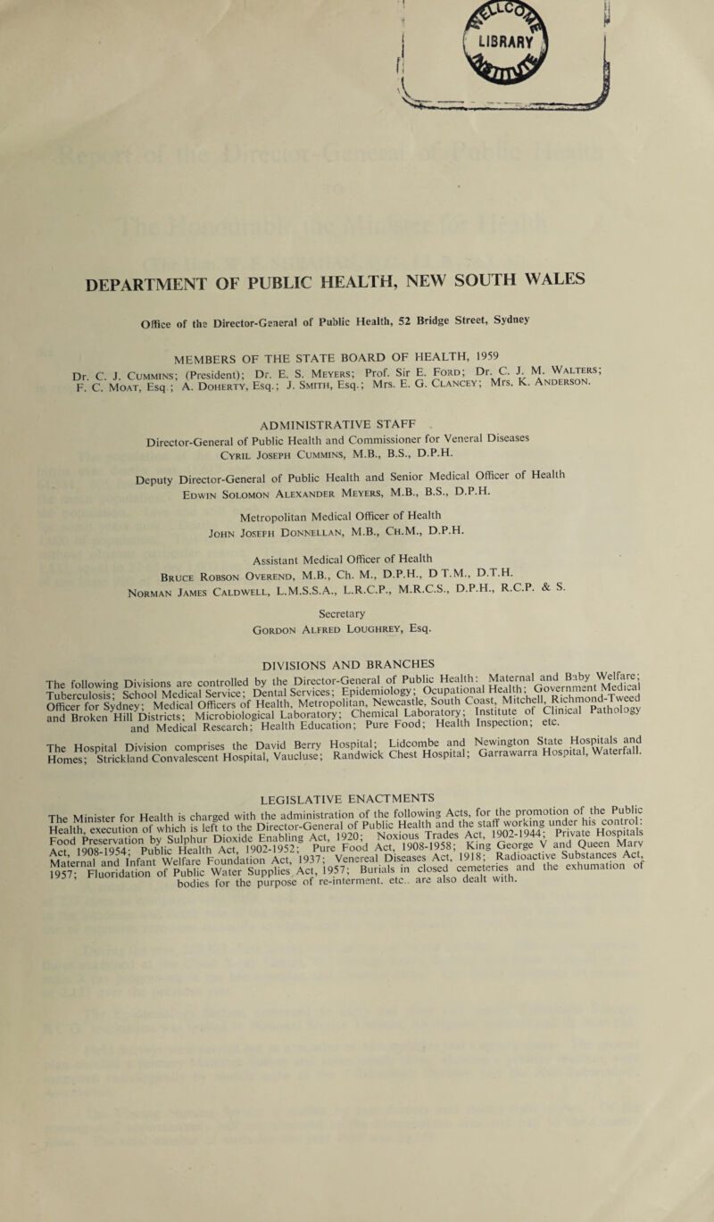 LIBRARY DEPARTMENT OF PUBLIC HEALTH, NEW SOUTH WALES Office of the Director-General of Public Health, 52 Bridge Street, Sydney MEMBERS OF THE STATE BOARD OF Dr. C. J. Cummins; (President); Dr. E. S. Meyers; Prof. Sir F. C. Moat, Esq ; A. Doherty, Esq.; J. Smith, Esq.; Mrs. E. HEALTH, 1959 E. Ford; Dr. C. J. M. Walters; G. Clancey; Mrs. K. Anderson. ADMINISTRATIVE STAFF _ Director-General of Public Health and Commissioner for Veneral Diseases Cyril Joseph Cummins, M.B., B.S., D.P.H. Deputy Director-General of Public Health and Senior Medical Officer of Health Edwin Solomon Alexander Meyers, M.B., B.S., D.P.H. Metropolitan Medical Officer of Health John Joseph Donnellan, M.B., Ch.M., D.P.H. Assistant Medical Officer of Health Bruce Robson Overend, M.B., Ch. M., D.P.H., DT.M., D.T.H. Norman James Caldwell, L.M.S.S.A., L.R.C.P., M.R.C.S., D.P.H., R.C.P. & S Secretary Gordon Alfred Loughrey, Esq. DIVISIONS AND BRANCHES The following Divisions are controlled by the Director-General of Public Health: Maternal and Baby Welfare; Tuberculosis- School Medical Service; Dental Services; Epidemiology; Ocupati^al Health; Government Medical Officer for Sydney Medical Officers of Health, Metropolitan, Newcastle, South Coast, Mitchell, Rich mo nd-Tee and Broken Hill Districts; Microbiological Laboratory; Chemical Laboratory; Institute of Clinical Path 0y and Medical Research; Health Education; Pure Food; Health Inspection, etc. The Hospital Division comprises the David Berry Hospital; Homes; Strickland Convalescent Hospital, Vaucluse; Randwick Lidcombe and Newington State Hospitals and Chest Hospital; Garrawarra Hospital, Waterfall. LEGISLATIVE ENACTMENTS The Minister for Health is charged with the administration of the following Acts, for the promotion of the Public iqns-iQS4- Public Health Act 1902-1952; Pure Food Act, 1908-1958, King ueorge v ana queen 1Viaiv Maternal and Infant Welfare Foundation Act, 1937; Venereal Diseases Act, 1918; Radioactive Substances Act, W7- FluoridiuSn of Sc Water Supplies'Ac, 1957; Burials in closed cemeteries and the exhumation of bodies for the purpose of re-interment, etc,, are also dealt with.