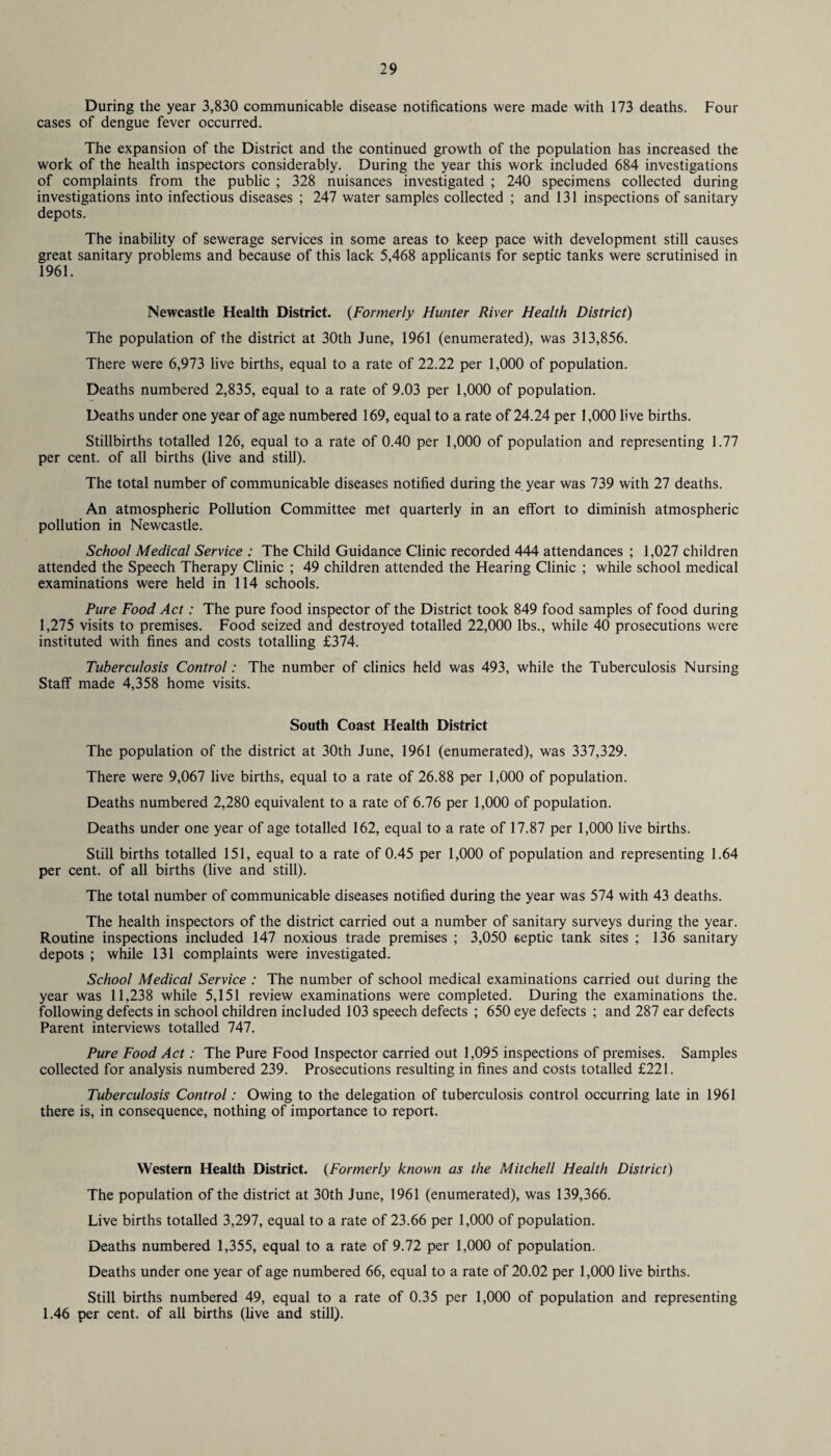 During the year 3,830 communicable disease notifications were made with 173 deaths. Four cases of dengue fever occurred. The expansion of the District and the continued growth of the population has increased the work of the health inspectors considerably. During the year this work included 684 investigations of complaints from the public ; 328 nuisances investigated ; 240 specimens collected during investigations into infectious diseases ; 247 water samples collected ; and 131 inspections of sanitary depots. The inability of sewerage services in some areas to keep pace with development still causes great sanitary problems and because of this lack 5,468 applicants for septic tanks were scrutinised in 1961. Newcastle Health District. (Formerly Hunter River Health District) The population of the district at 30th June, 1961 (enumerated), was 313,856. There were 6,973 live births, equal to a rate of 22.22 per 1,000 of population. Deaths numbered 2,835, equal to a rate of 9.03 per 1,000 of population. Deaths under one year of age numbered 169, equal to a rate of 24.24 per 1,000 live births. Stillbirths totalled 126, equal to a rate of 0.40 per 1,000 of population and representing 1.77 per cent, of all births (live and still). The total number of communicable diseases notified during the year was 739 with 27 deaths. An atmospheric Pollution Committee met quarterly in an effort to diminish atmospheric pollution in Newcastle. School Medical Service : The Child Guidance Clinic recorded 444 attendances ; 1,027 children attended the Speech Therapy Clinic ; 49 children attended the Hearing Clinic ; while school medical examinations were held in 114 schools. Pure Food Act: The pure food inspector of the District took 849 food samples of food during 1,275 visits to premises. Food seized and destroyed totalled 22,000 lbs., while 40 prosecutions were instituted with fines and costs totalling £374. Tuberculosis Control: The number of clinics held was 493, while the Tuberculosis Nursing Staff made 4,358 home visits. South Coast Health District The population of the district at 30th June, 1961 (enumerated), was 337,329. There were 9,067 live births, equal to a rate of 26.88 per 1,000 of population. Deaths numbered 2,280 equivalent to a rate of 6.76 per 1,000 of population. Deaths under one year of age totalled 162, equal to a rate of 17.87 per 1,000 live births. Still births totalled 151, equal to a rate of 0.45 per 1,000 of population and representing 1.64 per cent, of all births (live and still). The total number of communicable diseases notified during the year was 574 with 43 deaths. The health inspectors of the district carried out a number of sanitary surveys during the year. Routine inspections included 147 noxious trade premises ; 3,050 septic tank sites ; 136 sanitary depots ; while 131 complaints were investigated. School Medical Service : The number of school medical examinations carried out during the year was 11,238 while 5,151 review examinations were completed. During the examinations the. following defects in school children included 103 speech defects ; 650 eye defects ; and 287 ear defects Parent interviews totalled 747. Pure Food Act: The Pure Food Inspector carried out 1,095 inspections of premises. Samples collected for analysis numbered 239. Prosecutions resulting in fines and costs totalled £221. Tuberculosis Control: Owing to the delegation of tuberculosis control occurring late in 1961 there is, in consequence, nothing of importance to report. Western Health District. (Formerly known as the Mitchell Health District) The population of the district at 30th June, 1961 (enumerated), was 139,366. Live births totalled 3,297, equal to a rate of 23.66 per 1,000 of population. Deaths numbered 1,355, equal to a rate of 9.72 per 1,000 of population. Deaths under one year of age numbered 66, equal to a rate of 20.02 per 1,000 live births. Still births numbered 49, equal to a rate of 0.35 per 1,000 of population and representing 1.46 per cent, of all births (five and still).