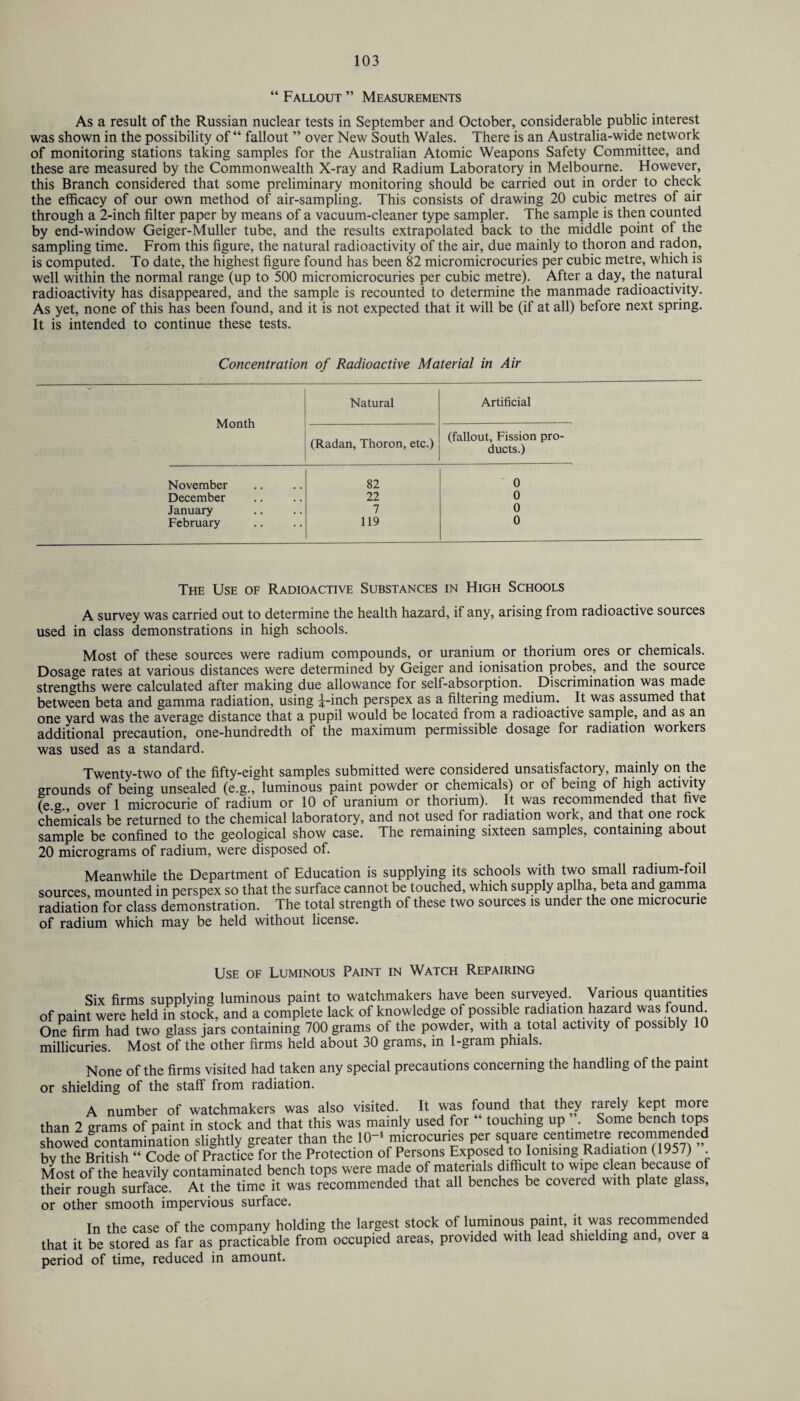 “ Fallout ” Measurements As a result of the Russian nuclear tests in September and October, considerable public interest was shown in the possibility of “ fallout ” over New South Wales. There is an Australia-wide network of monitoring stations taking samples for the Australian Atomic Weapons Safety Committee, and these are measured by the Commonwealth X-ray and Radium Laboratory in Melbourne. However, this Branch considered that some preliminary monitoring should be carried out in order to check the efficacy of our own method of air-sampling. This consists of drawing 20 cubic metres of air through a 2-inch filter paper by means of a vacuum-cleaner type sampler. The sample is then counted by end-window Geiger-Muller tube, and the results extrapolated back to the middle point of the sampling time. From this figure, the natural radioactivity of the air, due mainly to thoron and radon, is computed. To date, the highest figure found has been 82 micromicrocuries per cubic metre, which is well within the normal range (up to 500 micromicrocuries per cubic metre). After a day, the natural radioactivity has disappeared, and the sample is recounted to determine the manmade radioactivity. As yet, none of this has been found, and it is not expected that it will be (if at all) before next spring. It is intended to continue these tests. Concentration of Radioactive Material in Air Month Natural Artificial (Radan, Thoron, etc.) (fallout, Fission pro¬ ducts.) November December January February 82 22 7 119 0 0 0 0 The Use of Radioactive Substances in High Schools A survey was carried out to determine the health hazard, if any, arising from radioactive sources used in class demonstrations in high schools. Most of these sources were radium compounds, or uranium or thorium ores or chemicals. Dosage rates at various distances were determined by Geiger and ionisation probes, and the source strengths were calculated after making due allowance for self-absorption. Discrimination was made between beta and gamma radiation, using ^-inch perspex as a filtering medium. It was assumed that one yard was the average distance that a pupil would be located from a radioactive sample, and as an additional precaution, one-hundredth of the maximum permissible dosage for radiation workers was used as a standard. Twenty-two of the fifty-eight samples submitted were considered unsatisfactory, mainly on the grounds of being unsealed (e.g., luminous paint powder or chemicals) or of being of high activity (e.g. over 1 microcurie of radium or 10 of uranium or thorium). It was recommended that five chemicals be returned to the chemical laboratory, and not used for radiation work, and that one rock sample be confined to the geological show case. The remaining sixteen samples, containing about 20 micrograms of radium, were disposed of. Meanwhile the Department of Education is supplying its schools with two small radium-foil sources mounted in perspex so that the surface cannot be touched, which supply aplha beta and gamma radiation for class demonstration. The total strength of these two sources is under the one microcurie of radium which may be held without license. Use of Luminous Paint in Watch Repairing Six firms supplying luminous paint to watchmakers have been surveyed. Various quantities of paint were held in stock, and a complete lack of knowledge ot possible radiation hazard was found One firm had two glass jars containing 700 grams of the powder, with a total activity of possibly 10 millicuries. Most of the other firms held about 30 grams, in 1-gram phials. None of the firms visited had taken any special precautions concerning the handling of the paint or shielding of the staff from radiation. A number of watchmakers was also visited. It was found that they rarely kept more than 2 grams of paint in stock and that this was mainly used for “ touching up . Some bench tops showed contamination slightly greater than the 1(H microcuries per square bv the British “ Code of Practice for the Protection of Persons Exposed to Ionising Radiation (1957) . Most of the heavily contaminated bench tops were made of materials difficult to wipe clean because of their rough surface. At the time it was recommended that all benches be covered with plate glass, or other smooth impervious surface. In the case of the company holding the largest stock of luminous paint, it was recommended that it be stored as far as practicable from occupied areas, provided with lead shielding and, over a period of time, reduced in amount.
