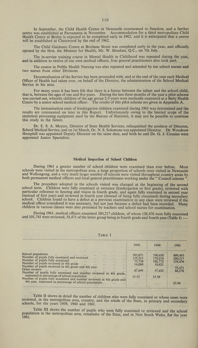 In September, the Child Health Centre in Newcastle commenced to function, and a further centre was established at Parramatta in November. Accommodation for a third metropolitan Child Health Centre at Bexley is expected to be completed early in 1962, and it is anticipated that a centre will be established at Chatswood by the end of 1962. The Child Guidance Centre at Brisbane Street was completed early in the year, and officially opened by the Hon. the Minister for Health, Mr. W. Sheahan, Q.C., on 7th July. The in-service training course in Mental Health in Childhood was repeated during the year, and in addition to twelve of our own medical officers, four general practitioners also took part. The course in Public Health Nursing was also repeated and attended by ten school nurses and two nurses from other Divisions. Decentralisation of the Service has been proceeded with, and at the end of the year each Medical Officer of Health had taken over, on behalf of the Director, the administration of the School Medical Service in his area. For many years it has been felt that there is a hiatus between the infant and the school child, that is, between the ages of one and five years. During the last three months of the year a pilot scheme was carried out, whereby children of the age group 2-5 years were medically examined at a Baby Health Centre by a senior school medical officer. The results of this pilot scheme are given in Appendix A. The immunisation state of kindergarten children examined during 1961 was determined and the results are commented on later in this Report. Unfortunately owing to the limited scope of the statistical processing equipment used by the Bureau of Statistics, it may not be possible to continue this study in the future. Dr. E. S. A. Meyers, Director of State Health Services, relinquished the position of Director, School Medical Service, and on 1st March, Dr. N. S. Solomons was appointed Director. Dr. Woodrow Hemphill was appointed Deputy Director on the same date, and both he and Dr. G. J. Cousins were appointed Junior Specialists. Medical Inspection of School Children During 1961 a greater number of school children were examined than ever before. Most schools were visited in the metropolitan area, a large proportion of schools were visited in Newcastle and Wollongong, and a very much larger number of schools were visited throughout country areas by both permanent medical officers and local general practitioners working under the “ Council scheme ”. The procedure adopted in the schools visited was changed at the beginning of the second school term. Children were fully examined at entrance (kindergarten or first grade), reviewed with particular reference to hearing and vision in fourth grade, and again fully examined in second year (instead of first year) and reviewed in fourth year (instead of being fully examined) during secondary school. Children found to have a defect at a previous examination in any class were reviewed if the medical officer considered it was necessary, but not just because a defect had been recorded. Many children in various classes were also presented by teachers and school nurses for examination. During 1961, medical officers examined 260,217 children, of whom 158,476 were fully examined and 101,741 were reviewed, 35,471 of the latter group being in fourth grade and fourth year (Table I) Table I School population Number of pupils fully examined and reviewed Number of pupils fully examined. Number of pupils reviewed in 4th grade Number of pupils reviewed in 4th grade and 4th year .. .. ! Other reviews Number of pupils fully examined and number reviewed in 4th grade expressed as percentage of school population . Number of pupils fully examined and number reviewed in 4th grade and 4th year, expressed as percentage of school population .. 763,071 790,458 135,513 178,818 73,734 102,772 14,080 18,621 47,699 57,425 11.51 1 15.36 809,493 260,217 158,476 35,471 66,270 23.96 Table II shows in detail the number of children who were fully examined or whose cases were reviewed, in the mettopolitan area, country, and the whole of the State, in primary and secondary schools, for the years 1959, 1960 and 1961. 3 Table III shows the number of pupils who were fully examined or reviewed and the school population in the metropolitan area, remainder of the State, and in New South Wales, for the year