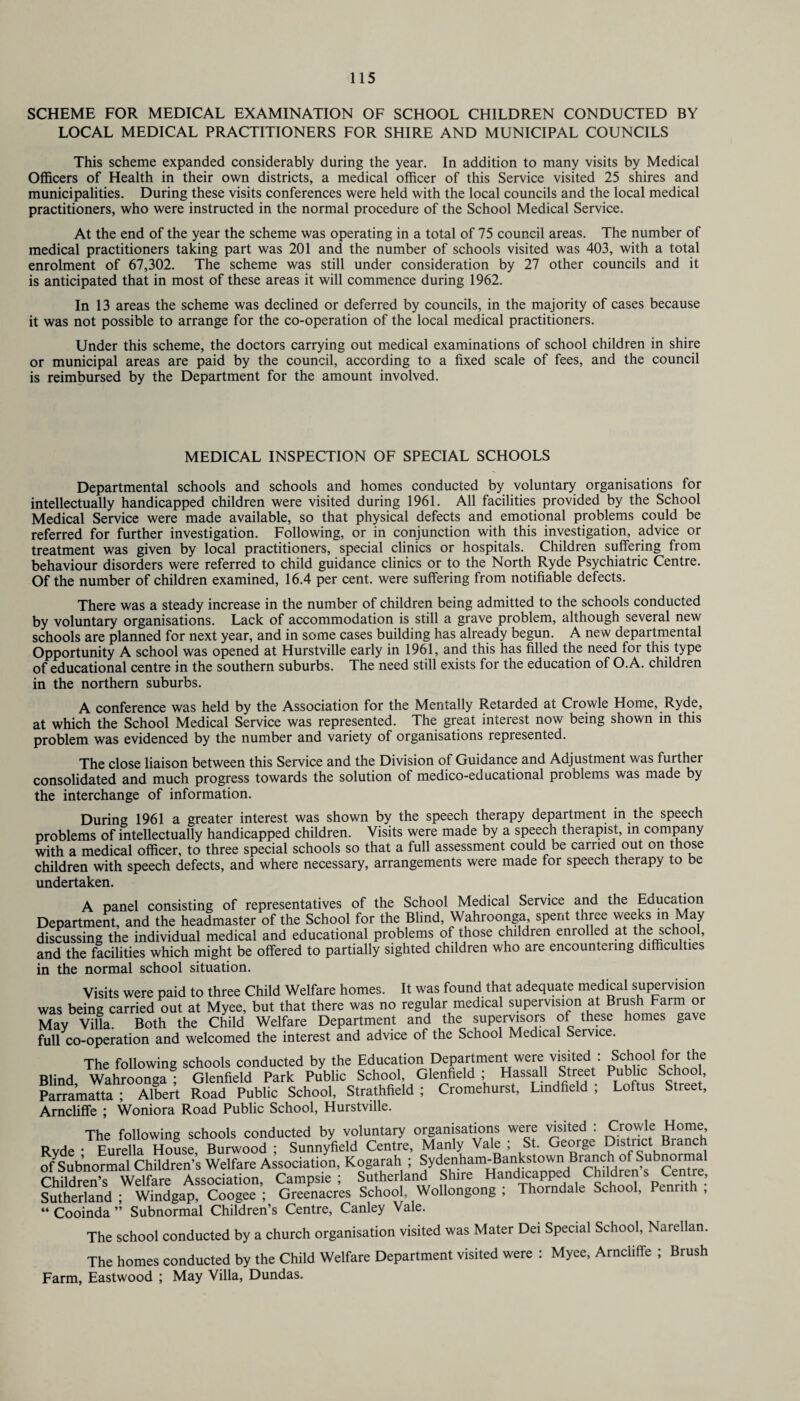 SCHEME FOR MEDICAL EXAMINATION OF SCHOOL CHILDREN CONDUCTED BY LOCAL MEDICAL PRACTITIONERS FOR SHIRE AND MUNICIPAL COUNCILS This scheme expanded considerably during the year. In addition to many visits by Medical Officers of Health in their own districts, a medical officer of this Service visited 25 shires and municipalities. During these visits conferences were held with the local councils and the local medical practitioners, who were instructed in the normal procedure of the School Medical Service. At the end of the year the scheme was operating in a total of 75 council areas. The number of medical practitioners taking part was 201 and the number of schools visited was 403, with a total enrolment of 67,302. The scheme was still under consideration by 27 other councils and it is anticipated that in most of these areas it will commence during 1962. In 13 areas the scheme was declined or deferred by councils, in the majority of cases because it was not possible to arrange for the co-operation of the local medical practitioners. Under this scheme, the doctors carrying out medical examinations of school children in shire or municipal areas are paid by the council, according to a fixed scale of fees, and the council is reimbursed by the Department for the amount involved. MEDICAL INSPECTION OF SPECIAL SCHOOLS Departmental schools and schools and homes conducted by voluntary organisations for intellectually handicapped children were visited during 1961. All facilities provided by the School Medical Service were made available, so that physical defects and emotional problems could be referred for further investigation. Following, or in conjunction with this investigation, advice or treatment was given by local practitioners, special clinics or hospitals. Children suffering from behaviour disorders were referred to child guidance clinics or to the North Ryde Psychiatric Centre. Of the number of children examined, 16.4 per cent, were suffering from notifiable defects. There was a steady increase in the number of children being admitted to the schools conducted by voluntary organisations. Lack of accommodation is still a grave problem, although several new schools are planned for next year, and in some cases building has already begun. A new departmental Opportunity A school was opened at Hurstville early in 1961, and this has filled the need foi this type of educational centre in the southern suburbs. The need still exists for the education of O.A. children in the northern suburbs. A conference was held by the Association for the Mentally Retarded at Crowle Home, Ryde, at which the School Medical Service was represented. The great interest now being shown in this problem was evidenced by the number and variety of organisations represented. The close liaison between this Service and the Division of Guidance and Adjustment was further consolidated and much progress towards the solution of medico-educational problems was made by the interchange of information. During 1961 a greater interest was shown by the speech therapy department in the speech problems of intellectually handicapped children. Visits were made by a speech therapist, in company with a medical officer, to three special schools so that a full assessment could be carried out on those children with speech defects, and where necessary, arrangements were made for speech therapy to be undertaken. A panel consisting of representatives of the School Medical Service and the Education Department, and the headmaster of the School for the Blind, Wahroonga, spent three weeks in May discussing the individual medical and educational problems of those children enrolled at the_sc too , and the facilities which might be offered to partially sighted children who are encountering difficulties in the normal school situation. Visits were paid to three Child Welfare homes. It was found that adequate medical supervision was being carried out at Myee, but that there was no regular medical supervision at Brush Farm or May Villa. Both the Child Welfare Department and the supervisors of these homes gave full co-operation and welcomed the interest and advice of the School Medical Service. The following schools conducted by the Education Department were visited : School for the Blind Wahroonga ; Glenfield Park Public School, Glenfield ; Hassall Street Public School, Parramatta ; Albert Road Public School, Strathfield ; Cromehurst, Lindfield , Loftus Street, Arncliffe ; Woniora Road Public School, Hurstville. The following schools conducted by voluntary organisations were visited : Crowle Home Rvde • Eurella House, Burwood ; Sunnyfield Centre, Manly Vale ; St. George Distnct Bianc offSubnormal Children’s Welfare Association, Kogarah ; Sydenham-BankstownBranch of Subnormal Children’s Welfare Association, Campsie ; Sutherland ^andi^ P^rith Sutherland; Windgap, Coogee; Greenacres School, Wollongong , Thorndale School, Pennt , “ Cooinda ” Subnormal Children’s Centre, Canley Vale. The school conducted by a church organisation visited was Mater Dei Special School, Narellan. The homes conducted by the Child Welfare Department visited were : Myee, Arncliffe ; Brush Farm, Eastwood ; May Villa, Dundas.