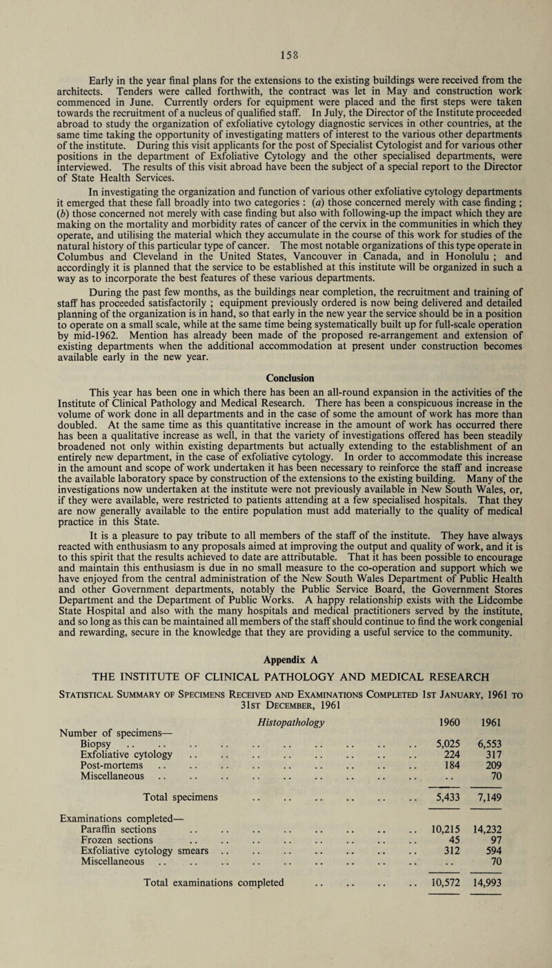 153 Early in the year final plans for the extensions to the existing buildings were received from the architects. Tenders were called forthwith, the contract was let in May and construction work commenced in June. Currently orders for equipment were placed and the first steps were taken towards the recruitment of a nucleus of qualified staff. In July, the Director of the Institute proceeded abroad to study the organization of exfoliative cytology diagnostic services in other countries, at the same time taking the opportunity of investigating matters of interest to the various other departments of the institute. During this visit applicants for the post of Specialist Cytologist and for various other positions in the department of Exfoliative Cytology and the other specialised departments, were interviewed. The results of this visit abroad have been the subject of a special report to the Director of State Health Services. In investigating the organization and function of various other exfoliative cytology departments it emerged that these fall broadly into two categories : (a) those concerned merely with case finding ; (b) those concerned not merely with case finding but also with following-up the impact which they are making on the mortality and morbidity rates of cancer of the cervix in the communities in which they operate, and utilising the material which they accumulate in the course of this work for studies of the natural history of this particular type of cancer. The most notable organizations of this type operate in Columbus and Cleveland in the United States, Vancouver in Canada, and in Honolulu ; and accordingly it is planned that the service to be established at this institute will be organized in such a way as to incorporate the best features of these various departments. During the past few months, as the buildings near completion, the recruitment and training of staff has proceeded satisfactorily ; equipment previously ordered is now being delivered and detailed planning of the organization is in hand, so that early in the new year the service should be in a position to operate on a small scale, while at the same time being systematically built up for full-scale operation by mid-1962. Mention has already been made of the proposed re-arrangement and extension of existing departments when the additional accommodation at present under construction becomes available early in the new year. Conclusion This year has been one in which there has been an all-round expansion in the activities of the Institute of Clinical Pathology and Medical Research. There has been a conspicuous increase in the volume of work done in all departments and in the case of some the amount of work has more than doubled. At the same time as this quantitative increase in the amount of work has occurred there has been a qualitative increase as well, in that the variety of investigations offered has been steadily broadened not only within existing departments but actually extending to the establishment of an entirely new department, in the case of exfoliative cytology. In order to accommodate this increase in the amount and scope of work undertaken it has been necessary to reinforce the staff and increase the available laboratory space by construction of the extensions to the existing building. Many of the investigations now undertaken at the institute were not previously available in New South Wales, or, if they were available, were restricted to patients attending at a few specialised hospitals. That they are now generally available to the entire population must add materially to the quality of medical practice in this State. It is a pleasure to pay tribute to all members of the staff of the institute. They have always reacted with enthusiasm to any proposals aimed at improving the output and quality of work, and it is to this spirit that the results achieved to date are attributable. That it has been possible to encourage and maintain this enthusiasm is due in no small measure to the co-operation and support which we have enjoyed from the central administration of the New South Wales Department of Public Health and other Government departments, notably the Public Service Board, the Government Stores Department and the Department of Public Works. A happy relationship exists with the Lidcombe State Hospital and also with the many hospitals and medical practitioners served by the institute, and so long as this can be maintained all members of the staff should continue to find the work congenial and rewarding, secure in the knowledge that they are providing a useful service to the community. Appendix A THE INSTITUTE OF CLINICAL PATHOLOGY AND MEDICAL RESEARCH Statistical Summary of Specimens Received and Examinations Completed 1st January, 1961 to 31st December, 1961 Histopathology Number of specimens— Biopsy Exfoliative cytology. Post-mortems Miscellaneous 1960 1961 5,025 6,553 224 317 184 209 70 Total specimens Examinations completed— Paraffin sections Frozen sections Exfoliative cytology smears Miscellaneous 5,433 7,149 10,215 14,232 45 97 312 594 • • 70 10,572 14,993 Total examinations completed