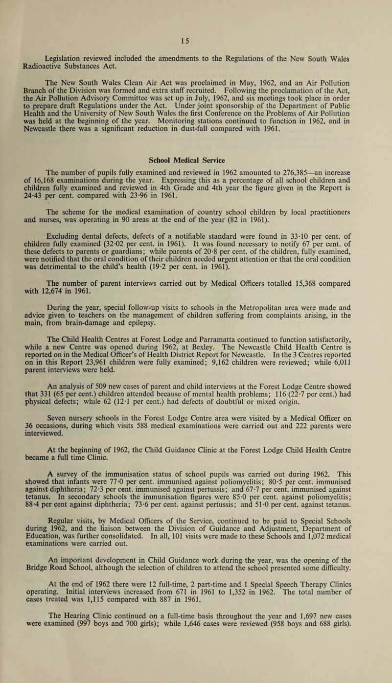 Legislation reviewed included the amendments to the Regulations of the New South Wales Radioactive Substances Act. The New South Wales Clean Air Act was proclaimed in May, 1962, and an Air Pollution Branch of the Division was formed and extra staff recruited. Following the proclamation of the Act, the Air Pollution Advisory Committee was set up in July, 1962, and six meetings took place in order to prepare draft Regulations under the Act. Under joint sponsorship of the Department of Public Health and the University of New South Wales the first Conference on the Problems of Air Pollution was held at the beginning of the year. Monitoring stations continued to function in 1962, and in Newcastle there was a significant reduction in dust-fall compared with 1961. School Medical Service The number of pupils fully examined and reviewed in 1962 amounted to 276,385—an increase of 16,168 examinations during the year. Expressing this as a percentage of all school children and children fully examined and reviewed in 4th Grade and 4th year the figure given in the Report is 24-43 per cent, compared with 23-96 in 1961. The scheme for the medical examination of country school children by local practitioners and nurses, was operating in 90 areas at the end of the year (82 in 1961). Excluding dental defects, defects of a notifiable standard were found in 33-10 per cent, of children fully examined (32-02 per cent, in 1961). It was found necessary to notify 67 per cent, of these defects to parents or guardians; while parents of 20-8 per cent, of the children, fully examined, were notified that the oral condition of their children needed urgent attention or that the oral condition was detrimental to the child’s health (19-2 per cent, in 1961). The number of parent interviews carried out by Medical Officers totalled 15,368 compared with 12,674 in 1961. During the year, special follow-up visits to schools in the Metropolitan area were made and advice given to teachers on the management of children suffering from complaints arising, in the main, from brain-damage and epilepsy. The Child Health Centres at Forest Lodge and Parramatta continued to function satisfactorily, while a new Centre was opened during 1962, at Bexley. The Newcastle Child Health Centre is reported on in the Medical Officer’s of Health District Report for Newcastle. In the 3 Centres reported on in this Report 23,961 children were fully examined; 9,162 children were reviewed; while 6,011 parent interviews were held. An analysis of 509 new cases of parent and child interviews at the Forest Lodge Centre showed that 331 (65 per cent.) children attended because of mental health problems; 116 (22-7 per cent.) had physical defects; while 62 (12-1 per cent.) had defects of doubtful or mixed origin. Seven nursery schools in the Forest Lodge Centre area were visited by a Medical Officer on 36 occasions, during which visits 588 medical examinations were carried out and 222 parents were interviewed. At the beginning of 1962, the Child Guidance Clinic at the Forest Lodge Child Health Centre became a full time Clinic. A survey of the immunisation status of school pupils was carried out during 1962. This showed that infants were 77-0 per cent, immunised against poliomyelitis; 80-5 per cent, immunised against diphtheria; 72-3 per cent, immunised against pertussis; and 67-7 per cent, immunised against tetanus. In secondary schools the immunisation figures were 85-0 per cent, against poliomyelitis; 88-4 per cent against diphtheria; 73-6 per cent, against pertussis; and 51-0 per cent, against tetanus. Regular visits, by Medical Officers of the Service, continued to be paid to Special Schools during 1962, and the liaison between the Division of Guidance and Adjustment, Department of Education, was further consolidated. In all, 101 visits were made to these Schools and 1,072 medical examinations were carried out. An important development in Child Guidance work during the year, was the opening of the Bridge Road School, although the selection of children to attend the school presented some difficulty. At the end of 1962 there were 12 full-time, 2 part-time and 1 Special Speech Therapy Clinics operating. Initial interviews increased from 671 in 1961 to 1,352 in 1962. The total number of cases treated was 1,115 compared with 887 in 1961. The Hearing Clinic continued on a full-time basis throughout the year and 1,697 new cases were examined (997 boys and 700 girls); while 1,646 cases were reviewed (958 boys and 688 girls).