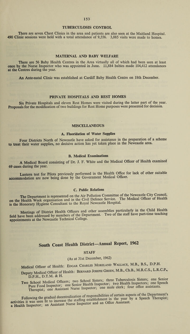 TUBERCULOSIS CONTROL There are seven Chest Clinics in the area and patients are also seen at the Maitland Hospital. 490 Clinic sessions were held with a total attendance of 9,556. 3,885 visits were made to homes. MATERNAL AND BABY WELFARE There are 56 Baby Health Centres in the Area virtually all of which had been seen at least once by the Nurse Inspector who was appointed in June. 11,884 babies made 104,412 attendances at the Centres during the year. An Ante-natal Clinic was established at Cardiff Baby Health Centre on 18th December. PRIVATE HOSPITALS AND REST HOMES Six Private Hospitals and eleven Rest Homes were visited during the latter part of the year. Proposals for the modification of two buildings for Rest Home purposes were presented for decision. MISCELLANEOUS A. Fluoridation of Water Supplies Four Districts North of Newcastle have asked for assistance in the preparation of a scheme to treat their water supplies, no decisive action has yet taken place in the Newcastle area. B. Medical Examinations A Medical Board consisting of Dr. J. F. White and the Medical Officer of Health examined 69 cases during the year. Lantern test for Pilots previously performed in the Health Office for lack of other suitable accommodation are now being done by the Government Medical Officer. C. Public Relations The Department is represented on the Air Pollution Committee of the Newcastle City Council, on the Health Week organisation and in the Civil Defence Service. The Medical Officer of Health is the Honorary Hygiene Consultant to the Royal Newcastle Hospital. Meetings of District Health Officers and other assemblies particularly in the Child Health field have been addressed by members of the Department. Two of the staff have part-tune teaching appointments at the Newcastle Technical College. South Coast Health District—Annual Report, 1962 STAFF (As at 31st December, 1962) Medical Officer of Health: Edgar Charles Moreland Wallace, M.B., B.S., D.P.H. Deputy Medical Officer of Health: Bernard Joseph Green, M.B., Ch.B., M.R.C.S., L.R.C.P., D.P.H., D.T.M. & H. Two School Medical Officers; one Speech' Sst; Pone male clerk; four office assistants. . , ,w^trHli7ation of responsibilities of certain aspects of the Department’s Followmg the gradutd^“ntrahza^stablishment in the year by a Speech Therapist; activities it was seen fit to incre^se inspector and an Office Assistant, a Health Inspector; an Assistant Nurse inspector nuu