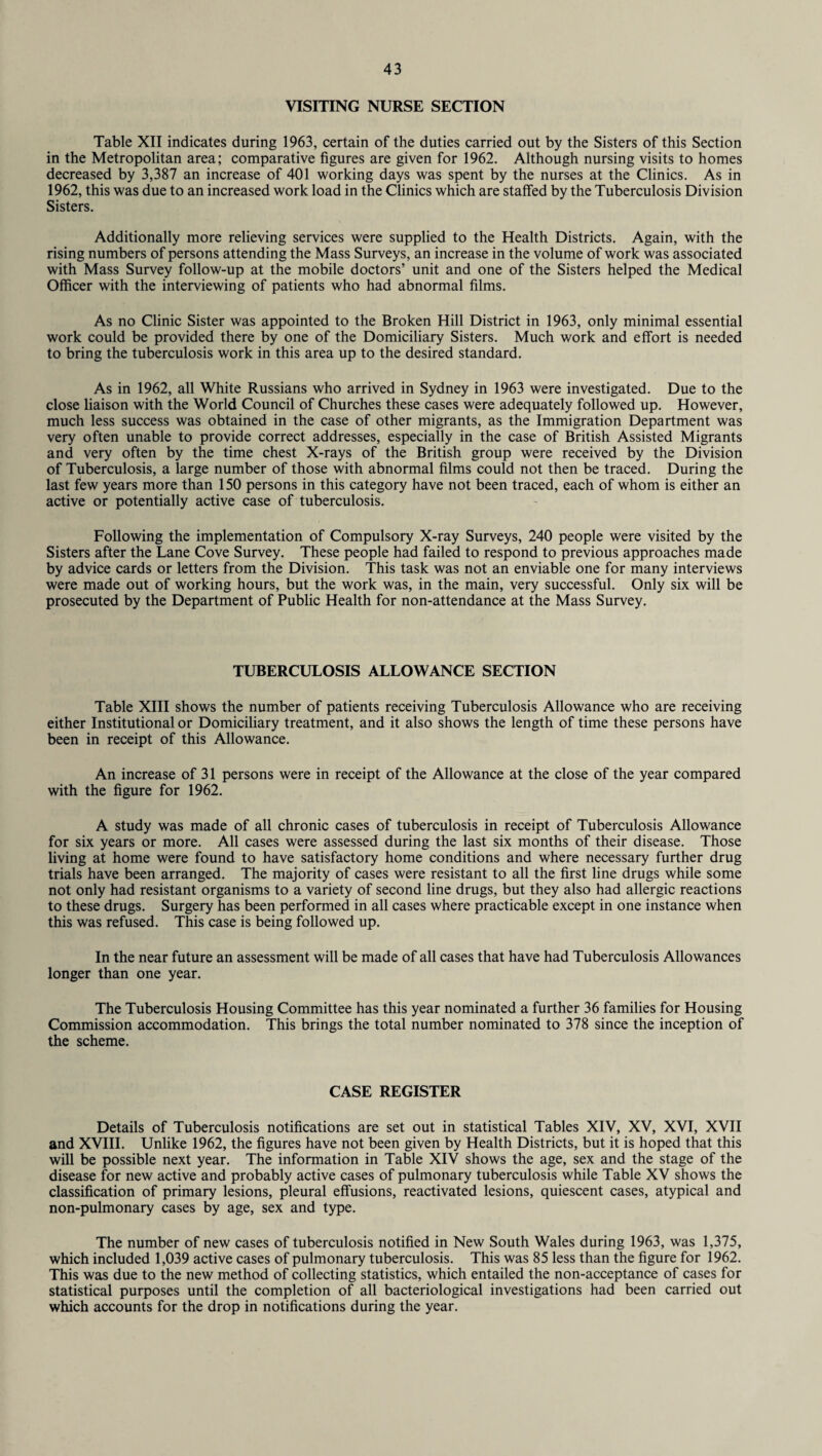 VISITING NURSE SECTION Table XII indicates during 1963, certain of the duties carried out by the Sisters of this Section in the Metropolitan area; comparative figures are given for 1962. Although nursing visits to homes decreased by 3,387 an increase of 401 working days was spent by the nurses at the Clinics. As in 1962, this was due to an increased work load in the Clinics which are staffed by the Tuberculosis Division Sisters. Additionally more relieving services were supplied to the Health Districts. Again, with the rising numbers of persons attending the Mass Surveys, an increase in the volume of work was associated with Mass Survey follow-up at the mobile doctors’ unit and one of the Sisters helped the Medical Officer with the interviewing of patients who had abnormal films. As no Clinic Sister was appointed to the Broken Hill District in 1963, only minimal essential work could be provided there by one of the Domiciliary Sisters. Much work and effort is needed to bring the tuberculosis work in this area up to the desired standard. As in 1962, all White Russians who arrived in Sydney in 1963 were investigated. Due to the close liaison with the World Council of Churches these cases were adequately followed up. However, much less success was obtained in the case of other migrants, as the Immigration Department was very often unable to provide correct addresses, especially in the case of British Assisted Migrants and very often by the time chest X-rays of the British group were received by the Division of Tuberculosis, a large number of those with abnormal films could not then be traced. During the last few years more than 150 persons in this category have not been traced, each of whom is either an active or potentially active case of tuberculosis. Following the implementation of Compulsory X-ray Surveys, 240 people were visited by the Sisters after the Lane Cove Survey. These people had failed to respond to previous approaches made by advice cards or letters from the Division. This task was not an enviable one for many interviews were made out of working hours, but the work was, in the main, very successful. Only six will be prosecuted by the Department of Public Health for non-attendance at the Mass Survey. TUBERCULOSIS ALLOWANCE SECTION Table XIII shows the number of patients receiving Tuberculosis Allowance who are receiving either Institutional or Domiciliary treatment, and it also shows the length of time these persons have been in receipt of this Allowance. An increase of 31 persons were in receipt of the Allowance at the close of the year compared with the figure for 1962. A study was made of all chronic cases of tuberculosis in receipt of Tuberculosis Allowance for six years or more. All cases were assessed during the last six months of their disease. Those living at home were found to have satisfactory home conditions and where necessary further drug trials have been arranged. The majority of cases were resistant to all the first line drugs while some not only had resistant organisms to a variety of second line drugs, but they also had allergic reactions to these drugs. Surgery has been performed in all cases where practicable except in one instance when this was refused. This case is being followed up. In the near future an assessment will be made of all cases that have had Tuberculosis Allowances longer than one year. The Tuberculosis Housing Committee has this year nominated a further 36 families for Housing Commission accommodation. This brings the total number nominated to 378 since the inception of the scheme. CASE REGISTER Details of Tuberculosis notifications are set out in statistical Tables XIV, XV, XVI, XVII and XVIII. Unlike 1962, the figures have not been given by Health Districts, but it is hoped that this will be possible next year. The information in Table XIV shows the age, sex and the stage of the disease for new active and probably active cases of pulmonary tuberculosis while Table XV shows the classification of primary lesions, pleural effusions, reactivated lesions, quiescent cases, atypical and non-pulmonary cases by age, sex and type. The number of new cases of tuberculosis notified in New South Wales during 1963, was 1,375, which included 1,039 active cases of pulmonary tuberculosis. This was 85 less than the figure for 1962. This was due to the new method of collecting statistics, which entailed the non-acceptance of cases for statistical purposes until the completion of all bacteriological investigations had been carried out which accounts for the drop in notifications during the year.