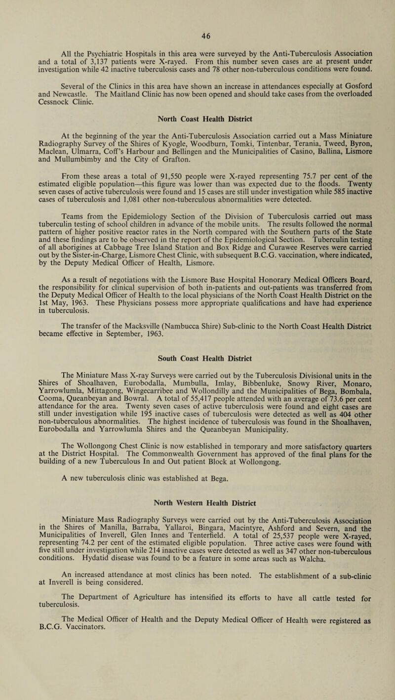 All the Psychiatric Hospitals in this area were surveyed by the Anti-Tuberculosis Association and a total of 3,137 patients were X-rayed. From this number seven cases are at present under investigation while 42 inactive tuberculosis cases and 78 other non-tuberculous conditions were found. Several of the Clinics in this area have shown an increase in attendances especially at Gosford and Newcastle. The Maitland Clinic has now been opened and should take cases from the overloaded Cessnock Clinic. North Coast Health District At the beginning of the year the Anti-Tuberculosis Association carried out a Mass Miniature Radiography Survey of the Shires of Kyogle, Woodburn, Tomki, Tintenbar, Terania, Tweed, Byron, Maclean, Ulmarra, Coff’s Harbour and Bellingen and the Municipalities of Casino, Ballina, Lismore and Mullumbimby and the City of Grafton. From these areas a total of 91,550 people were X-rayed representing 75.7 per cent of the estimated eligible population—this figure was lower than was expected due to the floods. Twenty seven cases of active tuberculosis were found and 15 cases are still under investigation while 585 inactive cases of tuberculosis and 1,081 other non-tuberculous abnormalities were detected. Teams from the Epidemiology Section of the Division of Tuberculosis carried out mass tuberculin testing of school children in advance of the mobile units. The results followed the normal pattern of higher positive reactor rates in the North compared with the Southern parts of the State and these findings are to be observed in the report of the Epidemiological Section. Tuberculin testing of all aborigines at Cabbage Tree Island Station and Box Ridge and Curawee Reserves were carried out by the Sister-in-Charge, Lismore Chest Clinic, with subsequent B.C.G. vaccination, where indicated, by the Deputy Medical Officer of Health, Lismore. As a result of negotiations with the Lismore Base Hospital Honorary Medical Officers Board, the responsibility for clinical supervision of both in-patients and out-patients was transferred from the Deputy Medical Officer of Health to the local physicians of the North Coast Health District on the 1st May, 1963. These Physicians possess more appropriate qualifications and have had experience in tuberculosis. The transfer of the Macksville (Nambucca Shire) Sub-clinic to the North Coast Health District became effective in September, 1963. South Coast Health District The Miniature Mass X-ray Surveys were carried out by the Tuberculosis Divisional units in the Shires of Shoalhaven, Eurobodalla, Mumbulla, Imlay, Bibbenluke, Snowy River, Monaro, Yarrowlumla, Mittagong, Wingecarribee and Wollondilly and the Municipalities of Bega, Bombala, Cooma, Queanbeyan and Bowral. A total of 55,417 people attended with an average of 73.6 per cent attendance for the area. Twenty seven cases of active tuberculosis were found and eight cases are still under investigation while 195 inactive cases of tuberculosis were detected as well as 404 other non-tuberculous abnormalities. The highest incidence of tuberculosis was found in the Shoalhaven, Eurobodalla and Yarrowlumla Shires and the Queanbeyan Municipality. The Wollongong Chest Clinic is now established in temporary and more satisfactory quarters at the District Hospital. The Commonwealth Government has approved of the final plans for the building of a new Tuberculous In and Out patient Block at Wollongong. A new tuberculosis clinic was established at Bega. North Western Health District Miniature Mass Radiography Surveys were carried out by the Anti-Tuberculosis Association in the Shires of Manilla, Barraba, Yallaroi, Bingara, Macintyre, Ashford and Severn, and the Municipalities of Inverell, Glen Innes and Tenterfield. A total of 25,537 people were X-rayed, representing 74.2 per cent of the estimated eligible population. Three active cases were found with five still under investigation while 214 inactive cases were detected as well as 347 other non-tuberculous conditions. Hydatid disease was found to be a feature in some areas such as Walcha. An increased attendance at most clinics has been noted. The establishment of a sub-clinic at Inverell is being considered. The Department of Agriculture has intensified its efforts to have all cattle tested for tuberculosis. The Medical Officer of Health and the Deputy Medical Officer of Health were registered as B.C.G. Vaccinators.