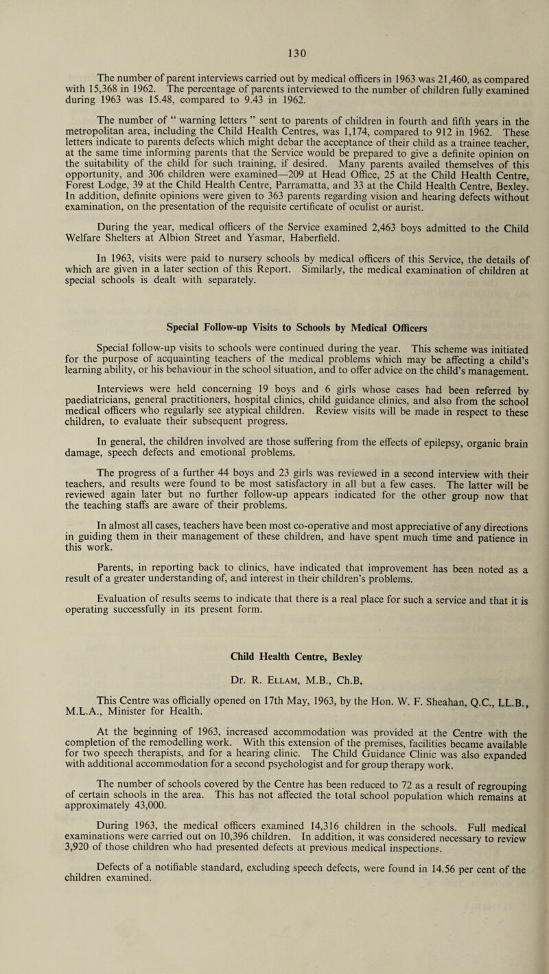 The number of parent interviews carried out by medical officers in 1963 was 21,460, as compared with 15,368 in 1962. The percentage of parents interviewed to the number of children fully examined during 1963 was 15.48, compared to 9.43 in 1962. The number of “ warning letters ” sent to parents of children in fourth and fifth years in the metropolitan area, including the Child Health Centres, was 1,174, compared to 912 in 1962. These letters indicate to parents defects which might debar the acceptance of their child as a trainee teacher, at the same time informing parents that the Service would be prepared to give a definite opinion on the suitability of the child for such training, if desired. Many parents availed themselves of this opportunity, and 306 children were examined—209 at Head Office, 25 at the Child Health Centre, Forest Lodge, 39 at the Child Health Centre, Parramatta, and 33 at the Child Health Centre, Bexley. In addition, definite opinions were given to 363 parents regarding vision and hearing defects without examination, on the presentation of the requisite certificate of oculist or aurist. During the year, medical officers of the Service examined 2,463 boys admitted to the Child Welfare Shelters at Albion Street and Yasmar, Haberfield. In 1963, visits were paid to nursery schools by medical officers of this Service, the details of which are given in a later section of this Report. Similarly, the medical examination of children at special schools is dealt with separately. Special Follow-up Visits to Schools by Medical Officers Special follow-up visits to schools were continued during the year. This scheme was initiated for the purpose of acquainting teachers of the medical problems which may be affecting a child’s learning ability, or his behaviour in the school situation, and to offer advice on the child’s management. Interviews were held concerning 19 boys and 6 girls whose cases had been referred by paediatricians, general practitioners, hospital clinics, child guidance clinics, and also from the school medical officers who regularly see atypical children. Review visits will be made in respect to these children, to evaluate their subsequent progress. In general, the children involved are those suffering from the effects of epilepsy, organic brain damage, speech defects and emotional problems. The progress of a further 44 boys and 23 girls was reviewed in a second interview with their teachers, and results were found to be most satisfactory in all but a few cases. The latter will be reviewed again later but no further follow-up appears indicated for the other group now that the teaching staffs are aware of their problems. In almost all cases, teachers have been most co-operative and most appreciative of any directions in guiding them in their management of these children, and have spent much time and patience in this work. Parents, in reporting back to clinics, have indicated that improvement has been noted as a result of a greater understanding of, and interest in their children’s problems. Evaluation of results seems to indicate that there is a real place for such a service and that it is operating successfully in its present form. Child Health Centre, Bexley Dr. R. Ellam, M.B., Ch.B. This Centre was officially opened on 17th May, 1963, by the Hon. W. F. Sheahan, Q.C. LL.B. M.L.A., Minister for Health. At the beginning of 1963, increased accommodation was provided at the Centre with the completion of the remodelling work. With this extension of the premises, facilities became available for two speech therapists, and for a hearing clinic. The Child Guidance Clinic was also expanded with additional accommodation for a second psychologist and for group therapy work. The number of schools covered by the Centre has been reduced to 72 as a result of regrouping of certain schools in the area. This has not affected the total school population which remains at approximately 43,000. During 1963, the medical officers examined 14,316 children in the schools. Full medical examinations were carried out on 10,396 children. In addition, it was considered necessary to review 3,920 of those children who had presented defects at previous medical inspections. Defects of a notifiable standard, excluding speech defects, were found in 14.56 per cent of the children examined.