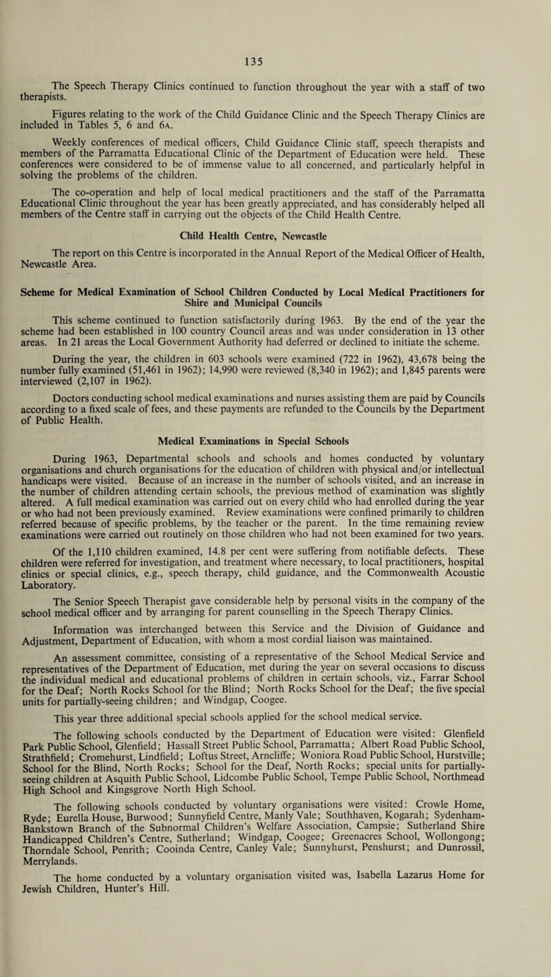 The Speech Therapy Clinics continued to function throughout the year with a staff of two therapists. Figures relating to the work of the Child Guidance Clinic and the Speech Therapy Clinics are included in Tables 5, 6 and 6a. Weekly conferences of medical officers, Child Guidance Clinic staff, speech therapists and members of the Parramatta Educational Clinic of the Department of Education were held. These conferences were considered to be of immense value to all concerned, and particularly helpful in solving the problems of the children. The co-operation and help of local medical practitioners and the staff of the Parramatta Educational Clinic throughout the year has been greatly appreciated, and has considerably helped all members of the Centre staff in carrying out the objects of the Child Health Centre. Child Health Centre, Newcastle The report on this Centre is incorporated in the Annual Report of the Medical Officer of Health, Newcastle Area. Scheme for Medical Examination of School Children Conducted by Local Medical Practitioners for Shire and Municipal Councils This scheme continued to function satisfactorily during 1963. By the end of the year the scheme had been established in 100 country Council areas and was under consideration in 13 other areas. In 21 areas the Local Government Authority had deferred or declined to initiate the scheme. During the year, the children in 603 schools were examined (722 in 1962), 43,678 being the number fully examined (51,461 in 1962); 14,990 were reviewed (8,340 in 1962); and 1,845 parents were interviewed (2,107 in 1962). Doctors conducting school medical examinations and nurses assisting them are paid by Councils according to a fixed scale of fees, and these payments are refunded to the Councils by the Department of Public Health. Medical Examinations in Special Schools During 1963, Departmental schools and schools and homes conducted by voluntary organisations and church organisations for the education of children with physical and/or intellectual handicaps were visited. Because of an increase in the number of schools visited, and an increase in the number of children attending certain schools, the previous method of examination was slightly altered. A full medical examination was carried out on every child who had enrolled during the year or who had not been previously examined. Review examinations were confined primarily to children referred because of specific problems, by the teacher or the parent. In the time remaining review examinations were carried out routinely on those children who had not been examined for two years. Of the 1,110 children examined, 14.8 per cent were suffering from notifiable defects. These children were referred for investigation, and treatment where necessary, to local practitioners, hospital clinics or special clinics, e.g., speech therapy, child guidance, and the Commonwealth Acoustic Laboratory. The Senior Speech Therapist gave considerable help by personal visits in the company of the school medical officer and by arranging for parent counselling in the Speech Therapy Clinics. Information was interchanged between this Service and the Division of Guidance and Adjustment, Department of Education, with whom a most cordial liaison was maintained. An assessment committee, consisting of a representative of the School Medical Service and representatives of the Department of Education, met during the year on several occasions to discuss the individual medical and educational problems of children in certain schools, viz., Farrar School for the Deaf; North Rocks School for the Blind; North Rocks School for the Deaf; the five special units for partially-seeing children; and Windgap, Coogee. This year three additional special schools applied for the school medical service. The following schools conducted by the Department of Education were visited: Glenfield Park Public School, Glenfield; Hassall Street Public School, Parramatta; Albert Road Public School, Strathfield; Cromehurst, Lindfield; Loftus Street, Arncliffe; Woniora Road Public School, Hurstville; School for the Blind, North Rocks; School for the Deaf, North Rocks; special units for partially- seeing children at Asquith Public School, Lidcombe Public School, Tempe Public School, Northmead High School and Kingsgrove North High School. The following schools conducted by voluntary organisations were visited: Crowle Home, Ryde; Eurella House, Burwood; Sunnyfield Centre, Manly Vale; Southhaven, Kogarah; Sydenham- Bankstown Branch of the Subnormal Children’s Welfare Association, Campsie; Sutherland Shire Handicapped Children’s Centre, Sutherland; Windgap, Coogee; Greenacres School, Wollongong; Thorndale School, Penrith; Cooinda Centre, Canley Vale; Sunnyhurst, Penshurst; and Dunrossil, Merrylands. The home conducted by a voluntary organisation visited was, Isabella Lazarus Home for Jewish Children, Hunter’s Hill.