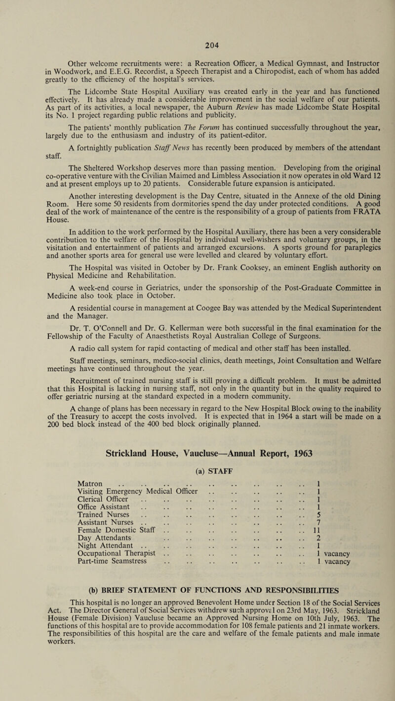 Other welcome recruitments were: a Recreation Officer, a Medical Gymnast, and Instructor in Woodwork, and E.E.G. Recordist, a Speech Therapist and a Chiropodist, each of whom has added greatly to the efficiency of the hospital’s services. The Lidcombe State Hospital Auxiliary was created early in the year and has functioned effectively. It has already made a considerable improvement in the social welfare of our patients. As part of its activities, a local newspaper, the Auburn Review has made Lidcombe State Hospital its No. 1 project regarding public relations and publicity. The patients’ monthly publication The Forum has continued successfully throughout the year, largely due to the enthusiasm and industry of its patient-editor. A fortnightly publication Staff News has recently been produced by members of the attendant staff. The Sheltered Workshop deserves more than passing mention. Developing from the original co-operative venture with the Civilian Maimed and Limbless Association it now operates in old Ward 12 and at present employs up to 20 patients. Considerable future expansion is anticipated. Another interesting development is the Day Centre, situated in the Annexe of the old Dining Room. Here some 50 residents from dormitories spend the day under protected conditions. A good deal of the work of maintenance of the centre is the responsibility of a group of patients from FRATA House. In addition to the work performed by the Hospital Auxiliary, there has been a very considerable contribution to the welfare of the Hospital by individual well-wishers and voluntary groups, in the visitation and entertainment of patients and arranged excursions. A sports ground for paraplegics and another sports area for general use were levelled and cleared by voluntary effort. The Hospital was visited in October by Dr. Frank Cooksey, an eminent English authority on Physical Medicine and Rehabilitation. A week-end course in Geriatrics, under the sponsorship of the Post-Graduate Committee in Medicine also took place in October. A residential course in management at Coogee Bay was attended by the Medical Superintendent and the Manager. Dr. T. O’Connell and Dr. G. Kellerman were both successful in the final examination for the Fellowship of the Faculty of Anaesthetists Royal Australian College of Surgeons. A radio call system for rapid contacting of medical and other staff has been installed. Staff meetings, seminars, medico-social clinics, death meetings, Joint Consultation and Welfare meetings have continued throughout the year. Recruitment of trained nursing staff is still proving a difficult problem. It must be admitted that this Hospital is lacking in nursing staff, not only in the quantity but in the quality required to offer geriatric nursing at the standard expected in a modern community. A change of plans has been necessary in regard to the New Hospital Block owing to the inability of the Treasury to accept the costs involved. It is expected that in 1964 a start will be made on a 200 bed block instead of the 400 bed block originally planned. Strickland House, Vaucluse—Annual Report, 1963 (a) STAFF Matron Visiting Emergency Medical Officer Clerical Officer Office Assistant Trained Nurses Assistant Nurses Female Domestic Staff Day Attendants Night Attendant Occupational Therapist Part-time Seamstress 1 1 1 1 5 7 11 2 1 1 vacancy 1 vacancy (b) BRIEF STATEMENT OF FUNCTIONS AND RESPONSIBILITIES This hospital is no longer an approved Benevolent Home under Section 18 of the Social Services Act. The Director General of Social Services withdrew such approval on 23rd May, 1963. Strickland House (Female Division) Vaucluse became an Approved Nursing Home on 10th July, 1963. The functions of this hospital are to provide accommodation for 108 female patients and 21 inmate workers. The responsibilities of this hospital are the care and welfare of the female patients and male inmate workers.