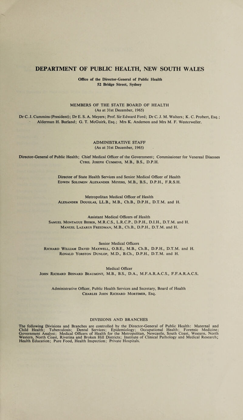 DEPARTMENT OF PUBLIC HEALTH, NEW SOUTH WALES Office of the Director-General of Public Health 52 Bridge Street, Sydney MEMBERS OF THE STATE BOARD OF HEALTH (As at 31st December, 1965) Dr C. J. Cummins (President); Dr E. S. A. Meyers; Prof. Sir Edward Ford; Dr C. J. M. Walters; K. C. Probert, Esq.; Alderman H. Burland; G. T. McGuirk, Esq.; Mrs K. Anderson and Mrs M. F. Westerweller. ADMINISTRATIVE STAFF (As at 31st December, 1965) Director-General of Public Health; Chief Medical Officer of the Government; Commissioner for Venereal Diseases Cyril Joseph Cummins, M.B., B.S., D.P.H. Director of State Health Services and Senior Medical Officer of Health Edwin Solomon Alexander Meyers, M.B., B.S., D.P.H., F.R.S.H. Metropolitan Medical Officer of Health Alexander Douglas, LL.B., M.B., Ch.B., D.P.H., D.T.M. and H. Assistant Medical Officers of Health Samuel Montague Bieber, M.R.C.S., L.R.C.P., D.P.H., D.I.H., D.T.M. and H. Manuel Lazarus Freedman, M.B., Ch.B., D.P.H., D.T.M. and H. Senior Medical Officers Richard William David Maxwell, O.B.E., M.B., Ch.B., D.P.H., D.T.M. and H. Ronald Yorston Dunlop, M.D., B.Ch., D.P.H., D.T.M. and H. Medical Officer John Richard Besnard Beaumont, M.B., B.S., D.A., M.F.A.R.A.C.S., F.F.A.R.A.C.S. Administrative Officer, Public Health Services and Secretary, Board of Health Charles John Richard Mortimer, Esq. DIVISIONS AND BRANCHES The following Divisions and Branches are controlled by the Director-General of Public Health: Maternal and Child Health; Tuberculosis; Dental Services; Epidemiology; Occupational Health; Forensic Medicine; Government Analyst; Medical Officers of Health for the Metropolitan, Newcastle, South Coast, Western. North Western, North Coast, Riverina and Broken Hill Districts; Institute of Clinical Pathology and Medical Research; Health Education; Pure Food, Health Inspection; Private Hospitals.