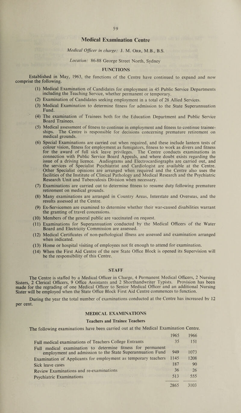 Medical Examination Centre Medical Officer in charge: J. M. Orr, M.B., B.S. Location: 86-88 George Street North, Sydney FUNCTIONS Established in May, 1963, the functions of the Centre have continued to expand and now comprise the following. (1) Medical Examination of Candidates for employment in 45 Public Service Departments including the Teaching Service, whether permanent or temporary. (2) Examination of Candidates seeking employment in a total of 28 Allied Services. (3) Medical Examination to determine fitness for admission to the State Superannuation Fund. (4) The examination of Trainees both for the Education Department and Public Service Board Trainees. (5) Medical assessment of fitness to continue in employment and fitness to continue trainee- ships. The Centre is responsible for decisions concerning premature retirement on medical grounds. (6) Special Examinations are carried out when required, and these include lantern tests of colour vision, fitness for employment as fumigators, fitness to work as divers and fitness for the award of full sick leave privileges. The Centre conducts examinations in connection with Public Service Board Appeals, and where doubt exists regarding the issue of a driving licence. Audiograms and Electrocardiographs are carried out, and the services of Specialist Psychiatrist and Cardiologist are available at the Centre. Other Specialist opinions are arranged when required and the Centre also uses the facilities of the Institute of Clinical Pathology and Medical Research and the Psychiatric Research Unit and Tuberculosis Division when necessary. (7) Examinations are carried out to determine fitness to resume duty following premature retirement on medical grounds. (8) Many examinations are arranged in Country Areas, Interstate and Overseas, and the results assessed at the Centre. (9) Ex-Servicemen are examined to determine whether their war-caused disabilities warrant the granting of travel concessions. (10) Members of the general public are vaccinated on request. (11) Examinations for Superannuation conducted by the Medical Officers of the Water Board and Electricity Commission are assessed. (12) Medical Certificates of non-pathological illness are assessed and examination arranged when indicated. (13) Home or hospital visiting of employees not fit enough to attend for examination. (14) When the First Aid Centre of the new State Office Block is opened its Supervision will be the responsibility of this Centre. STAFF The Centre is staffed by a Medical Officer in Charge, 4 Permanent Medical Officers, 2 Nursing Sisters, 2 Clerical Officers, 9 Office Assistants and 2 Shorthandwriter Typists. Provision has been made for the regrading of one Medical Officer to Senior Medical Officer and an additional Nursing Sister will be employed when the State Office Block First Aid Centre commences to function. During the year the total number of examinations conducted at the Centre has increased bv 12 per cent. MEDICAL EXAMINATIONS Teachers and Trainee Teachers The following examinations have been carried out at the Medical Examination Centre. Full medical examinations of Teachers College Entrants 1965 35 1966 151 Full medical examination to determine fitness for permanent employment and admission to the State Superannuation Fund 949 1073 Examination of Applicants for employment as temporary teachers 1145 1208 Sick leave cases 187 90 Review Examinations and re-examinations 36 26 Psychiatric Examinations 513 555 2865 3103