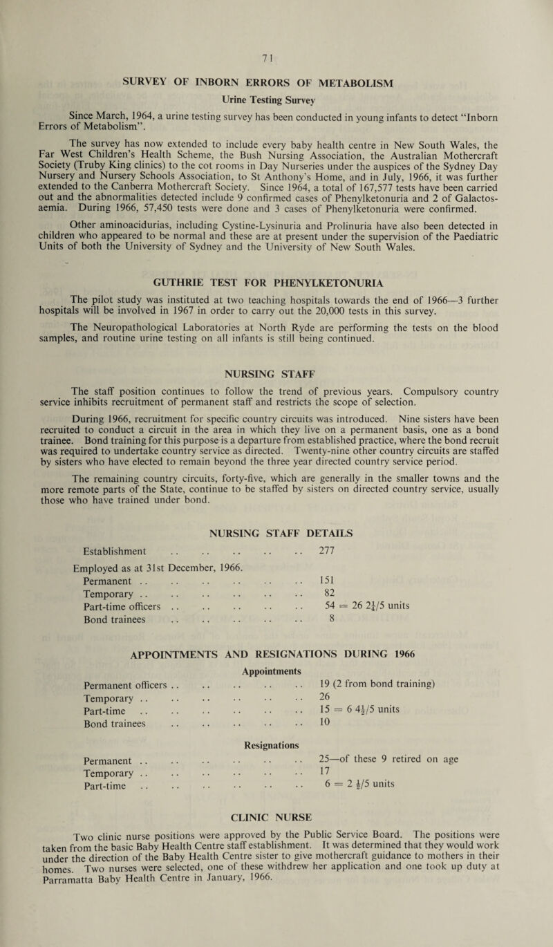 SURVEY OF INBORN ERRORS OF METABOLISM Urine Testing Survey Since March, 1964, a urine testing survey has been conducted in young infants to detect “Inborn Errors of Metabolism”. The survey has now extended to include every baby health centre in New South Wales, the Far West Children’s Health Scheme, the Bush Nursing Association, the Australian Mothercraft Society (Truby King clinics) to the cot rooms in Day Nurseries under the auspices of the Sydney Day Nursery and Nursery Schools Association, to St Anthony’s Home, and in July, 1966, it was further extended to the Canberra Mothercraft Society. Since 1964, a total of 167,577 tests have been carried out and the abnormalities detected include 9 confirmed cases of Phenylketonuria and 2 of Galactos- aemia. During 1966, 57,450 tests were done and 3 cases of Phenylketonuria were confirmed. Other aminoacidurias, including Cystine-Lysinuria and Prolinuria have also been detected in children who appeared to be normal and these are at present under the supervision of the Paediatric Units of both the University of Sydney and the University of New South Wales. GUTHRIE TEST FOR PHENYLKETONURIA The pilot study was instituted at two teaching hospitals towards the end of 1966—3 further hospitals will be involved in 1967 in order to carry out the 20,000 tests in this survey. The Neuropathological Laboratories at North Ryde are performing the tests on the blood samples, and routine urine testing on all infants is still being continued. NURSING STAFF The staff position continues to follow the trend of previous years. Compulsory country service inhibits recruitment of permanent staff and restricts the scope of selection. During 1966, recruitment for specific country circuits was introduced. Nine sisters have been recruited to conduct a circuit in the area in which they live on a permanent basis, one as a bond trainee. Bond training for this purpose is a departure from established practice, where the bond recruit was required to undertake country service as directed. Twenty-nine other country circuits are staffed by sisters who have elected to remain beyond the three year directed country service period. The remaining country circuits, forty-five, which are generally in the smaller towns and the more remote parts of the State, continue to be staffed by sisters on directed country service, usually those who have trained under bond. NURSING STAFF DETAILS Establishment .. .. .. .. .. 277 Employed as at 31st December, 1966. Permanent Temporary Part-time officers Bond trainees 151 82 54 = 8 26 2J/5 units APPOINTMENTS AND RESIGNATIONS DURING 1966 Permanent officers .. Temporary Part-time Bond trainees Appointments 19 (2 from bond training) .. 26 15 — 6 4J-/5 units .. 10 Permanent .. Temporary .. Part-time Resignations 25—of these 9 retired on age .. 17 6 = 2 |/5 units CLINIC NURSE Two clinic nurse positions were approved by the Public Service Board. The positions were taken from the basic Baby Health Centre staff establishment. It was determined that they would work under the direction of the Baby Health Centre sister to give mothercraft guidance to mothers in their homes. Two nurses were selected, one of these withdrew her application and one took up duty at Parramatta Baby Health Centre in January, 1966.
