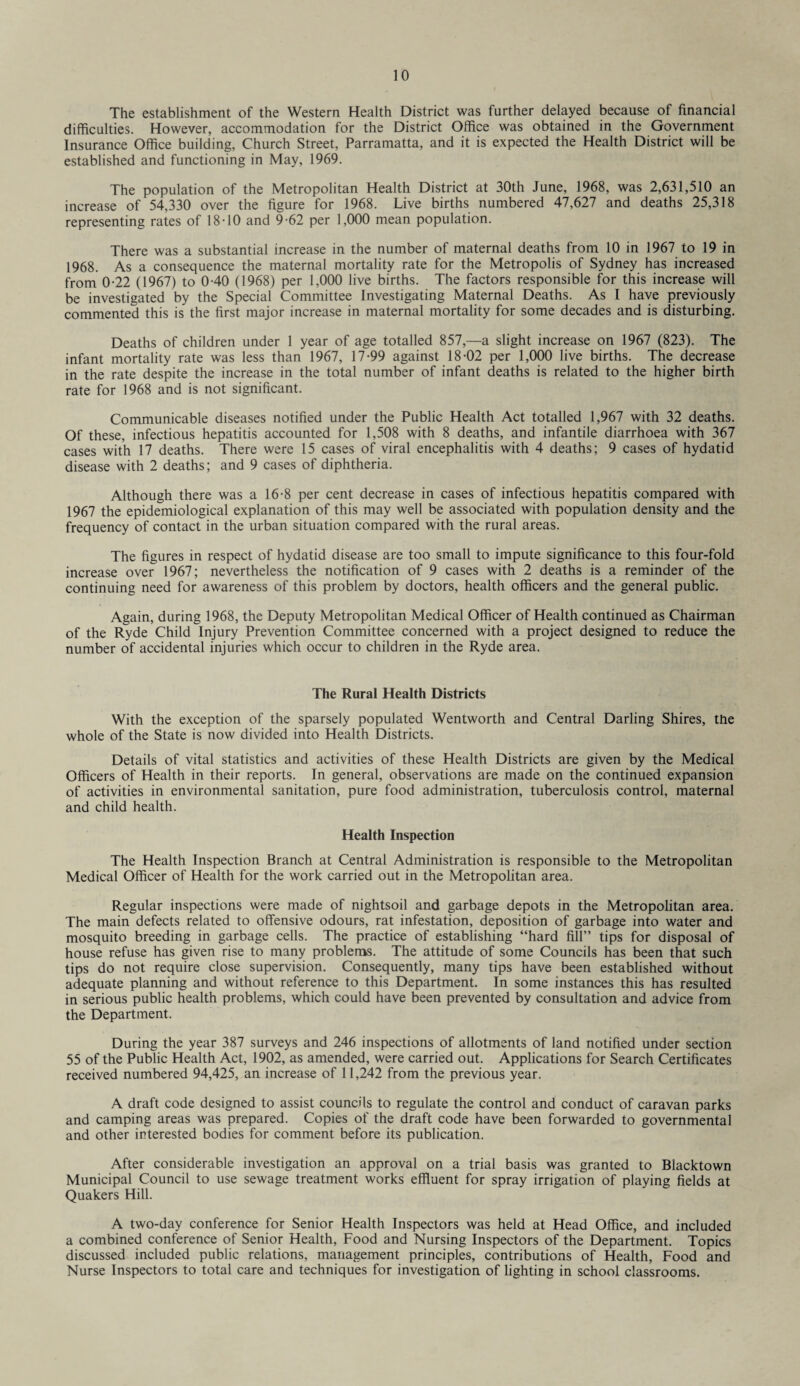 The establishment of the Western Health District was further delayed because of financial difficulties. However, accommodation for the District Office was obtained in the Government Insurance Office building. Church Street, Parramatta, and it is expected the Health District will be established and functioning in May, 1969. The population of the Metropolitan Health District at 30th June, 1968, was 2,631,510 an increase of 54,330 over the figure for 1968. Live births numbered 47,627 and deaths 25,318 representing rates of 18-10 and 9-62 per 1,000 mean population. There was a substantial increase in the number of maternal deaths from 10 in 1967 to 19 in 1968. As a consequence the maternal mortality rate for the Metropolis of Sydney has increased from 0-22 (1967) to 0-40 (1968) per 1,000 live births. The factors responsible for this increase will be investigated by the Special Committee Investigating Maternal Deaths. As I have previously commented this is the first major increase in maternal mortality for some decades and is disturbing. Deaths of children under 1 year of age totalled 857,—a slight increase on 1967 (823). The infant mortality rate was less than 1967, 17-99 against 18-02 per 1,000 live births. The decrease in the rate despite the increase in the total number of infant deaths is related to the higher birth rate for 1968 and is not significant. Communicable diseases notified under the Public Health Act totalled 1,967 with 32 deaths. Of these, infectious hepatitis accounted for 1,508 with 8 deaths, and infantile diarrhoea with 367 cases with 17 deaths. There were 15 cases of viral encephalitis with 4 deaths; 9 cases of hydatid disease with 2 deaths; and 9 cases of diphtheria. Although there was a 16-8 per cent decrease in cases of infectious hepatitis compared with 1967 the epidemiological explanation of this may well be associated with population density and the frequency of contact in the urban situation compared with the rural areas. The figures in respect of hydatid disease are too small to impute significance to this four-fold increase over 1967; nevertheless the notification of 9 cases with 2 deaths is a reminder of the continuing need for awareness of this problem by doctors, health officers and the general public. Again, during 1968, the Deputy Metropolitan Medical Officer of Health continued as Chairman of the Ryde Child Injury Prevention Committee concerned with a project designed to reduce the number of accidental injuries which occur to children in the Ryde area. The Rural Health Districts With the exception of the sparsely populated Wentworth and Central Darling Shires, the whole of the State is now divided into Health Districts. Details of vital statistics and activities of these Health Districts are given by the Medical Officers of Health in their reports. In general, observations are made on the continued expansion of activities in environmental sanitation, pure food administration, tuberculosis control, maternal and child health. Health Inspection The Health Inspection Branch at Central Administration is responsible to the Metropolitan Medical Officer of Health for the work carried out in the Metropolitan area. Regular inspections were made of nightsoil and garbage depots in the Metropolitan area. The main defects related to offensive odours, rat infestation, deposition of garbage into water and mosquito breeding in garbage cells. The practice of establishing “hard fill” tips for disposal of house refuse has given rise to many problems. The attitude of some Councils has been that such tips do not require close supervision. Consequently, many tips have been established without adequate planning and without reference to this Department. In some instances this has resulted in serious public health problems, which could have been prevented by consultation and advice from the Department. During the year 387 surveys and 246 inspections of allotments of land notified under section 55 of the Public Health Act, 1902, as amended, were carried out. Applications for Search Certificates received numbered 94,425, an increase of 11,242 from the previous year. A draft code designed to assist councils to regulate the control and conduct of caravan parks and camping areas was prepared. Copies of the draft code have been forwarded to governmental and other interested bodies for comment before its publication. After considerable investigation an approval on a trial basis was granted to Blacktown Municipal Council to use sewage treatment works effluent for spray irrigation of playing fields at Quakers Hill. A two-day conference for Senior Health Inspectors was held at Head Office, and included a combined conference of Senior Health, Food and Nursing Inspectors of the Department. Topics discussed included public relations, management principles, contributions of Health, Food and Nurse Inspectors to total care and techniques for investigation of lighting in school classrooms.