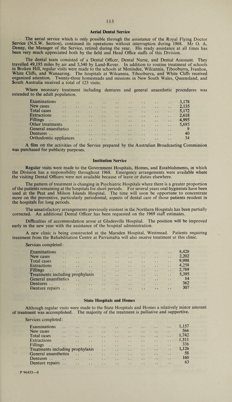 Aerial Dental Service The aerial service which is only possible through the assistance of the Royal Flying Doctor Service (N.S.W. Section), continued its operations without interruption during 1968. Mr O. A. Denny, the Manager of the Service, retired during the year. His ready assistance at all times has been very much appreciated both by the field and Head Office staffs of this Division. The dental team consisted of a Dental Officer, Dental Nurse, and Dental Assistant. They travelled 49,195 miles by air and 5,540 by Land-Rover. In addition to routine treatment of schools in Broken Hill, regular visits were made to the schools at Menindee, Wilcannia, Tibooburra, Ivanhoe, White Cliffs, and Wanaaring. The hospitals at Wilcannia, Tibooburra, and White Cliffs received organized attention. Twenty-three homesteads and missions in New South Wales, Queensland, and South Australia received a total of 123 visits. Where necessary treatment including dentures and general anaesthetic procedures was extended to the adult population. Examinations .. .. .. .. .. .. .. .. .. 3,178 New cases .. .. .. .. .. .. .. .. .. 2,135 Total cases .. .. .. .. .. .. .. .. .. 5,172 Extractions .. .. .. .. .. „. ,. .. .. 2,618 Fillings. .. „, .. .. 4,995 Other treatments .. .. .. .. .. .. .. .. 5,695 General anaesthetics .. .. .. .. .. .. .. .. 9 Dentures .. .. .. .. .. .. .. .. .. .. 40 Orthodontic appliances .. .. .. .. .. .. .. 34 A film on the activities of the Service prepared by the Australian Broadcasting Commission was purchased for publicity purposes. Institution Service Regular visits were made to the Government Hospitals, Homes, and Establishments, in which the Division has a responsibility throughout 1968. Emergency arrangements were available where the visiting Dental Officers were not available because of leave or duties elsewhere. The pattern of treatment is changing in Psychiatric Hospitals where there is a greater proportion of the patients remaining at the hospitals for short periods. For several years oral hygienists have been used at the Peat and Milson Islands Hospital. The time will soon be opportune to concentrate more on the preventive, particularly periodontal, aspects of dental care of those patients resident in the hospitals for long periods. The unsatisfactory arrangements previously existent in the Northern Hospitals has been partially corrected. An additional Dental Officer has been requested on the 1969 staff estimates. Difficulties of accommodation arose at Gladesville Hospital. The position will be improved early in the new year with the assistance of the hospital administration. A new clinic is being constructed at the Marsden Hospital, Westmead. Patients requiring treatment from the Rehabilitation Centre at Parramatta will also receive treatment at this clinic. Services completed: Examinations .. .. .. .. .. .. .. .. .. 8,428 New cases .. .. .. .. .. .. .. .. .. 2,202 Total cases .. .. .. .. .. .. .. .. .. 9,998 Extractions .. .. .. .. .. .. .. .. .. 4,258 Fillings .. .. .. .. .. .. .. .. • • • • 2,789 Treatments including prophylaxis .. .. .. .. .. .. 5,395 General anaesthetics .. .. .. .. .. .. .. .. 84 Dentures .. .. .. .. .. .. .. -. • • • • 362 Denture repairs .. .. .. .. .. .. .. •. .. 307 State Hospitals and Homes Although regular visits were made to the State Hospitals and Homes a relatively minor amount of treatment was accomplished. The majority of the treatment is palliative and supportive. Services completed: Examinations ., .. .. .. .. .. .. • • • • 1,157 New cases .. .. .. >. .. .. .. • • • • 566 Total cases .. .. .. .. .. .. .. .. •• 1,742 Extractions .. .. .. .. .. .. .. •• •• 1*511 Fillings .. .. .. .. .. .. .. • • • • • • 336 Treatments including prophylaxis .. .. .. .. .. • • 1,126 General anaesthetics .. .. .. .. .. .. • • • • 58 Dentures .. .. .. .. .. .. . .. • • • • 160 Denture repairs .. .. .. .. .. .. .. • • • • 63 P 96453—8
