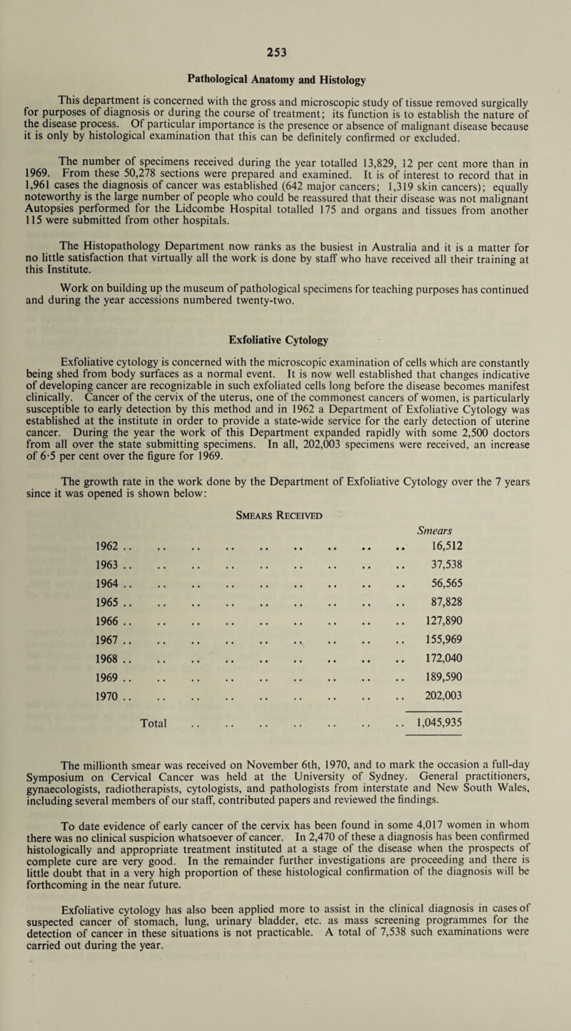 Pathological Anatomy and Histology This department is concerned with the gross and microscopic study of tissue removed surgically for purposes of diagnosis or during the course of treatment; its function is to establish the nature of the disease process. Of particular importance is the presence or absence of malignant disease because it is only by histological examination that this can be definitely confirmed or excluded. The number of specimens received during the year totalled 13,829, 12 per cent more than in 1969. From these 50,278 sections were prepared and examined. It is of interest to record that in 1,961 cases the diagnosis of cancer was established (642 major cancers; 1,319 skin cancers); equally noteworthy is the large number of people who could be reassured that their disease was not malignant Autopsies performed for the Lidcombe Hospital totalled 175 and organs and tissues from another 115 were submitted from other hospitals. The Histopathology Department now ranks as the busiest in Australia and it is a matter for no little satisfaction that virtually all the work is done by staff who have received all their training at this Institute. Work on building up the museum of pathological specimens for teaching purposes has continued and during the year accessions numbered twenty-two. Exfoliative Cytology Exfoliative cytology is concerned with the microscopic examination of cells which are constantly being shed from body surfaces as a normal event. It is now well established that changes indicative of developing cancer are recognizable in such exfoliated cells long before the disease becomes manifest clinically. Cancer of the cervix of the uterus, one of the commonest cancers of women, is particularly susceptible to early detection by this method and in 1962 a Department of Exfoliative Cytology was established at the institute in order to provide a state-wide service for the early detection of uterine cancer. During the year the work of this Department expanded rapidly with some 2,500 doctors from all over the state submitting specimens. In all, 202,003 specimens were received, an increase of 6-5 per cent over the figure for 1969. The growth rate in the work done by the Department of Exfoliative Cytology over the 7 years since it was opened is shown below: Smears Received 1962 . 1963 . 1964 . 1965 . 1966 . 1967 . 1968 . 1969 . 1970 . Total Smears 16,512 37,538 56,565 87,828 127,890 155,969 172,040 189,590 202,003 .. 1,045,935 The millionth smear was received on November 6th, 1970, and to mark the occasion a full-day Symposium on Cervical Cancer was held at the University of Sydney. General practitioners, gynaecologists, radiotherapists, cytologists, and pathologists from interstate and New South Wales, including several members of our staff, contributed papers and reviewed the findings. To date evidence of early cancer of the cervix has been found in some 4,017 women in whom there was no clinical suspicion whatsoever of cancer. In 2,470 of these a diagnosis has been confirmed histologically and appropriate treatment instituted at a stage of the disease when the prospects of complete cure are very good. In the remainder further investigations are proceeding and there is little doubt that in a very high proportion of these histological confirmation of the diagnosis will be forthcoming in the near future. Exfoliative cytology has also been applied more to assist in the clinical diagnosis in cases of suspected cancer of stomach, lung, urinary bladder, etc. as mass screening programmes for the detection of cancer in these situations is not practicable. A total of 7,538 such examinations were carried out during the year.