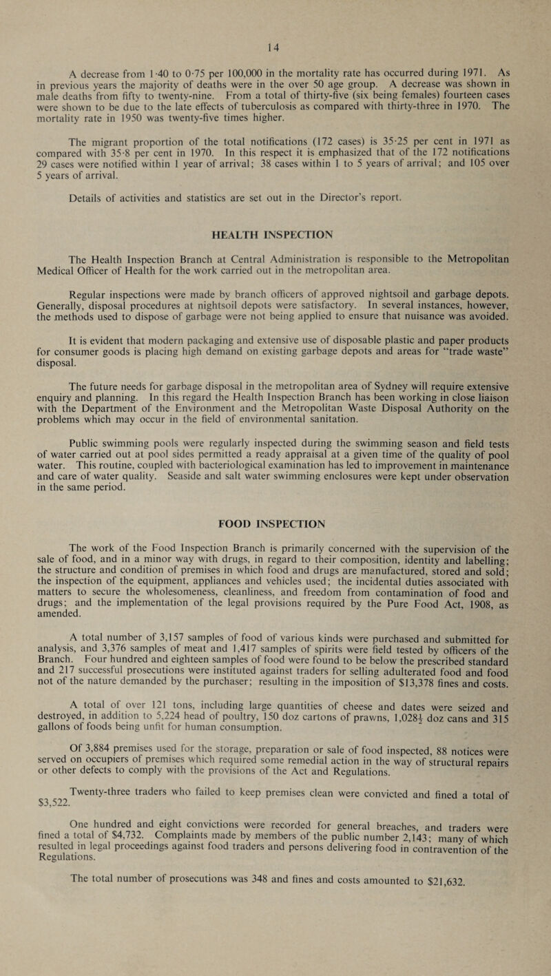 A decrease from 1 -40 to 0-75 per 100,000 in the mortality rate has occurred during 1971. As in previous years the majority of deaths were in the over 50 age group. A decrease was shown in male deaths from fifty to twenty-nine. From a total of thirty-five (six being females) fourteen cases were shown to be due to the late effects of tuberculosis as compared with thirty-three in 1970. The mortality rate in 1950 was twenty-five times higher. The migrant proportion of the total notifications (172 cases) is 35-25 per cent in 1971 as compared with 35-8 per cent in 1970. In this respect it is emphasized that of the 172 notifications 29 cases were notified within 1 year of arrival; 38 cases within 1 to 5 years of arrival; and 105 over 5 years of arrival. Details of activities and statistics are set out in the Director’s report. HEALTH INSPECTION The Health Inspection Branch at Central Administration is responsible to the Metropolitan Medical Officer of Health for the work carried out in the metropolitan area. Regular inspections were made by branch officers of approved nightsoil and garbage depots. Generally, disposal procedures at nightsoil depots were satisfactory. In several instances, however, the methods used to dispose of garbage were not being applied to ensure that nuisance was avoided. It is evident that modern packaging and extensive use of disposable plastic and paper products for consumer goods is placing high demand on existing garbage depots and areas for “trade waste” disposal. The future needs for garbage disposal in the metropolitan area of Sydney will require extensive enquiry and planning. In this regard the Health Inspection Branch has been working in close liaison with the Department of the Environment and the Metropolitan Waste Disposal Authority on the problems which may occur in the field of environmental sanitation. Public swimming pools were regularly inspected during the swimming season and field tests of water carried out at pool sides permitted a ready appraisal at a given time of the quality of pool water. This routine, coupled with bacteriological examination has led to improvement in maintenance and care of water quality. Seaside and salt water swimming enclosures were kept under observation in the same period. FOOD INSPECTION The work of the Food Inspection Branch is primarily concerned with the supervision of the sale of food, and in a minor way with drugs, in regard to their composition, identity and labelling; the structure and condition of premises in which food and drugs are manufactured, stored and sold; the inspection of the equipment, appliances and vehicles used; the incidental duties associated with matters to secure the wholesomeness, cleanliness, and freedom from contamination of food and drugs; and the implementation of the legal provisions required by the Pure Food Act, 1908, as amended. A total number of 3,157 samples of food of various kinds were purchased and submitted for analysis, and 3,376 samples of meat and 1,417 samples of spirits were field tested by officers of the Branch. Four hundred and eighteen samples of food were found to be below the prescribed standard and 217 successful prosecutions were instituted against traders for selling adulterated food and food not of the nature demanded by the purchaser; resulting in the imposition of $13,378 fines and costs. A total of over 121 tons, including large quantities of cheese and dates were seized and destroyed, in addition to 5,224 head of poultry, 150 doz cartons of prawns, 1,028| doz cans and 315 gallons of foods being unfit for human consumption. Of 3,884 premises used for the storage, preparation or sale of food inspected, 88 notices were served on occupiers of premises which required some remedial action in the way of structural repairs or other defects to comply with the provisions of the Act and Regulations. Twenty-three traders who failed to keep premises clean were convicted and fined a total of One hundred and eight convictions were recorded for general breaches, and traders were fined a total of $4,732. Complaints made by members of the public number 2,143; many of which resulted in legal proceedings against food traders and persons delivering food in’ contravention of the Regulations. The total number of prosecutions was 348 and fines and costs amounted to $21,632.