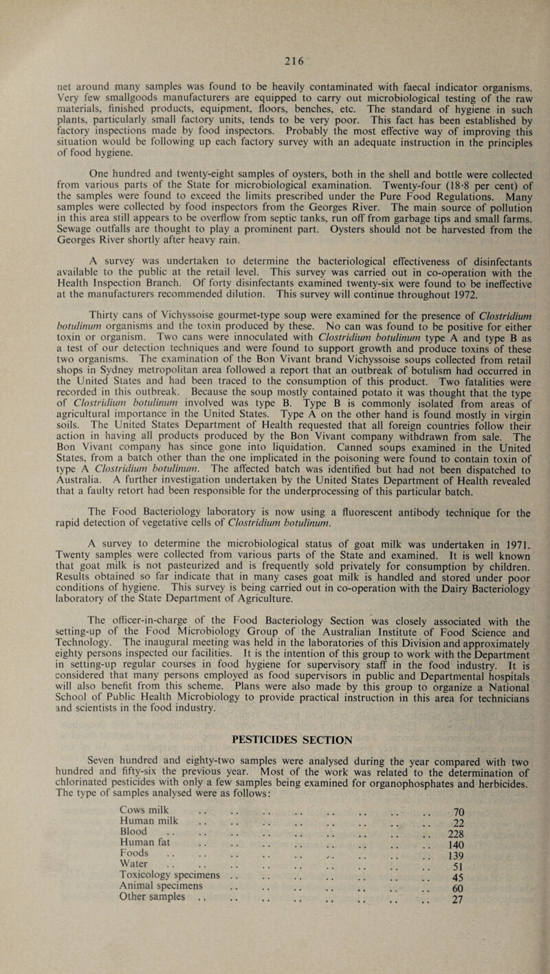 net around many samples was found to be heavily contaminated with faecal indicator organisms. Very few smallgoods manufacturers are equipped to carry out microbiological testing of the raw materials, finished products, equipment, floors, benches, etc. The standard of hygiene in such plants, particularly small factory units, tends to be very poor. This fact has been established by factory inspections made by food inspectors. Probably the most effective way of improving this situation would be following up each factory survey with an adequate instruction in the principles of food hygiene. One hundred and twenty-eight samples of oysters, both in the shell and bottle were collected from various parts of the State for microbiological examination. Twenty-four (18-8 per cent) of the samples were found to exceed the limits prescribed under the Pure Food Regulations. Many samples were collected by food inspectors from the Georges River. The main source of pollution in this area still appears to be overflow from septic tanks, run off from garbage tips and small farms. Sewage outfalls are thought to play a prominent part. Oysters should not be harvested from the Georges River shortly after heavy rain. A survey was undertaken to determine the bacteriological effectiveness of disinfectants available to the public at the retail level. This survey was carried out in co-operation with the Health Inspection Branch. Of forty disinfectants examined twenty-six were found to be ineffective at the manufacturers recommended dilution. This survey will continue throughout 1972. Thirty cans of Vichyssoise gourmet-type soup were examined for the presence of Clostridium botulinum organisms and the toxin produced by these. No can was found to be positive for either toxin or organism. Two cans were innoculated with Clostridium botulinum type A and type B as a test of our detection techniques and were found to support growth and produce toxins of these two organisms. The examination of the Bon Vivant brand Vichyssoise soups collected from retail shops in Sydney metropolitan area followed a report that an outbreak of botulism had occurred in the United States and had been traced to the consumption of this product. Two fatalities were recorded in this outbreak. Because the soup mostly contained potato it was thought that the type of Clostridium botulinum involved was type B. Type B is commonly isolated from areas of agricultural importance in the United States. Type A on the other hand is found mostly in virgin soils. The United States Department of Health requested that all foreign countries follow their action in having all products produced by the Bon Vivant company withdrawn from sale. The Bon Vivant company has since gone into liquidation. Canned soups examined in the United States, from a batch other than the one implicated in the poisoning were found to contain toxin of type A Clostridium botulinum. The affected batch was identified but had not been dispatched to Australia. A further investigation undertaken by the United States Department of Health revealed that a faulty retort had been responsible for the underprocessing of this particular batch. The Food Bacteriology laboratory is now using a fluorescent antibody technique for the rapid detection of vegetative cells of Clostridium botulinum. A survey to determine the microbiological status of goat milk was undertaken in 1971. Twenty samples were collected from various parts of the State and examined. It is well known that goat milk is not pasteurized and is frequently sold privately for consumption by children. Results obtained so far indicate that in many cases goat milk is handled and stored under poor conditions of hygiene. This survey is being carried out in co-operation with the Dairy Bacteriology laboratory of the State Department of Agriculture. The officer-in-charge of the Food Bacteriology Section was closely associated with the setting-up of the Food Microbiology Group of the Australian Institute of Food Science and Technology. The inaugural meeting was held in the laboratories of this Division and approximately eighty persons inspected our facilities. It is the intention of this group to work with the Department in setting-up regular courses in food hygiene for supervisory staff in the food industry. It is considered that many persons employed as food supervisors in public and Departmental hospitals will also benefit from this scheme. Plans were also made by this group to organize a National School of Public Health Microbiology to provide practical instruction in this area for technicians and scientists in the food industry. PESTICIDES SECTION Seven hundred and eighty-two samples were analysed during the year compared with two hundred and fifty-six the previous year. Most of the work was related to the determination of chlorinated pesticides with only a few samples being examined for organophosphates and herbicides. The type of samples analysed were as follows: Cows milk .. .. .. .. .. ,. .. t, 70 Human milk .. .. .. .. .. .. _ 22 Blood .. .. .. .. .. .. ,. _ 228 Human fat .. .. .. .. .. t 140 Foods .. .. .. .. ., t # ]39 Water .. .. . . .. .. .. _ 51 Toxicology specimens .. .. . ' ,. .. 45 Animal specimens .. .. .. .. , t , 50 Other samples. ’ ’ 27
