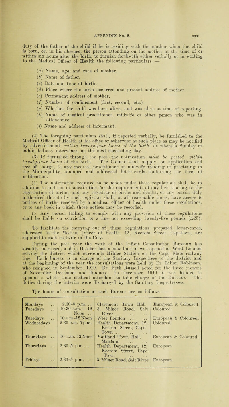 duty of the father of the child if he is residing with the mother when the child is born, or, in his absence, the person attending on the mother at the time of or within six hours after the birth, to furnish forthwith either verbally or in writing to the Medical Officer of Health the following particulars: — (a) Name, age, and race of mother. (b) Name of father. (c) Date and time of birth. (id) Place where the birth occurred and present address of mother. (e) Permanent address of mother. (/) Number of confinement (first, second, etc.) (ff) Whether the child was born alive, and was alive at time of reporting. (h) Name of medical practitioner, midwife or other person who was in attendance. (i) Name and address of informant. (2) The foregoing particulars shall, if reported verbally, be furnished to the Medical Officer of Health at his office or otherwise at such place as may be notified by advertisement, within twenty-four ltours of the birth, or where a Sunday or public holiday intervenes, on the next succeeding day. (3) If furnished through the post, the notification must be posted within twenty-four hours of the birth. The Council shall supply, on application and free of charge, to any medical practitioner or midwife residing or practising in the Municipality, stamped and addressed letter-cards containing the form of notification. (4) The notification required to be made under these regulations shall be in addition to and not in substitution for the requirements of any law relating to the registration of births, and any registrar of births and deaths, or any person duly authorised thereto by such registrar shall, at all reasonable times, have access to notices of births received by a medical officer of health under these regulations, or to any book in which those notices may be recorded. (5 Any person failing to comply with any provision of these regulations shall be liable on conviction to a fine not exceeding* twenty-five pounds (£25). To facilitate the carrying out of these regulations prepared letter-cards, addressed to the Medical Officer of Health, 12, Keerom Street, Capetown, are supplied to each midwife in the City. During the past year the work of the Infant Consultation Bureaux has steadily increased, and in October last a new bureau was opened at West London serving the district which surrounds Milner Station on the Cape Mats railway line. Each bureau is in charge of the Sanitary Inspectress of the district and at the beginning of the year the consultations were held by Dr. Lilian Robinson, who resigned in September, 1919. Dr. Beth Bussell acted for the three months of November, December and January. In December, 1919, it was decided to appoint a whole time medical attendant to take charge of the Bureaux. The duties during the interim were discharged by the Sanitary Inspectresses. The hours of consultation at each Bureau are as follows: — Mondays 2.30-5 p.m. .. Claremont Town Hall European & Coloured. Tuesdays 10.30 a.m. - 12 . Noon . . 3, Milner Road, Salt River .. Coloured. Tuesdays, 10 a.m.-12 Noon West London . . European & Coloured. Wednesdays 2.30 p.m.-5 p.m. Health Department, 12, Keerom Street, Cape Town .. Coloured. Thursdays 10 a.m.-12 Noon Maitland Town Hall, Maitland European & Coloured. Thursdays .. 2.30-5 p.m. .. Health Department, 12, Keerom Street, Cape Town European. Fridays 2.30-5 p.m. .. 3, Milner Road, Salt River European.
