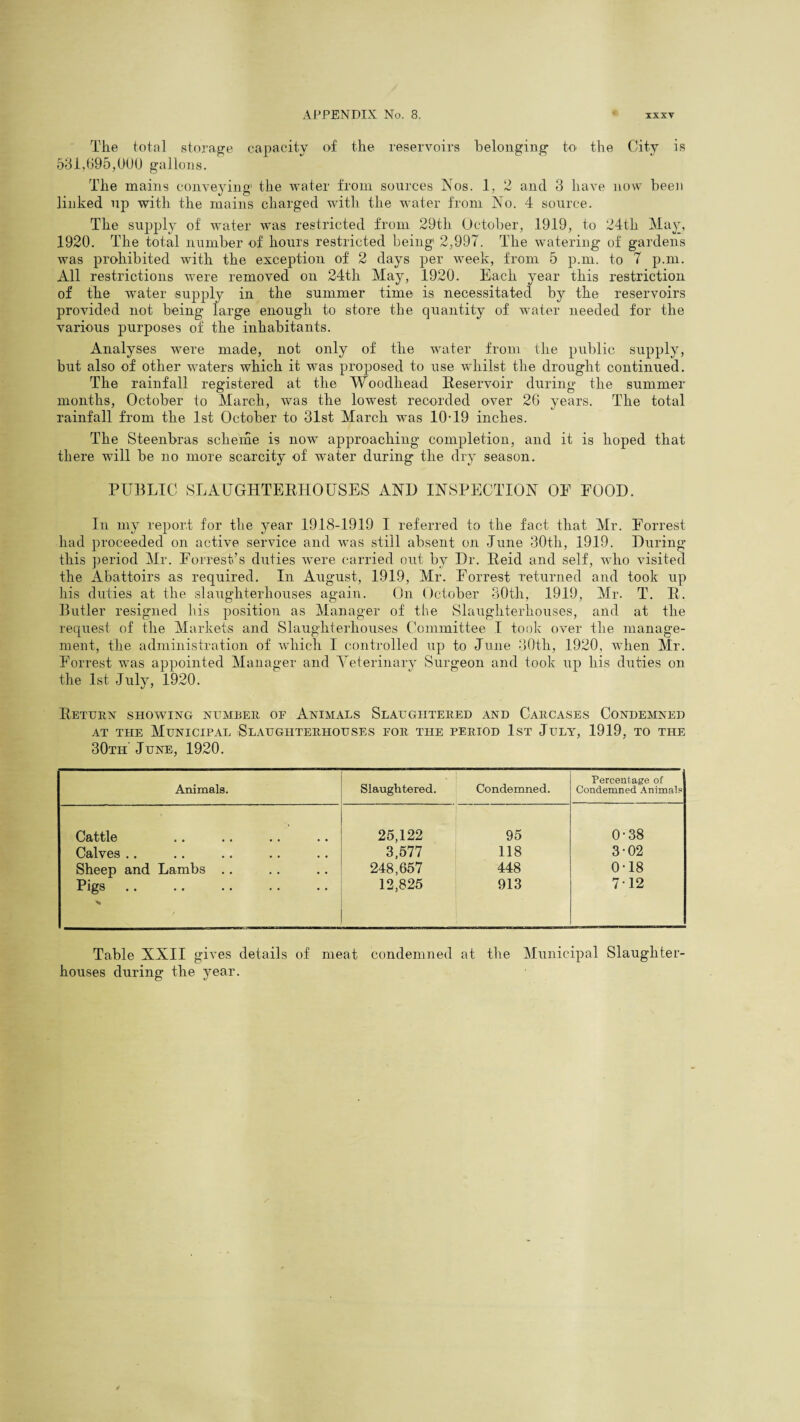 The total storage capacity of the reservoirs belonging to the City is 531,695,000 gallons. The mains conveying' the water from sources Nos. 1, 2 and 3 have now been linked up with the mains charged with the water from No. 4 source. The supply of water was restricted from 29th October, .1919, to 24th May, 1920. The total number of hours restricted being' 2,997. The watering of gardens was prohibited with the exception of 2 days per week, from 5 p.m. to 7 p.m. All restrictions were removed on 24tli May, 1920. Each year this restriction of the water -supply in the summer time is necessitated by the reservoirs provided not being large enough to store the quantity of water needed for the various purposes of the inhabitants. Analyses were made, not only of the water from the public supply, but also of other waters which it was proposed to use whilst the drought continued. The rainfall registered at the Woodliead Reservoir during the summer months, October to March, was the lowest recorded over 26 years. The total rainfall from the 1st October to 31st March was 10-19 inches. The Steenbras scheme is now approaching completion, and it is hoped that there will be no more scarcity of water during the dry season. PUBLIC SLAUGHTERHOUSES AND INSPECTION OE FOOD. In my report for the year 1918-1919 I referred to the fact that Mr. Forrest had proceeded on active service and was still absent on June 30th, 1919. During this period Mr. Forrest’s duties were carried out by Dr. Reid and self, who visited the Abattoirs as required. In August, 1919, Mr. Forrest returned and took up his duties at the slaughterhouses again. On October 30th, 1919, Mr. T. R. Butler resigned his position as Manager of the Slaughterhouses, and at the request of the Markets and Slaughterhouses Committee I took over the manage¬ ment, the administration of which I controlled up to June 30th, 1920, when Mr. Forrest was appointed Manager and Yeterinary Surgeon and took up his duties on the 1st July, 1920. Return showing number of Animals Slaughtered and Carcases Condemned at the Municipal Slaughterhouses for the period 1st July, 1919, to the 30th June, 1920. Animals. Slaughtered. Condemned. Percentage of Condemned Animal? Cattle 25,122 95 0-38 Calves .. 3,577 118 3-02 Sheep and Lambs .. 248,657 448 0-18 Pigs 12,825 913 712 Table XXII gives details of meat condemned at the Municipal Slaughter¬ houses during the year.