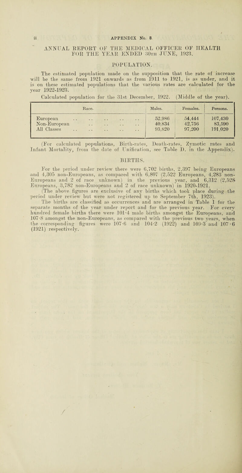 ANNUAL REPOET OF THE MEDICAL OFFICER OF HEALTH FOR THE YEAR ENDED 30th JUNE, 1023. POPULATION. The estimated population made on the supposition that the rate of increase will be the same from 1921 onwards as from 1911 to 1921, is as under, and it is on these estimated populations that the various rates are calculated for the year 1922-1923. Calculated population for the 31st December, 1922. (Middle of the year). Race. Males. Females. Persons. European 52,986 54,444 107,430 Non-European 40,834 42,756 83,590 All Classes 93,820 97,200 191.020 (For calculated populations, Birth-rates, Death-rates, Zymotic rates and Infant Mortality, from the date of Unification, see Table D. in the Appendix). BIRTHS. For the period under review there were 6,702 births, 2,397 being Europeans and 4,305 non-Eiiropeans, as compared with 6,807 (2,522 Europeans, 4,283 non- Europeans and 2 of race unknown) in the previous year, and 6,312 (2,528 Europeans, 3,782 non-Europeans and 2 of race unknown) in 1920-1921. (The above figures are exclusive of any births which took place during the period under review but were not registered up to September 7th, 1923). The births are classified as occurrences and are arranged in Table 1 for the separate months of the year under report and for the previous year. For everv hundred female births there were 101-4 male births amongst the Europeans, and 107-8 amongst the non-Europeans, as compared with the previous two years, when the corresponding figures were 107-6 and 104-2 (1922) and 109-3 and 107-6 (1921) respectively. /