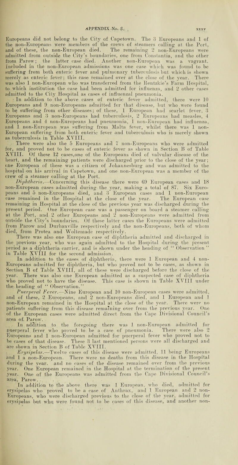 Europeans did not belong to tlie City of Capetown. The 3 Europeans and 1 of the non-Europeans were members of the crews of steamers calling at the Port, and of these, the non-European died. The remaining 2 non-Europeans were admitted from outside the City’s boundaries, one from Constantia, and the other from Parow; the latter case died. Another non-European was a vagrant. Included in the non-European admissions was one case which was found to be suffering from both enteric fever and pulmonary tuberculosis but which is shown merely as enteric fever; this case remained over at the close of the year. There was also 1 non-European who was transferred from the Bentzkie’s Farm Hospital, to which institution the case had been admitted for influenza, and 2 other cases admitted to the City Hospital as cases of influenzal pneumonia. In addition to the above cases of enteric fever admitted, there were 10 Europeans and 9 non-Europeans admitted for that disease, but who were found to be suffering from other diseases; of these, 1 European had scarlet fever, 3 Europeans and 3 non-Europeans had tuberculosis, 2 Europeans had measles, 4 Europeans and 4 non-Europeans had pneumonia, 1 non-European had influenza, and 1 non-European was suffering from Malta fever, whilst there wras 1 non- European suffering from both enteric fever and tuberculosis wTho is merely shown as tuberculosis in Table XVIII. There were also the 5 Europeans and 7 non-Europeans who were admitted for, and proved not to be cases of enteric fever as shown in Section 13 of Table XVIII. Of these 12 cases,one of the Europeans died of valvular disease of the heart, and the remaining patients were discharged prior to the close of the year; one European of these was a citizen of Johannesburg and was admitted to the hospital on his arrival in Capetown, and one non-European was a member of the crew of a steamer calling at the Port. Diphtheria.—Concerning this disease there were 69 European cases and 18 non-European cases admitted during the year, making a total of 87. Six Euro¬ peans and 5 non-Europeans died, and 3 European cases and 1 non-European case remained in the Hospital at the close of the year. The European case remaining in Hospital at the close of the previous year wms discharged during the present period. One European case was a passenger on board a steamer calling at the Port, and 2 other Europeans and 2 non-Europeans were admitted from outside the City’s boundaries. Of these latter cases the Europeans were admitted from Parow and Durbanville respectively and the non-Europeans, both of whom died, from Protea and Woltemade respectively. There was also one European case of diphtheria admitted and discharged in the previous year, who was again admitted to the Hospital during the present period as a diphtheria carrier, and is shown under the heading of t£ Observation ” in Table XVIII for the second admission. In addition to the cases of diphtheria, there were 1 European and 4 non- Europeans admitted for diphtheria, but who proved not to be cases, as shown in Section B of Table XVIII, all of these were discharged before the close of the year. There was also one European admitted as a suspected case of diphtheria who proved not to have the disease. This case is shown in Table XVIII under the heading of “ Observation.” Puerperal Fever.—Nine European and 10 non-European cases were admitted, and of these, 2 Europeans, and 2 non-Europeans died, and 1 European and 1 non-European remained in the Hospital at the close of the year. There were no patients suffering from this disease remaining over from the previous year. One of the European cases were admitted direct from the Cape Divisional Council’s area of. Parow. In addition to the foregoing there was 1 non-European admitted for puerperal fever who proved to be a case of pneumonia. There were also 2 Europeans and 1 non-European admitted for puerperal fever who proved not to be cases of that disease. These 3 last mentioned persons were all discharged and are shown in Section B of Table XVIII. Erysipelas.—Twelve cases of this disease were admitted, 11 being Europeans and 1 a non-European. There wTere no deaths from this disease in the Hospital during the year, and no cases of the disease remained over from the previous year. One European remained in the Hospital at the termination of the present year. One of the Europeans was admitted from the Cape Divisional Council’s area, Parow. In addition to the above there was 1 European, who died, admitted for erysipelas who proved to be a case of Anthrax, and 1 European and 2 non- Europeans, who were discharged previous to the close of the year, admitted for erysipelas but wTho. were found not to be cases of this disease, and another non-