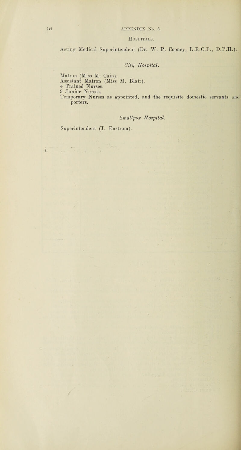 Hospitals. Acting Medical Superintendent (Dr. W. P. Cooney, L.R.C.P., D.P.H.). City Hospital. Matron (Miss M. Cain). Assistant Matron (Miss M. Blair). 4 Trained Nurses. 9 Junior Nurses. Temporary Nurses as appointed, and tlie requisite domestic servants and porters. Smallpox Hospital. Superintendent (J. Enstrom).