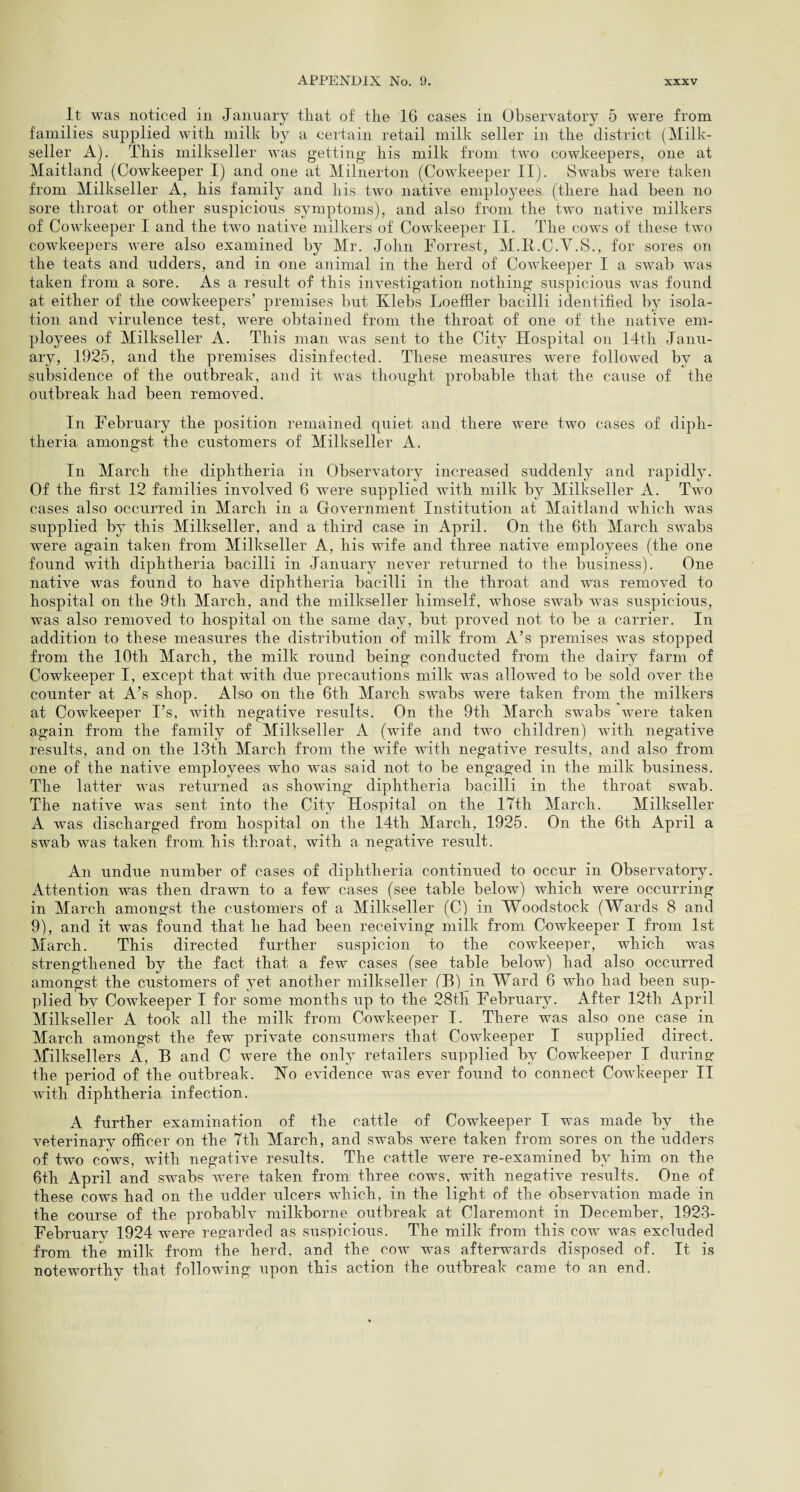 It was noticed in January that of the 16 cases in Observatory 5 were from families supplied with milk by a certain retail milk seller in the district (Milk- seller A). This milkseller was getting- his milk from two cowkeepers, one at Maitland (Cowkeeper I) and one at Milnerton (Cowkeeper II). Swabs were taken from Milkseller A, his family and his two native employees (there had been no sore throat or other suspicious symptoms), and also from the two native milkers of Cowkeeper I and the two native milkers of Cowkeeper II. The cows of these two cowkeepers were also examined by Mr. John Forrest, M.R.C.V.S., for sores on the teats and udders, and in one animal in the herd of Cowkeeper I a swab was taken from a sore. As a result of this investigation nothing suspicious was found at either of the cowkeepers’ premises but Klebs Loeffler bacilli identified by isola¬ tion and virulence test, were obtained from the throat of one of the native em¬ ployees of Milkseller A. This man was sent to the City Hospital on 14th Janu¬ ary, 1925, and the premises disinfected. These measures were followed by a subsidence of the outbreak, and it was thought probable that the cause of the outbreak had been removed. In February the position remained quiet and there were two cases of diph¬ theria amongst the customers of Milkseller A. In March the diphtheria in Observatory increased suddenly and rapidly. Of the first 12 families involved 6 were supplied with milk by Milkseller A. Two cases also occurred in March in a Government Institution at Maitland which was supplied by this Milkseller, and a third case in April. On the 6th March swabs were again taken from Milkseller A, his wife and three native employees (the one found with diphtheria bacilli in January never returned to the business). One native was found to have diphtheria bacilli in the throat and was removed to hospital on the 9tli March, and the milkseller himself, whose swab was suspicious, was also removed to hospital on the same day, but proved not to be a carrier. In addition to these measures the distribution of milk from A’s premises was stopped from the 10th March, the milk round being conducted from the dairy farm of Cowkeeper I, except that with due precautions milk was allowed to be sold over the counter at A’s shop. Also on the 6th March swabs were taken from the milkers at Cowkeeper I’s, with negative results. On the 9th March swabs were taken again from the family of Milkseller A (wife and two children) with negative results, and on the 13th March from the wife with negative results, and also from one of the native employees who wras said not to be engaged in the milk business. The latter was returned as showing diphtheria bacilli in the throat swab. The native was sent into the City Hospital on the 17th March. Milkseller A was discharged from hospital on the 14tli March, 1925. On the 6th April a swab was taken from, his throat, with a negative result. An undue number of cases of diphtheria continued to occur in Observatory. Attention was then drawn to a few cases (see table below) which were occurring in March amongst the customers of a Milkseller (C) in Woodstock (Wards 8 and 9), and it was found that he had been receiving milk from Cowkeeper I from 1st March. This directed further suspicion to the cowkeeper, which was strengthened by the fact that a few cases (see table below) had also occurred amongst the customers of yet another milkseller (B)_in Ward 6 who had been sup¬ plied bv Cowkeeper I for some months up to the 28th February. After 12th April Milkseller A took all the milk from Cowkeeper I. There was also one case in March amongst the few private consumers that Cowkeeper I supplied direct. Milksellers A, B and C were the only retailers supplied by Cowkeeper I during the period of the outbreak. Ho evidence was ever found to connect Cowkeeper II with diphtheria infection. A further examination of the cattle of Cowkeeper I was made by the veterinary officer on the 7th March, and swabs were taken from sores on the udders of two cows, with negative results. The cattle were re-examined by him on the 6th April and swabs were taken from three cows, with negative results. One of these cows had on the udder ulcers which, in the light of the observation made in the course of the probably milkborne outbreak at Claremont in December, 1923- Februarv 1924 were regarded as suspicious. The milk from this cow was excluded from the milk from the herd, and the cow was afterwards disposed of. It is noteworthy that following upon this action the outbreak came to an end.