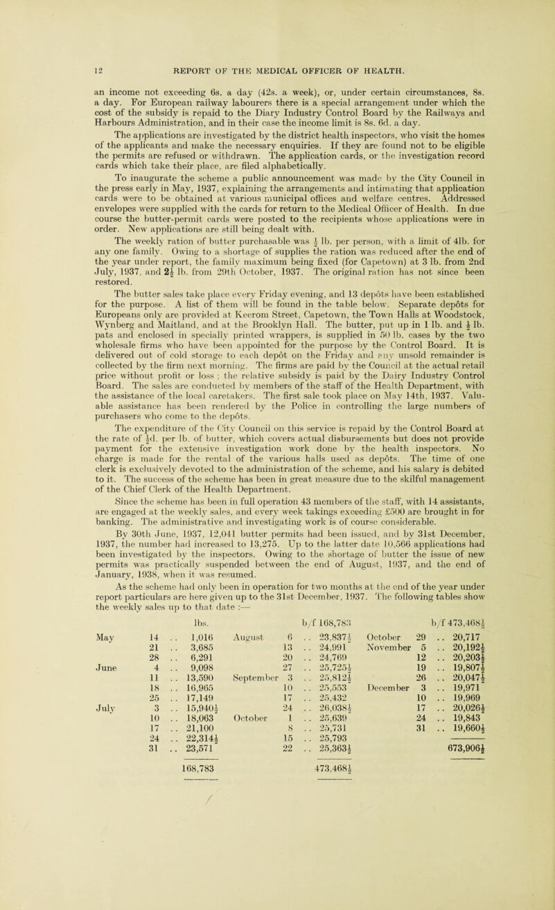 an income not exceeding 6s. a day (42s. a week), or, under certain circumstances, 8s. a day. For European railway labourers there is a special arrangement under which the cost of the subsidy is repaid to the Diary Industry Control Board by the Railways and Harbours Administration, and in their case the income limit is 8s. 6d. a day. The applications are investigated by the district health inspectors, who visit the homes of the applicants and make the necessary enquiries. If they are found not to be eligible the permits are refused or withdrawn. The application cards, or the investigation record cards which take their place, are filed alphabetically. To inaugurate the scheme a public announcement was made by the City Council in the press early in May, 1937, explaining the arrangements and intimating that application cards were to be obtained at various municipal offices and welfare centres. Addressed envelopes were supplied with the cards for return to the Medical Officer of Health. In due course the butter-permit cards were posted to the recipients whose applications were in order. New applications are still being dealt with. The weekly ration of butter purchasable was \ lb. per person, with a limit of 41b. for any one family. Owing to a shortage of supplies the ration was reduced after the end of the year under report, the family maximum being fixed (for Capetown) at 3 lb. from 2nd July, 1937, and 2f lb. from 29th October, 1937. The original ration has not since been restored. The butter sales take place every Friday evening, and 13 depots have been established for the purpose. A list of them will be found in the table below. Separate depots for Europeans only are provided at Keerom Street, Capetown, the Town Halls at Woodstock, Wynberg and Maitland, and at the Brooklyn Hall. The butter, put up in 1 lb. and 4 lb. pats and enclosed in specially printed wrappers, is supplied in 50 lb. cases by the two wholesale firms who have been appointed for the purpose by the Control Board. It is delivered out of cold storage to each depot on the Friday and any unsold remainder is collected by the firm next morning. The firms are paid by the Council at the actual retail price without profit or loss ; the relative subsidy is paid by the Dairy Industry Control Board. The sales are conducted by members of the staff of the Health Department, with the assistance of the local caretakers. The first sale took place on May 14th, 1937. Valu¬ able assistance has been rendered by the Police in controlling the large numbers of purchasers who come to the depots. The expenditure of the City Council on this service is repaid by the Control Board at the rate of 4d. per lb. of butter, which covers actual disbursements but does not provide payment for the extensive investigation work done by the health inspectors. No charge is made for the rental of the various halls used as depots. The time of one clerk is exclusively devoted to the administration of the scheme, and his salary is debited to it. The success of the scheme has been in great measure due to the skilful management of the Chief Clerk of the Health Department. Since the scheme has been in full operation 43 members of the staff, with 14 assistants, are engaged at the weekly sales, and every week takings exceeding £500 are brought in for banking. The administrative and investigating work is of course considerable. By 30th June, 1937, 12,041 butter permits had been issued, and by 31st December, 1937, the number had increased to 13,275. Up to the latter date 10,566 applications had been investigated by the inspectors. Owing to the shortage of butter the issue of new permits was practically suspended between the end of August, 1937, and the end of January, 1938, when it was resumed. As the scheme had only been in operation for two months at the end of the year under report particulars are here given up to the 31st December, 1937. The following tables show the weekly sales up to that date :— lbs. b/f 168,783 b/f 473,4681 May 14 . . 1,016 August 6 . . 23.8374 October 29 .. 20,717 21 .. 3,685 13 .. 24,991 November 5 .. 20,1921 28 .. 6,291 20 .. 24,769 12 .. 20,203! June 4 .. 9,098 27 .. 25,7251 19 .. 19,8071 11 . . 13,590 September 3 . . 25,8124 26 .. 20,0471 18 .. 16,965 10 .. 25,553 December 3 .. 19,971 25 . . 17,149 17 .. 25,432 10 .. 19,969 July 3 .. 15,9404 24 . . 26,0384 17 .. 20,0261 10 . . 18,063 October 1 .. 25,639 24 .. 19,843 17 .. 21,100 8 .. 25,731 31 .. 19,660| 24 .. 22,3141 15 . . 25,793 31 .. 23,571 22 .. 25,363! 673,906! 168,783 473,4684