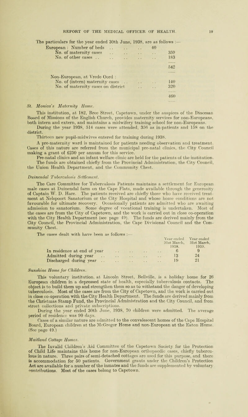 The particulars for the year ended 30th June, 1938, are as follows : European : Number of beds . . . . .. tO No. of maternity cases .. . . . . . . 359 No. of other cases .. .. .. .. .. 183 542 Non-European, at V'rede Oord : No. of (intern) maternity cases . No. of maternitv cases on district 140 320 100 St. Monica's Maternity Home. This institution, at 182, Bree Street, Capetown, under the ausjjices of the Diocesan Board of Missions of the English Church, provides maternity services for non-Europeans, both intern and extern, and maintains a midwifery training school for non-Europeans. During the year 1938, 514 cases were attended, 356 as in-patients and 158 on the district. Thirteen new pupil-midwives entered for training during 1938. A pre-maternity ward is maintained for patients needing observation and treatment. Cases of this nature are referred from the municipal pre-natal clinics, the City Council making a grant of £250 per annum for this service. Pre-natal clinics and an infant welfare clinic are held for the patients of the institution. The funds are obtained chiefly from the Provincial Administration, the City Council, the Union Health Department, and the Community Chest. Duinendal Tubercidosis Settlement. The Care Committee for Tuberculosis Patients maintains a settlement for European male cases at Duinendal farm on the Cape Flats, made available through the generosity of Captain W. D. Hare. The patients received are chiefly those who have received treat¬ ment at Nelspoort Sanatorium or the City Hospital and whose home conditions are not favourable for ultimate recovery. Occasionally patients are admitted who are awaiting admission to sanatorium. Some degree of vocational training is undertaken. Most of the cases are from the City of Capetown, and the work is carried out in close co-operation with the City Health Department (see page 49). The funds are derived mainly from the City Council, the Provincial Administration, the Cape Divisional Council and the Com¬ munity Chest. The cases dealt with have been as follows :— Year ended Year ended iUst March, 31st March, 19.38. 1939. In residence at end of year 6 9 Admitted during year 13 24 Discharged during year . . 19 21 Sunshine Home for Children. This voluntary institution, at Lincoln Street, Bellville, is a holiday home for 26 European children in a depressed state of health, especially tuberculosis contacts. The object is to build them up and strengthen them so as to withstand the danger of developing tuberculosis. Most of the cases are from the City of Capetown, and the work is carried out in close co-operation with the City Health Department. The funds are derived mainly from the Christmas Stamp Fund, the Provincial Administration and the City Council, and from street collections and private subscriptions. During the year ended 30th June, 1938, 70 children were admitted. The average period of residence was 90 days. Cases of a similar nature are admitted to the convalescent homes of the Cape Hospital Board, European children at the IMcGregor Home and non-European at the Eaton Home, (See page 49.) Maitlaml Cottage Ho?nes. The Invahd Children’s Aid Committee of the Capetown Society for the Protection of Child Life maintains this home for non-European orthopaedic cases, chiefly tubercu¬ lous in nature. Three pairs of semi-detached cottages are used for this purpose, and there is accommodation for 50 patients. Government grants under the Children’s Protection Act are available for a number of the inmates and the funds are supplemented by voluntary contributions. Most of the cases belong to Capetown.