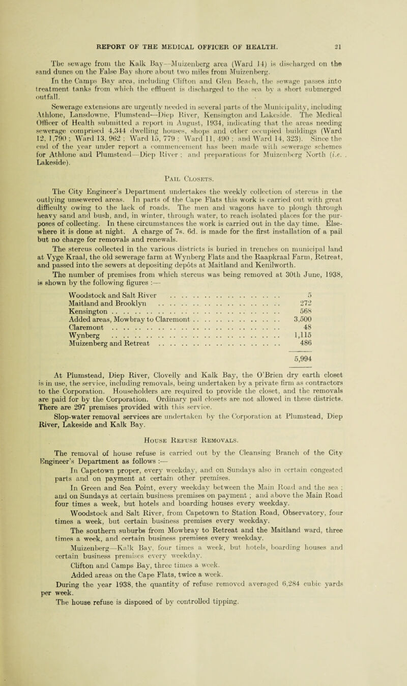 The bewage from the Kalli Bay—Muizonberg area (Ward J4) is dincdiarged on the band dunes on the False Bay shore about two miles from Muizenberg. tn the Camps Bay area, including Clifton and Clou Beach, (he soAvage passes into (reatraent tanks from wliich the effluent is discharged to (ho sea by a short submerged outfall. vScAverage extensions are urgently needed in several parts of the Municijjality, including Athlone, Lansdownc, 1‘lumstead—Die]) Kiver, Kensingto]) anal Lakeside. The Medical Offleer of Health submitted a rci)ort in August, 1934, indicating that the areas needing scAverage com])riscd 4,344 flAvelling houses, shops and other occupied buildings (Ward 12, 1,790 ; Ward 13, 962 ; Ward 15, 779 ; Ward 11,490 ; and Ward 14, 323). Since the (Mid of the year undi'r report a commencement has been made Avilh seAverage schemes for Athlone and Plumstead—Di(‘p Hivir ; and prejiarations for Muizenberg North (he. I.^keside). Pail Closets. The City Engineer’s Department undertakes the Aveekly collection of stercus in the outlying unsewered areas. In parts of the Cape Flats this work is carried out with great difficulty owing to the lack of roads. The men and Avagons have to plough through heavy sand and bush, and, in Avinter, through Avater, to reach isolated places for the pur¬ poses of collecting. In these circumstances the work is carried out in the day time. Else¬ where it is done at night. A charge of 78. 6d. is made for the first installation of a pail but no charge for removals and reneAvals. The stercus collected in the various districts is buried in trenches on municipal land at Vyge Kraal, the old sewerage farm at W3mberg Flats and the Raapkraal Farm, Retreat, and passed into the seAvers at clepositing depots at Maitland and Kenilworth. The number of premises from which stercus was being removed at 30th June, 1938, is shown by the following figures :— Woodstock and Salt River . . .. Maitland and Brooklyn . Kensington. Added areas, Mowbray to Claremont Claremont . Wynberg . Muizenberg and Retreat . 5,994 568 3,500 48 1,115 486 At Plumstead, Diep River, Clovelly and Kalk Bay, the O’Brien dry earth closet is in use, the service, including remoA^als, being iindertaken by a private firm as contractors to the Corporation. Householders are required to provide the closet, and the removals are paid for by the Corporation. Ordinary pail closets are not allowed in these districts. There are 297 premises provided with this service. Slop-water removal services are undertaken by the Corporation at Plumstead, Diep River, Lakeside and Kalk Bay. House Refuse Removals. The removal of house refuse is carried out by the Cleansing Branch of the City Engineer’s Department as follows :— In CapetoAvn proper, everj' Aveekda}-, and on Sundaj-s also in certain congested parts and on payment at certain other premises. In Green and Sea Point, everA Aveekday between the Main Road and the sea ; and on Sundays at certain business premises on payment ; and above the Main Road four times a week, but hotels and boarding houses every weekday. Woodstock and Salt River, from CapetoAvn to Station Road, Observatory, four times a week, but certain business premises every weekday. The southern suburbs from Mowbray to Retreat and the Maitland ward, three times a week, and certain business premises every weekday. IMuizenberg—Kalk Bay, four times a AAX'ck, but hotels, l)oarding houses and certain business premises cA'cry AAoekday. Chfton and Camps Ba^', three times a Aveek. Added areas on the Cape Flats, twice a week. During the year 1938, the quantity of refuse removed averaged 6,284 cubic yards per week. The house refuse is disposed of by controUcxl tipping.