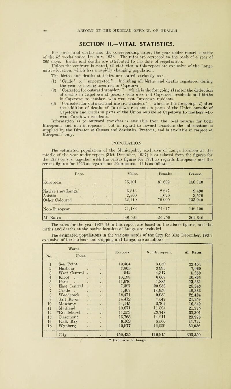 SECTION IL—VITAL STATISTICS. For births and deaths and the corresponding rates, the year under report consists of the 52 weeks ended Ist July, 1938. The rates are corrected to the basis of a year of 365 days. Births and deaths are attributed to the date of registration. Unless the contrary is stated, all statistics in this report are exclusive of the Langa native location, which has a rapidly changing population. The births and deaths statistics are stated variously as :— (1) “ Crude ” or “ uncorrected ” ; including all births and deaths registered during the year as having occurred in Capetown. (2) “ Corrected for outward transfers ” ; which is the foregoing (1) after the deduction of deaths in Capetown of persons who were not Capetown residents and births in Capetown to mothers who were not Capetown residents. (3) “ Corrected for outward and imvard transfers ” ; which is the foregoing (2) after the addition of deaths of Capetown residents in parts of the Union outside of Capetown and births in parts of the Union outside of Capetown to mothers who were Capetown residents. Information as to outward transfers is available from the local returns for both Europeans and non-Europeans ; but in regard to inward transfers the information is supplied by the Director of Census and Statistics, Pretoria, and is available in respect of Europeans only. POPULATION. The estimated population of the Municipality exclusive of Langa location at the middle of the year under report (31st December, 1937) is calculated from the figures for the 1936 census, together with the census figures for 1931 as regards Europeans and the census figures for 1926 as regards non-Europeans. It is as follows :— Race. Males. Females. Persons. European . . ., 75,101 81,639 156,740 Native (not Langa) 6,843 2,647 9,490 Asiatic 2,500 1,070 3,570 Other Coloured 62,140 70,900 133,040 Non-European 71,483 74,617 146,100 All Races 146,584 156,256 302,840 The rates for the year 1937-38 in this report are based on the above figures, and the births and deaths at the native location of Langa are excluded. The estimated populations in the various wards of the City for 31st December, 1937, exclusive of the harbour and shipping and Langa, are as follows :— No. Wards. Name. European. Non-European. All Races. 1 Sea Point 19,404 3,050 22,454 2 Harbour 3,965 3,995 7,960 3 West Central .. 942 4,317 5,269 4 Kloof. 10,198 6,667 16,865 5 Park 11,976 1,885 13,861 6 East Central .. 7,387 20,956 28,343 7 Castle .. 1,407 14,959 16,366 8 Woodstock 12,471 9,953 22,424 9 Salt River 14,412 7,547 21,959 10 Mowbray 14,145 2,704 16,849 11 Maitland 10,671 11,304 21,975 12 ’•‘Rondebosch 11,553 23,748 35,301 13 Claremont 15,765 14,211 29,976 14 Kalk Ba}’^ 6,162 5,560 11,722 16 Wynberg 15,977 16,059 32,036 City . 156,435 146,915 303,350 * Exclusive of Langa.