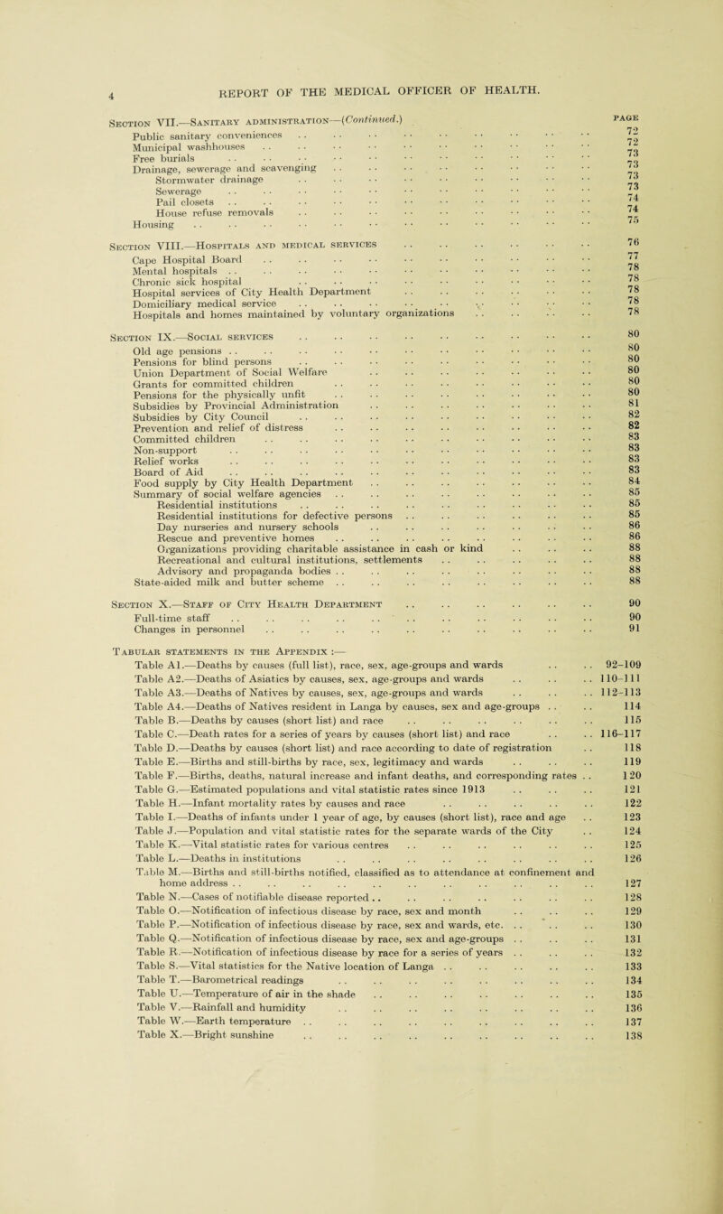 Section VII.—Sanitary administration—(Continued.) Public sanitary conveniences Municipal washhouses Free burials Drainage, sewerage and scavenging Stormwater drainage Sewerage Pail closets House refuse removals Housing PAGE 72 72 73 73 73 73 74 74 75 Section VIII.—Hospitals and medical services Cape Hospital Board Mental hospitals Chronic sick hospital Hospital services of City Health Department Domiciliary medical service . . . • • • • • Hospitals and homes maintained by voluntary organizations 76 77 78 78 78 78 78 Section IX.—Social services Old age pensions Pensions for blind persons Union Department of Social Welfare Grants for committed children Pensions for the physically unfit Subsidies by Provincial Administration Subsidies by City Council Prevention and relief of distress Committed children Non-support Relief works Board of Aid Food supply by City Health Department Summary of social welfare agencies Residential institutions Residential institutions for defective persons Day nurseries and nursery schools Rescue and preventive homes Organizations providing charitable assistance in cash or kind Recreational and cultural institutions, settlements Advisory and propaganda bodies State-aided milk and butter scheme 80 80 80 80 80 80 81 82 82 83 83 83 83 84 85 85 85 86 86 88 88 88 88 Section X.—Staff of City Health Department Full-time staff Changes in personnel 90 90 91 Tabular statements in the Appendix :— Table Al.—Deaths by causes (full list), race, sex, age-groups and wards .. . . 92-109 Table A2.—Deaths of Asiatics by causes, sex, age-groups and wards . . . . . . 110-111 Table A3.—Deaths of Natives by causes, sex, age-groups and wards .. .. .. 112-113 Table A4.—Deaths of Natives resident in Langa by causes, sex and age-groups . . . . 114 Table B.—Deaths by causes (short list) and race . . . . . . . . . . . . 115 Table C.—Death rates for a series of years by causes (short list) and race . . . . 116-117 Table D.—Deaths by causes (short list) and race according to date of registration . . 118 Table E.—Births and still-births by race, sex, legitimacy and wards . . . . . . 119 Table F.—Births, deaths, natural increase and infant deaths, and corresponding rates . . 120 Table G.—Estimated populations and vital statistic rates since 1913 . . . . . . 121 Table H.—Infant mortality rates by causes and race .. .. .. .. .. 122 Table I.—Deaths of infants under 1 year of age, by causes (short list), race and age . . 123 Table J.—Population and vital statistic rates for the separate wards of the City . . 124 Table K.—-Vital statistic rates for various centres . . . . . . . . . . . . 125 Table L.—Deaths in institutions . . . . . . . . . . . . . . . . 126 Table M.—Births and still-births notified, classified as to attendance at confinement and home address . . . . . . . . . . . . . . .. . . . . . . 127 Table N.—Cases of notifiable disease reported .. . . . . . . . . . . . . 128 Table O.—Notification of infectious disease by race, sex and month . . . . . . 129 Table P.—Notification of infectious disease by race, sex and wards, etc. . . . . . . 130 Table Q.—Notification of infectious disease by race, sex and age-groups . . . . . . 131 Table R.—Notification of infectious disease by race for a series of years . . . . . . 132 Table S.—Vital statistics for the Native location of Langa . . . . . . . . . . 133 Table T.—Barometrical readings . . . . . . . . . . . . . . . . 134 Table U.—Temperature of air in the shade . . . . . . .. . . . . .. 135 Table V.—Rainfall and humidity . . . . . . . . . . . . . . . . 136 Table W.—Earth temperature . . . . . . . . . . . . . . . . . . 137 Table X.—Bright sunshine . . . . . . . . . . . . . . , . . . 138