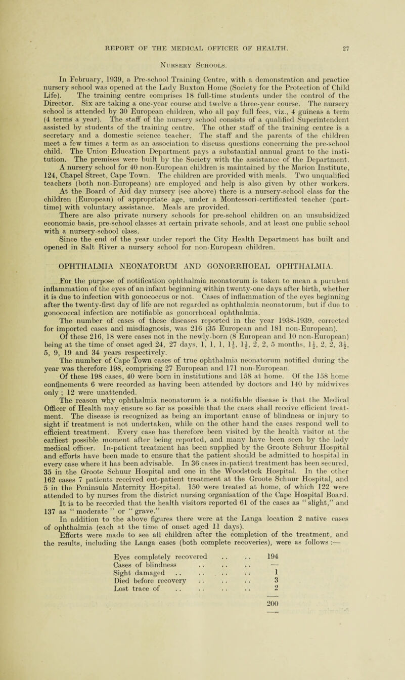 NuiiSERY Schools. In February, 1939, a Pre-school Training Centre, with a demonstration and practice nursery school was opened at the Lady Buxton Home (Society for the Protection of Child Life). The training centre comprises 18 full-time students under the control of the Director. Six are taking a one-year course and twelve a three-year course. The nursery school is attended by 30 European children, who all pay full fees, viz., 4 guineas a term (4 terms a year). The staff of the nursery school consists of a qualified Superintendent assisted by students of the training centre. The other staff of the training centre is a secretary and a domestic science teacher. The staff and the parents of the children meet a few times a term as an association to discuss questions concerning the pre-school child. The Union Education Department pays a substantial annual grant to the insti¬ tution. The premises were built by the Society with the assistance of the Department. A nursery school for 40 non-European children is maintained by the Marion Institute, 124, Chapel Street, Cape Town. The children are provided with meals. Two unqualified teachers (both non-Europeans) are employed and help is also given by other workers. At the Board of Aid day nursery (see above) there is a nursery-school class for the children (European) of appropriate age, under a Montessori-certificated teacher (part- time) with voluntary assistance. Meals are provided. There are also private nursery schools for pre-school children on an unsubsidized economic basis, pre-school classes at certain private schools, and at least one public school with a nursery-school class. Since the end of the year under report the City Health Department has built and opened in Salt River a nursery school for non-European children. OPHTHALMIA NEONATORUM AND GONORRHOEAL OPHTHALMIA. For the purpose of notification ophthalmia neonatorum is taken to mean a purulent inflammation of the eyes of an infant beginning within twenty-one days after birth, whether it is due to infection with gonococcus or not. Cases of inflammation of the eyes beginning after the twenty-first day of life are not regarded as ophthalmia neonatorum, but if due to gonococcal infection are notifiable as gonorrhoeal ophthalmia. The number of cases of these diseases reported in the year 1938-1939, corrected for imported cases and misdiagnosis, was 216 (35 European and 181 non-European). Of these 216, 18 were cases not in the newly-born (8 European and 10 non-European) being at the time of onset aged 24, 27 days, 1, 1, 1, 1J, 14, 2, 2, 5 months, 1J, 2, 2, 3J, 5, 9, 19 and 34 years respectively. The number of Cape Town cases of true ophthalmia neonatorum notified during the year was therefore 198, comprising 27 European and 171 non-European. Of these 198 cases, 40 were born in institutions and 158 at home. Of the 158 home confinements 6 were recorded as having been attended by doctors and 140 by mid wives only ; 12 were unattended. The reason why ophthalmia neonatorum is a notifiable disease is that the Medical Officer of Health may ensure so far as possible that the cases shall receive efficient treat¬ ment. The disease is recognized as being an important cause of blindness or injury to sight if treatment is not undertaken, while on the other hand the cases respond well to efficient treatment. Every case has therefore been visited by the health visitor at the earliest possible moment after being reported, and many have been seen by the lady medical officer. In-patient treatment has been supplied by the Groote Schuur Hospital and efforts have been made to ensure that the patient should be admitted to hospital in every case where it has been advisable. In 36 cases in-patient treatment has been secured, 35 in the Groote Schuur Hospital and one in the Woodstock Hospital. In the other 162 cases 7 patients received out-patient treatment at the Groote Schuur Hospital, and 5 in the Peninsula Maternity Hospital. 150 were treated at home, of which 122 were attended to by nurses from the district nursing organisation of the Cape Hospital Board. It is to be recorded that the health visitors reported 61 of the cases as “ slight,” and 137 as “moderate” or “grave.” In addition to the above figures there were at the Langa location 2 native cases of ophthalmia (each at the time of onset aged 11 days). Efforts were made to see all children after the completion of the treatment, and the results, including the Langa cases (both complete recoveries), were as follows :— Eyes completely recovered .. .. 194 Cases of blindness .. .. .. — Sight damaged .. .. .. .. 1 Died before recovery . . .. .. 3 Lost trace of . . . . . . .. 2 200