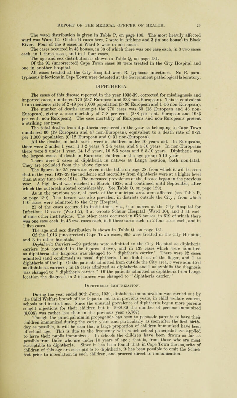 The ward distribution is given in Table P, on page 130. The most heavily affected ward was Ward 12. Of the 14 cases here, 7 were in Athlone and 3 (in one house) in Blaok River. Four of the 9 cases in Ward 8 were in one house. The cases occurred in 43 houses, in 38 of which there was one case each, in 3 two cases each, in 1 three cases, and in 1 four cases. The age and sex distribution is shown in Table Q, on page 131. Of the 91 (uncorrected) Cape Town cases 80 were treated in the City Hospital and one in another hospital. All cases treated at the City Hospital were B. typhosus infections. No B. para- typhosus infections in Cape Town were detected at the Government pathological laboratory. DIPHTHERIA. The cases of this disease reported in the year 1938-39, corrected for misdiagnosis and imported cases, numbered 770 (537 European and 233 non-European). This is equivalent to an incidence rate of 2 • 49 per 1,000 population (3 • 36 European and 1 • 56 non-European). The number of deaths amongst the 770 cases was 60 (15 European and 45 non- European), giving a case mortality of 7-8 per cent. (2-8 per cent. European and 19*3 per cent. non-European). The case mortality of Europeans and non-Europeans present a striking contrast. The total deaths from diphtheria registered in the year as belonging to Cape Town numbered 66 (19 European and 47 non-European), equivalent to a death rate of 0*21 per 1,000 population (0*12 European and 0-31 non-European). All the deaths, in both races, were in children under 10 years old. In Europeans, there were 2 under 1 year, 1 1-2 years, 7 2-5 years, and 9 5-10 years. In non-Europeans there were 9 under 1 year, 14 1-2 years, 16 2-5 years and 8 5-10 years. Diphtheria was the largest cause of death in European children in the age group 5-10 years. There were 2 cases of diphtheria in natives at Langa location, both non-fatal. They are excluded from the above figures. The figures for 25 years are given in the table on page 28, from which it will be seen that in the year 1938-39 the incidence and mortality from diphtheria were at a higher level than at any time since 1914. The increased prevalence of the disease began in the previous year. A high level was reached in March, 1938, and continued until September, after which the outbreak abated considerably. (See Table O, on page 129). As in the previous year, all parts of the municipal area were affected (see Table P, on page 130). The disease was also prevalent in districts outside the City ; from which 110 cases were admitted to the City Hospital. 21 of the cases occurred in institutions, viz., 9 in nurses at the City Hospital for Infectious Diseases (Ward 2), 3 at Groote Schuur Hospital (Ward 10), and 1 at each of nine other institutions. The other cases occurred in 676 houses, in 619 of which there was one case each, in 45 two cases each, in 9 three cases each, in 2 four cases each, and in 1 five cases. The age and sex distribution is shown in Table Q, on page 131. Of the 1,013 (uncorrected) Cape Town cases, 895 were treated in the City Hospital, and 3 in other hospitals. Diphtheria Carriers.—29 patients were admitted to the City Hospital as diphtheria carriers (not counted in the figures above), and in 139 cases which were admitted as diphtheria the diagnosis was changed to “ diphtheria carrier.” There were 22 cases admitted (and confirmed) as nasal diphtheria, 1 as diphtheria of the finger, and 1 as diphtheria of the lip. Of the patients admitted from outside the City area, 5 were admitted as diphtheria carriers ; in 18 cases admitted as diphtheria and 1 as syphilis the diagnosis was changed to “ diphtheria carrier.” Of the patients admitted as diphtheria from Langa location the diagnosis in 2 instances was changed to “ diphtheria carrier.” Diphtheria Immunization. During the year ended 30th June, 1939, diphtheria immunization was carried out by the Child Welfare branch of the Department as in previous years, in child welfare centres, schools and institutions. Since the unusual prevalence of diphtheria began more parents sought injections for their children but in 1938-39 the number of persons immunized (6,008) was rather less than in the previous year (6,767). Though the principal aim in propaganda has been to persuade parents to have their children immunized during the early years and particularly as soon after the first birth¬ day as possible, it will be seen that a large proportion of children immunized have been of school age. This is due to the frequency with which school principals have applied to have their pupils immunized. In schools the children have been drawn as far as possible from those who are under 10 years of age ; that is, from those who are most susceptible to diphtheria. Since it ha's been found that in Cape Town the majority of children of this age are susceptible to diphtheria, it has been possible to omit the Schick test prior to inoculation in such children, and proceed direct to immunization.