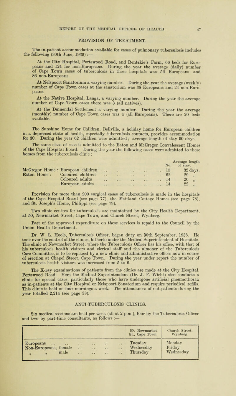 PROVISION OF TREATMENT. The in-patient accommodation available for cases of pulmonary tuberculosis includes the following (30th June, 1939) :— At the City Hospital, Portswood Road, and Rentzkie’s Farm, 66 beds for Euro¬ peans and 124 for non-Europeans. During the year the average (daily) number of Cape Town cases of tuberculosis in these hospitals was 56 Europeans and 86 non-Europeans. At Nelspoort Sanatorium a varying number. During the year the average (weekly) number of Cape Town cases at the sanatorium was 38 Europeans and 24 non-Euro¬ peans. At the Native Hospital, Langa, a varying number. During the year the average number of Cape Town cases there was 3 (all natives). At the Duinendal Settlement a varying number. During the year the average (monthly) number of Cape Town cases was 5 (all Europeans). There are 20 beds available. The Sunshine Home for Children, Bellville, a holiday home for European children in a depressed state of health, especially tuberculosis contacts, provides accommodation for 30. During the year 62 children were admitted ; average length of stay 90 days. The same class of case is admitted to the Eaton and McGregor Convalescent Homes of the Cape Hospital Board. During the year the following cases were admitted to these homes from the tuberculosis clinic : McGregor Home : Eaton Home : European children Coloured children Coloured adults European adults No. 15 62 14 14 Average length of stay. 32 days. 29 20 22 J 3 Provision for more than 200 surgical cases of tuberculosis is made in the hospitals of the Cape Hospital Board (see page 77), the Maitland Cottage Homes (see page 78), and St. Joseph’s Home, Philippi (see page 79). Two clinic centres for tuberculosis are maintained by the City Health Department, at 50, Newmarket Street, Cape Town, and Church Street, Wynberg. Part of the approved expenditure on these services is repaid to the Council by the Union Health Department. Dr. W. L. Hoole, Tuberculosis Officer, began duty on 30th September, 1938. He took over the control of the clinics, hitherto under the Medical Superintendent of Hospitals. The clinic at Newmarket Street, where the Tuberculosis Officer has his office, with that of his tuberculosis health visitors and clerical staff and the almoner of the Tuberculosis Care Committee, is to be replaced by a new clinic and administrative offices now in course of erection at Chapel Street, Cape Town. During the year under report the number of tuberculosis health visitors was increased from 5 to 6. The X-ray examinations of patients from the clinics are made at the City Hospital, Portswood Road. Here the Medical Superintendent (Dr. J. F. Wicht) also conducts a clinic for special cases, particularly those who have undergone artificial pneumothorax as in-patients at the City Hospital or Nelspoort Sanatorium and require periodical refills. This clinic is held on four mornings a week. The attendances of out-patients during the year totalled 2,214 (see page 38). ANTI-TUBERCULOSIS CLINICS. Six medical sessions are held per week (all at 2 p.m.), four by the Tuberculosis Officer and two by part-time consultants, as follows :— 50, Newmarket St., Cape Town. Church Street, Wynberg. Europeans Non-Europeans, female ,, ,, male .. .. .. .. Tuesday Wednesday Thursday Monday Friday Wednesday