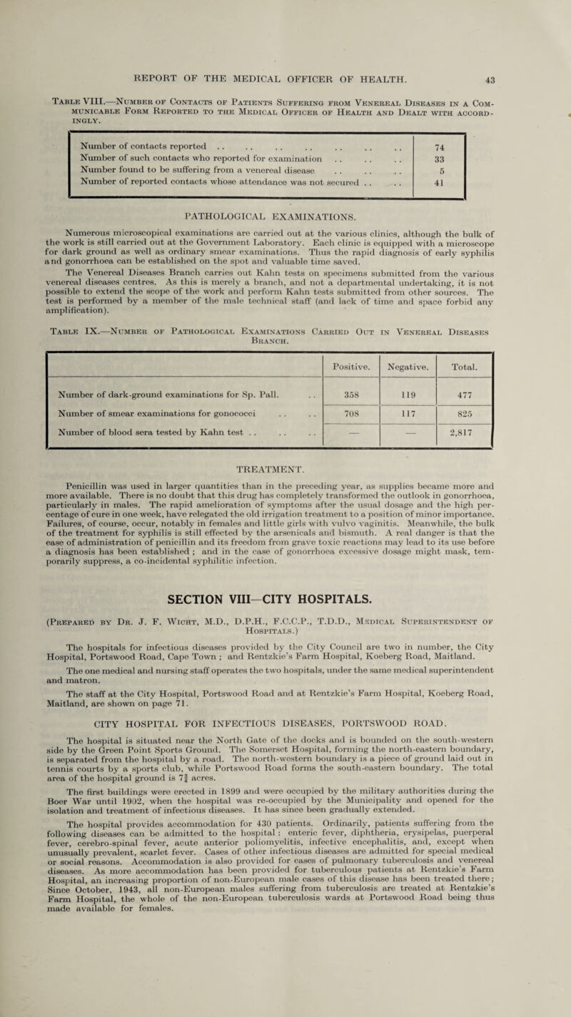 Table VIII.—Number of Contacts of Patients Suffering from Venereal Diseases in a Com¬ municable Form Reported to the Medical Officer of Health and Dealt with accord¬ ingly. Number of contacts reported 74 Number of such contacts who reported for examination 33 Number found to be suffering from a venereal disease 5 Number of reported contacts whose attendance was not secured . . 41 PATHOLOGICAL EXAMINATIONS. Numerous microscopical examinations are carried out at the various clinics, although the bulk of the work is still carried out at the Government Laboratory. Each clinic is equipped with a microscope for dark ground as well as ordinary smear examinations. Thus the rapid diagnosis of early syphilis and gonorrhoea can be established on the spot and valuable time saved. The Venereal Diseases Branch carries out Kahn tests on specimens submitted from the various venereal diseases centres. As this is merely a branch, and not a departmental undertaking, it is not possible to extend the scope of the work and perform Kahn tests submitted from other sources. The test is performed by a member of the male technical staff (and lack of time and space forbid any amplification). Table IX.—Number of Pathological Examinations Carried Out in Venereal Diseases Branch. Positive. Negative. Total. Number of dark-ground examinations for Sp. Pall. 358 119 477 Number of smear examinations for gonococci 708 117 825 Number of blood sera tested by Kahn test . . '— — 2,817 TREATMENT. Penicillin was used in larger quantities than in the preceding year, as supplies became more and more available. There is no doubt that this drug has completely transformed the outlook in gonorrhoea, particularly in males. The rapid amelioration of symptoms after the usual dosage and the high per¬ centage of cure in one week, have relegated the old irrigation treatment to a position of minor importance. Failures, of course, occur, notably in females and little girls with vulvo vaginitis. Meanwhile, the bulk of the treatment for syphilis is still effected by the arsenicals and bismuth. A real danger is that the ease of administration of penicillin and its freedom from grave toxic reactions may lead to its use before a diagnosis has been established ; and in the case of gonorrhoea excessive dosage might mask, tem¬ porarily suppress, a co-incidental syphilitic infection. SECTION VIII—CITY HOSPITALS. (Prepared by Dr. J. F. Wicht, M.D., D.P.H., F.C.C.P., T.D.D., Medical Superintendent of Hospitals.) The hospitals for infectious diseases provided by the City Council are two in number, the City Hospital. Portswood Road, Cape Town ; and Rentzkie’s Farm Hospital, Koeberg Road, Maitland. The one medical and nursing staff operates the two hospitals, under the same medical superintendent and matron. The staff at the City Hospital, Portswood Road and at Rentzkie’s Farm Hospital, Koeberg Road, Maitland, are shown on page 71. CITY HOSPITAL FOR INFECTIOUS DISEASES, PORTSWOOD ROAD. The hospital is situated near the North Gate of the docks and is bounded on the south-western side by the Green Point Sports Ground. The Somerset Hospital, forming the north-eastern boundary, is separated from the hospital by a road. The north-western boundary is a piece of ground laid out in tennis courts by a sports club, while Portswood Road forms the south-eastern boundary. The total area of the hospital ground is 7f acres. The first buildings were erected in 1899 and were occupied by the military authorities during the Boer War until 1902, when the hospital was re-occupied by the Municipality and opened for the isolation and treatment of infectious diseases. It has since been gradually extended. The hospital provides accommodation for 430 patients. Ordinarily, patients suffering from the following diseases can be admitted to the hospital : enteric fever, diphtheria, erysipelas, puerperal fever, cerebro-spinal fever, acute anterior poliomyelitis, infective encephalitis, and, except when unusually prevalent, scarlet fever. Cases of other infectious diseases are admitted for special medical or social reasons. Accommodation is also provided for cases of pulmonary tuberculosis and venereal diseases. As more accommodation has been provided for tuberculous patients at Rentzkie’s Farm Hospital, an increasing proportion of non-European male cases of this disease has been treated there; Since October, 1943, all non-European males suffering from tuberculosis are treated at Rentzkie’s Farm Hospital, the whole of the non-European tuberculosis wards at Portswood Road being thus made available for females.