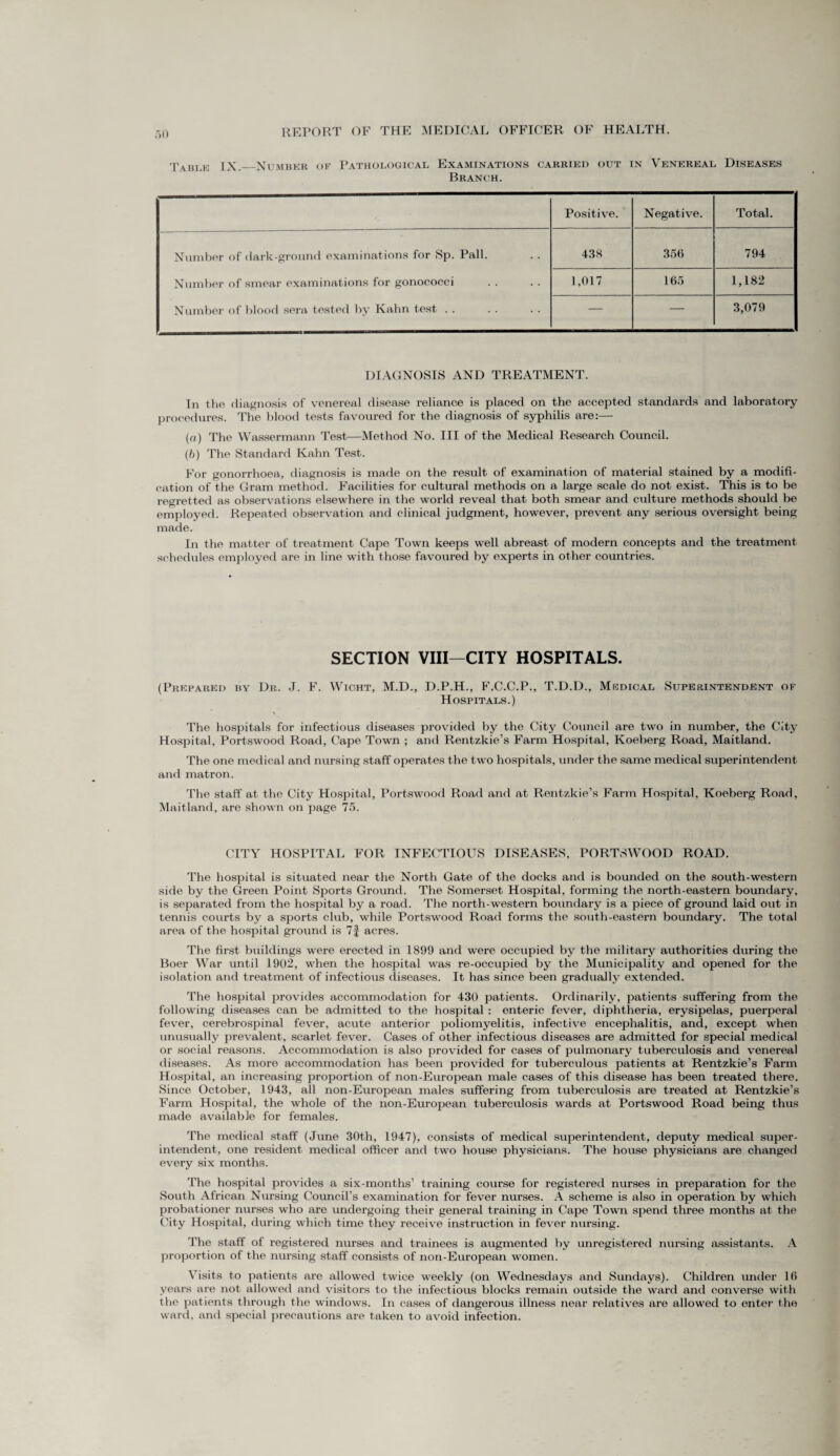 Table IX._Number of Pathological Examinations carried out in Venereal Diseases Branch. Positive. Negative. Total. Number of dark-ground examinations for Sp. Pall. . . Number of smear examinations for gonococci Number of blood sera tested by Kahn test . . 438 356 794 1,017 165 1,182 — — 3,079 DIAGNOSIS AND TREATMENT. In the diagnosis of venereal disease reliance is placed on the accepted standards and laboratory procedures. The blood tests favoured for the diagnosis of syphilis are:— (a) The Wassermann Test—Method No. Ill of the Medical Research Council. (b) The Standard Kahn Test. For gonorrhoea, diagnosis is made on the result of examination of material stained by a modifi¬ cation of the Gram method. Facilities for cultural methods on a large scale do not exist. This is to be regretted as observations elsewhere in the world reveal that both smear and culture methods should be employed. Repeated observation and clinical judgment, however, prevent any serious oversight being made. In the matter of treatment Cape Town keeps well abreast of modern concepts and the treatment schedules employed are in line with those favoured by experts in other countries. SECTION VIII—CITY HOSPITALS. (Prepared by Dr. J. F. Wight, M.D., D.P.H., F.C.C.P., T.D.D., Medical Superintendent of Hospitals.) > The hospitals for infectious diseases provided by the City Council are two in number, the City Hospital, Portswood Road, Cape Town ; and Rentzkie’s Farm Hospital, Koeberg Road, Maitland. The one medical and nursing staff operates the two hospitals, under the same medical superintendent and matron. The staff at the City Hospital, Portswood Road and at Rentzkie’s Farm Hospital, Koeberg Road, Maitland, are shown on page 75. CITY HOSPITAL FOR INFECTIOUS DISEASES, PORTSWOOD ROAD. The hospital is situated near the North Gate of the docks and is bounded on the south-western side by the Green Point Sports Ground. The Somerset Hospital, forming the north-eastern boundary, is separated from the hospital by a road. The north-western boundary is a piece of ground laid out in tennis courts by a sports club, while Portswood Road forms the south-eastern boundary. The total area of the hospital ground is 7f acres. The first buildings were erected in 1899 and were occupied by the military authorities during the Boer War until 1902, when the hospital was re-occupied by the Municipality and opened for the isolation and treatment of infectious diseases. It has since been gradually extended. The hospital provides accommodation for 430 patients. Ordinarily, patients suffering from the following diseases can be admitted to the hospital : enteric fever, diphtheria, erysipelas, puerperal fever, cerebrospinal fever, acute anterior poliomyelitis, infective encephalitis, and, except when unusually prevalent, scarlet fever. Cases of other infectious diseases are admitted for special medical or social reasons. Accommodation is also provided for cases of pulmonary tuberculosis and venereal diseases. As more accommodation has been provided for tuberculous patients at Rentzkie’s Farm Hospital, an increasing proportion of non-European male cases of this disease has been treated there. Since October, 1943, all non-European males suffering from tuberculosis are treated at Rentzkie’s Farm Hospital, the whole of the non-European tuberculosis wards at Portswood Road being thus made available for females. The medical staff (June 30th, 1947), consists of medical superintendent, deputy medical super¬ intendent, one resident medical officer and two house physicians. The house physicians are changed every six months. The hospital provides a six-months’ training course for registered nurses in preparation for the South African Nursing Council’s examination for fever nurses. A scheme is also in operation by which probationer nurses who are undergoing their general training in Cape Town spend three months at the City Hospital, during which time they receive instruction in fever nursing. The staff of registered nurses and trainees is augmented by unregistered nursing assistants. A proportion of the nursing staff consists of non-European women. Visits to patients are allowed twice weekly (on Wednesdays and Sundays). Children under 10 years are not allowed and visitors to the infectious blocks remain outside the ward and converse with the patients through the windows. In cases of dangerous illness near relatives are allowed to enter the ward, and special precautions are taken to avoid infection.