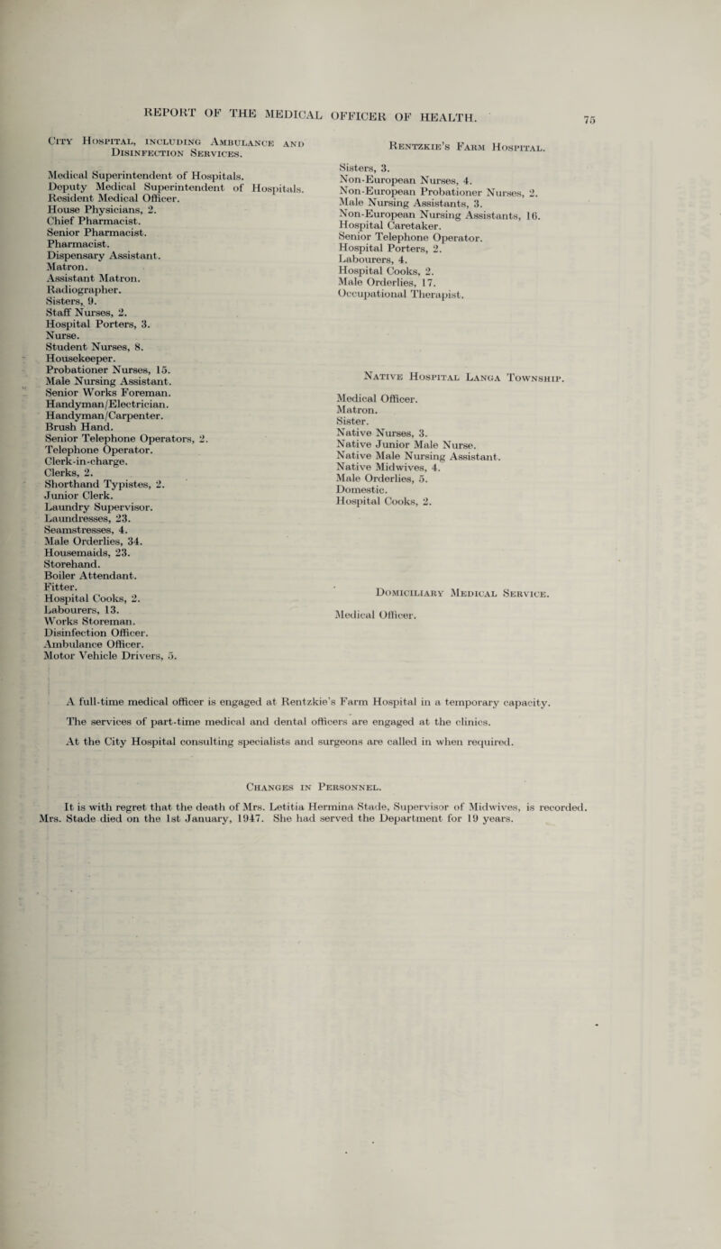 75 City Hospital, including Ambulance and Disinfection Services. Medical Superintendent of Hospitals. Deputy Medical Superintendent of Hospitals. Resident Medical Officer. House Physicians, 2. Chief Pharmacist. Senior Pharmacist. Pharmacist. Dispensary Assistant . Matron. Assistant Matron. Radiographer. Sisters, 9. Staff Nurses, 2. Hospital Porters, 3. Nurse. Student Nurses, 8. Housekeeper. Probationer Nurses, 15. Male Nursing Assistant. Senior Works Foreman. Handyman/Electrician. Handyman / Carpenter. Brush Hand. Senior Telephone Operators, 2. Telephone Operator. Clerk-in-charge. Clerks, 2. Shorthand Typistes, 2. Junior Clerk. Laundry Supervisor. Laundresses, 23. Seamstresses, 4. Male Orderlies, 34. Housemaids, 23. Storehand. Boiler Attendant. Fitter. Hospital Cooks, 2. Labourers, 13. Works Storeman. Disinfection Officer. Ambulance Officer. Motor Vehicle Drivers, 5. Rentzkie’s Farm Hospital. Sisters, 3. Non-European Nurses, 4. Non-European Probationer Nurses, 2. Male Nursing Assistants, 3. Non-European Nursing Assistants, 1(5. Hospital Caretaker. Senior Telephone Operator. Hospital Porters, 2. Labourers, 4. Hospital Cooks, 2. Male Orderlies, 17. Occupational Therapist. Native Hospital Langa Township. Medical Officer. Matron. Sister. Native Nurses, 3. Native Junior Male Nurse. Native Male Nursing Assistant. Native Midwives, 4. Male Orderlies, 5. Domestic. Hospital Cooks, 2. Domiciliary Medical Service. Medical Officer. A full-time medical officer is engaged at Rentzkie's Farm Hospital in a temporary capacity. The services of part-time medical and dental officers are engaged at the clinics. At the City Hospital consulting specialists and surgeons are called in when required. Changes in Personnel. It is with regret that the death of Mrs. Letitia Hermina Stade, Supervisor of Midwives, is recorded. Mrs. Stade died on the 1st January, 1947. She had served the Department for 19 years.