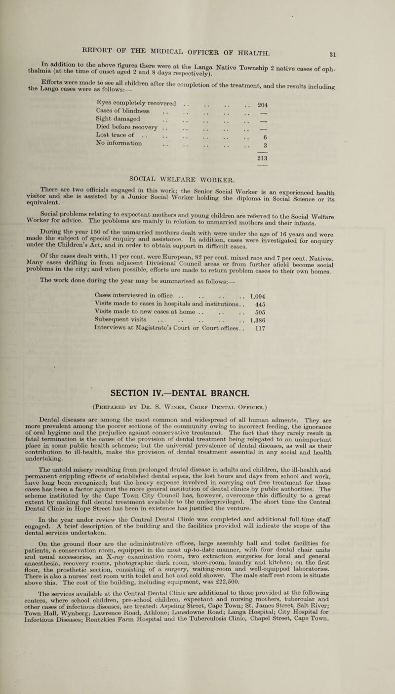 gfi? STS I6” £££& “P 2 —~ ^ OP-- the La^ga c™rZfast°foTow^ildren *he 0omPls>ti» °f th« treatment, and the results including Eyes completely recovered Cases of blindness Sight damaged Died before recovery . . Lost trace of No information 204 SOCIAL WELFARE WORKER. There are two officials engaged in this work; the Senior Social Worker is an experienced health visitor and she is assisted by a Junior Social Worker holding the diploma in Social Science or its equivalent. Social problems relating to expectant mothers and young children are referred to the Social Welfare Worker for advice. The problems are mainly in relation to unmarried mothers and their infants. During the year 150 of the unmarried mothers dealt with were under the age of 16 years and were made the subject of special enquiry and assistance. In addition, cases were investigated for enquiry under the Children’s Act, and in order to obtain support in difficult cases. Of the cases dealt with, 11 per cent, were European, 82 per cent, mixed race and 7 per cent. Natives. Many cases drifting in from adjacent Divisional Council areas or from further afield become social problems in the city; and when possible, efforts are made to return problem cases to their own homes. The work done during the year may be summarised as follows:— Cases interviewed in office . . .. . . .. 1,094 Visits made to cases in hospitals and institutions.. 445 Visits made to new cases at home .. .. . . 505 Subsequent visits . . .. .. .. .. 1,386 Interviews at Magistrate’s Court or Court offices. . 117 SECTION IV.—DENTAL BRANCH. (Prepared by Dr. S. Winer, Chief Dental Officer.) Dental diseases are among the most common and widespread of all human ailments. They are more prevalent among the poorer sections of the community owing to incorrect feeding, the ignorance of oral hygiene and the prejudice against conservative treatment. The fact that they rarely result in fatal termination is the cause of the provision of dental treatment being relegated to an unimportant place in some public health schemes; but the universal prevalence of dental diseases, as well as their contribution to ill-health, make the provision of dental treatment essential in any social and health undertaking. The untold misery resulting from prolonged dental disease in adults and children, the ill-health and permanent crippling effects of established dental sepsis, the lost hours and days from school and work, have long been recognized; but the heavy expense involved in carrying out free treatment for these cases has been a factor against the more general institution of dental clinics by public authorities. The scheme instituted by the Cape Town City Council has, however, overcome this difficulty to a great extent by making full dental treatment available to the underprivileged. The short time the Central Dental Clinic in Hope Street has been in existence has justified the venture. In the year under review the Central Dental Clinic was completed and additional full-time staff engaged. A brief description of the building and the facilities provided will indicate the scope of the dental services undertaken. On the ground floor are the administrative offices, large assembly hall and toilet facilities for patients, a conservation room, equipped in the most up-to-date manner, with four dental chair units and usual accessories, an X-ray examination room, two extraction surgeries for local and general anaesthesia, recovery rooms, photographic dark room, store-room, laundry and kitchen; on the first floor, the prosthetic section, consisting of a surgery, waiting-room and well-equipped laboratories. There is also a nurses’ rest room with toilet and hot and cold shower. The male staff rest room is situate above this. The cost of the building, including equipment, was £22,500. The services available at the Central Dental Clinic are additional to those provided at the following centres, where school children, pre-school children, expectant and nursing mothers, tubercular and other cases of infectious diseases, are treated: Aspeling Street, Cape Town; St. James Street, Salt River; Town Hall, Wynberg; Lawrence Road, Athlone; Lansdowne Road; Langa Hospital; City Hospital for Infectious Diseases; Rentzkies Farm Hospital and the Tuberculosis Clinic, Chapel Street, Cape Town.