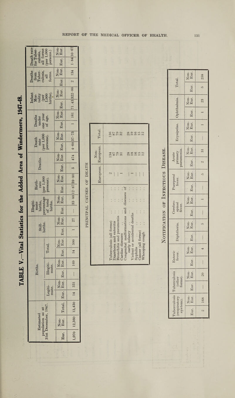 TABLE V.—Vital Statistics for the Added Area of Windermere, 1947-48. g ® DO 6 Non- Eur. 10-67 <D tH O ^ Qc2 03 , © Eur. 2 d C « 5 S ® -55 03 2^-2 32 134 Eur. Non- Eur. 322-00 Eur. 71.43 2 u ^ -g S ® © JM 161 ® 5 ® Q 3 c Eur. Non- Eur. 37-73 Eur. 4-60 Non- Eur. 474 C$ © , c rC ® C . —- 2 Non- Eur. 39-80 ■ ijs » w ® © 3 Ph Eur. 12-87 © • 60-- p ® 2 ^ 5 ® Non- Eur. 33-80 op C3 -p m t  ® g.h 8 .b t-H © O Oh Eur. 1 • 32 53 X Non- Eur. I> (N y t 3 H *3 Non- Eur. 500 o H Eur. i as Illegiti¬ mate. Non- Eur. 169 u w Eur. 1 ’-3 © 3 jj ° 3 331 bC c6 © d p 3 Eur. Tf jtimated lation as at scember, 1947. Total. 13,430 Non- Eur. 12,360 E3 2 or o -p A cg CO o r-