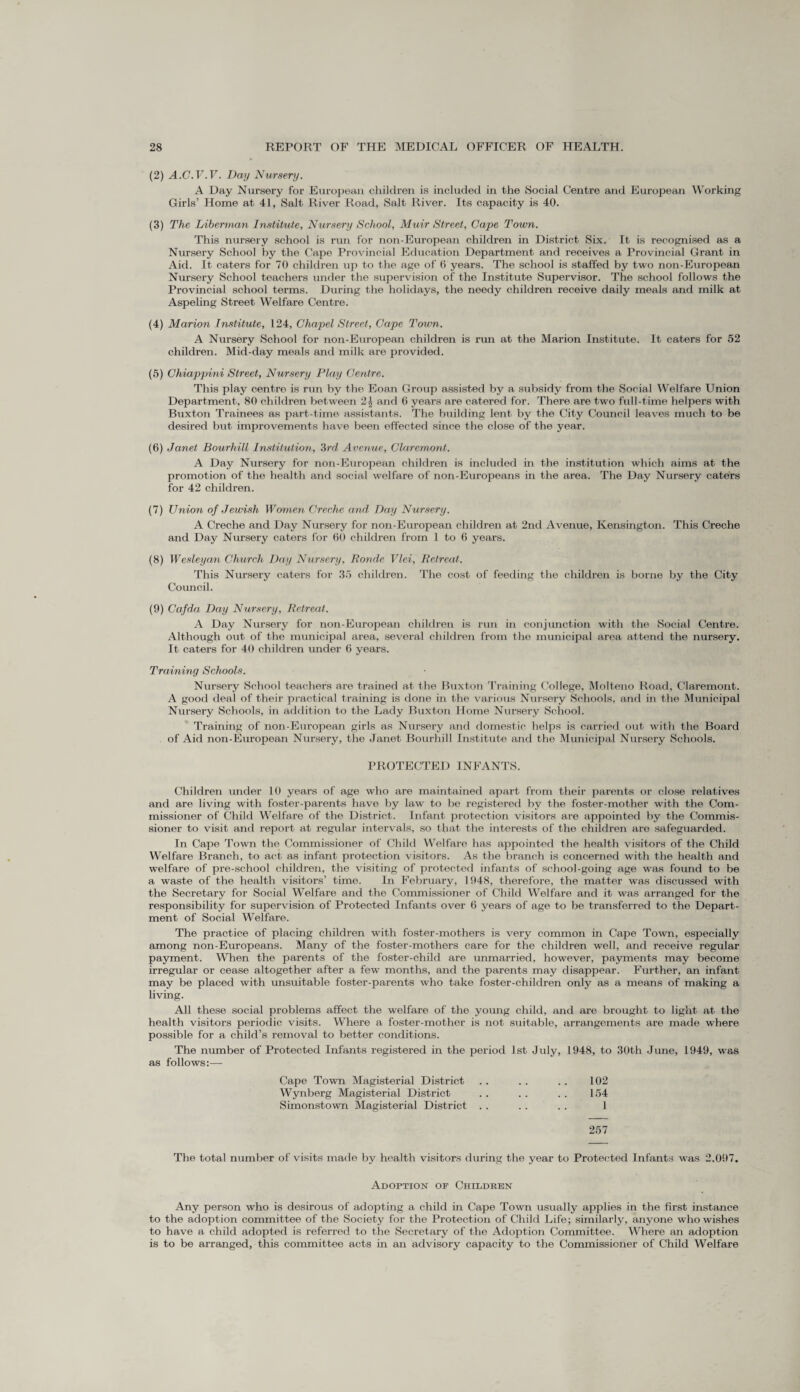 (2) A.C.V.V. Day Nursery. A Day Nursery for European children is included in the Social Centre and European Working Girls’ Home at 41, Salt River Road, Salt River. Its capacity is 40. (3) The Liberman Institute, Nursery School, Muir Street, Gape Town. This nursery school is run for non-European children in District Six. It is recognised as a Nursery School by the Cape Provincial Education Department and receives a Provincial Grant in Aid. It caters for 70 children up to the age of (5 years. The school is staffed by two non-European Nursery School teachers under the supervision of the Institute Supervisor. The school follows the Provincial school terms. During the holidays, the needy children receive daily meals and milk at Aspeling Street Welfare Centre. (4) Marion Institute, 124, Chapel Street, Gape Town. A Nursery School for non-European children is run at the Marion Institute. It caters for 52 children. Mid-day meals and milk are provided. (5) Ghiappini Street, Nursery Play Centre. This play centre is run by the Eoan Group assisted by a subsidy from the Social Welfare Union Department, 80 children between 21 and 6 years are catered for. There are two full-time helpers with Buxton Trainees as part-time assistants. The building lent by the City Council leaves much to be desired but improvements have been effected since the close of the year. (6) Janet Bourhill Institution, 3rd Avenue, Claremont. A Day Nursery for non-European children is included in the institution which aims at the promotion of the health and social welfare of non-Europeans in the area. The Day Nursery caters for 42 children. (7) Union of Jewish Women Creche and Day Nursery. A Creche and Day Nursery for non-European children at 2nd Avenue, Kensington. This Creche and Day Nursery caters for 60 children from 1 to 6 years. (8) Wesleyan Church Day Nursery, Ronde Vlei, Retreat. This Nursery caters for 35 children. The cost of feeding the children is borne by the City Council. (9) Cafda Day Nursery, Retreat. A Day Nursery for non-European children is run in conjunction with the Social Centre. Although out of the municipal area, several children from the municipal area attend the nursery. It caters for 40 children under 6 years. Training Schools. Nursery School teachers are trained at the Buxton Training College, Molteno Road, Claremont. A good deal of their practical training is done in the various Nursery Schools, and in the Municipal Nursery Schools, in addition to the Lady Buxton Home Nursery School. Training of non-European girls as Nursery and domestic helps is carried out with the Board of Aid non-European Nursery, the Janet Bourhill Institute and the Municipal Nursery Schools. PROTECTED INFANTS. Children imder 10 years of age who are maintained apart from their parents or close relatives and are living with foster-parents have by law to be registered by the foster-mother with the Com¬ missioner of Child Welfare of the District. Infant protection visitors are appointed by the Commis¬ sioner to visit and report at regular intervals, so that the interests of the children are safeguarded. In Cape Town the Commissioner of Child Welfare has appointed the health visitors of the Child Welfare Branch, to act as infant protection visitors. As the branch is concerned with the health and welfare of pre-school children, the visiting of protected infants of school-going age was found to be a waste of the health visitors’ time. In February, 1948, therefore, the matter was discussed with the Secretary for Social Welfare and the Commissioner of Child Welfare and it was arranged for the responsibility for supervision of Protected Infants over 6 years of age to be transferred to the Depart¬ ment of Social Welfare. The practice of placing children with foster-mothers is very common in Cape Town, especially among non-Europeans. Many of the foster-mothers care for the children well, and receive regular payment. When the parents of the foster-child are unmarried, however, payments may become irregular or cease altogether after a few months, and the parents may disappear. Further, an infant may be placed with unsuitable foster-parents who take foster-children only as a means of making a living. All these social problems affect the welfare of the young child, and are brought to light at the health visitors periodic visits. Where a foster-mother is not suitable, arrangements are made where possible for a child’s removal to better conditions. The number of Protected Infants registered in the period 1st July, 1948, to 30th June, 1949, was as follows:— Cape Town Magisterial District . . .. . . 102 Wynberg Magisterial District . . .. . . 154 Simonstown Magisterial District . . . . . . 1 257 The total number of visits made by health visitors during the year to Protected Infants was 2.097. Adoption of Children Any person who is desirous of adopting a child in Cape Town usually applies in the first instance to the adoption committee of the Society for the Protection of Child Life; similarly, anyone who wishes to have a child adopted is referred to the Secretary of the Adoption Committee. Where an adoption is to be arranged, this committee acts in an advisory capacity to the Commissioner of Child Welfare